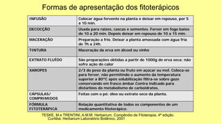 INFUSÃO Colocar água fervente na planta e deixar em repouso, por 5
a 10 min.
DECOCÇÃO Usada para raízes, cascas e sementes. Ferver em fogo baixo
de 10 a 20 min. Depois deixar em repouso de 10 a 15 min.
MACERAÇÃO Preparação a frio. Deixar a planta amassada com água fria
de 7h a 24h.
TINTURA Maceração da erva em álcool ou vinho
EXTRATO FLUÍDO São preparações obtidas a partir de 1000g de erva seca; não
sofre ação do calor
XAROPES 2/3 do peso da planta ou fruto em açúcar ou mel. Coloca-se
para ferver, não permitindo o aumento da temperatura
superior a 80ºC após solubilização filtra-se sobre gaze
conservando em frasco âmbar.Contra indicado para
distúrbios do metabolismo de carboidratos.
CÁPSULAS/
COMPRIMIDOS
Feitas com o pó; óleo ou extrato seco da planta.
FÓRMULA
FITOTERÁPICA
Relação quantitativa de todos os componentes de um
medicamento fitoterápico.
TESKE, M.e TRENTINI, A.M.M. Herbarium. Compêndio de Fitoterapia, 4ª edição.
Curitiba: Herbarium Laboratório Botânico, 2001
Formas de apresentação dos fitoterápicos
 