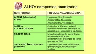 ALHO: compostos enxofrados
COMPOSTOS POSSIVEL AÇÃO BIOLÓGICA
AJOENO (alhocisteína)
ALIINA
Hipotensor, hipoglicemiante
Antitrombótica, fibrinolítica
Antiinflamatório, vasodilatador
ALIICINA
ALILMERCAPTANO
Antibiótico, antifungico, antiviral,
hipocolesterolemiante, prevenção da
aterosclerose, antitumoral e hipotensor
SULFETO DIALIL hipocolesterolemiante, aumento das
enzimas destoxificantes,
anticancerígeno, prevenção de danos
químicos ao DNA
S-ALIL-CISTEÍNA e compostos
glutâmicos
Hipocolesterolemiante, antioxidante,
quimioproteção, favorece a ação
hepática
 