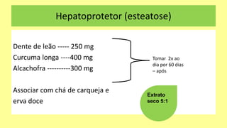 Hepatoprotetor (esteatose)
Dente de leão ----- 250 mg
Curcuma longa ----400 mg
Alcachofra ----------300 mg
Associar com chá de carqueja e
erva doce
Tomar 2x ao
dia por 60 dias
– após
Extrato
seco 5:1
 