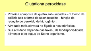 Glutationa peroxidase
• Proteína composta de quatro sub-unidades – 1 átomo de
selênio sob a forma de selenocisteina - função de
redução do peróxido de hidrogênio.
• Atividade mais elevada no fígado e nos eritrócitos.
• Sua atividade depende das taxas , da biodisponibilidade
alimentar e do status do Se no organismo.
 