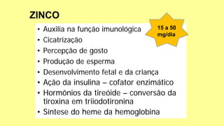 • Auxilia na função imunológica
• Cicatrização
• Percepção de gosto
• Produção de esperma
• Desenvolvimento fetal e da criança
• Ação da insulina – cofator enzimático
• Hormônios da tireóide – conversão da
tiroxina em triiodotironina
• Síntese do heme da hemoglobina
15 a 50
mg/dia
 