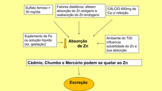 Excreção
Sulfato ferroso >
30 mg/dia
Fatores dietéticos: afetam
absorção do Zn exógeno e
reabsorção do Zn endógeno
CÁLCIO 600mg de
Ca c/ refeição
Suplemento de Fe
ou solução líquida
(ex. gestação)
Absorção
de Zn
Ambiente do TGI:
influencia
solubilidade do Zn e
sua absorção
Cádmio, Chumbo e Mercúrio podem se quelar ao Zn
 