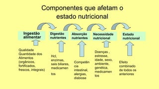 Componentes que afetam o
estado nutricional
Ingestão
alimentar
Digestão
nutrientes
Absorção
nutrientes
Necessidade
nutricional
Estado
nutricional
Qualidade
Quantidade dos
Alimentos
(orgânicos,
fortificados,
frescos, integrais)
Hcl,
enzimas,
sais biliares,
medicamen
tos
Competên
cia
intestinal,
alergias,
disbiose
Doenças ,
estresse,
idade, sexo,
ambiente,
genética,
medicamen
tos
Efeito
combinado
de todos os
anteriores
 