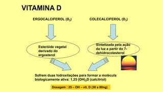ERGOCALCIFEROL (D2) COLECALCIFEROL (D3)
Esteróide vegetal
derivado do
ergosterol
Sintetizada pela ação
da luz a partir do 7-
dehidrocolesterol
Sofrem duas hidroxilações para formar a molécula
biologicamente ativa: 1,25 (OH)2D (calcitriol)
Dosagem : 25 – OH – vit. D (30 a 80ng)
 