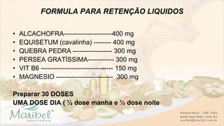 FORMULA PARA RETENÇÃO LIQUIDOS
• ALCACHOFRA----------------------400 mg
• EQUISETUM (cavalinha) -------- 400 mg
• QUEBRA PEDRA ------------------ 300 mg
• PERSEA GRATÍSSIMA------------ 300 mg
• VIT B6 --------------------------------- 150 mg
• MAGNESIO -------------------------- 300 mg
Preparar 30 DOSES
UMA DOSE DIA ( ½ dose manha e ½ dose noite
 