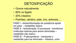 • Ocorre naturalmente
• 60% no figado
• 20% intestino
• Pulmões, cérebro, pele, rins, adrenais ...
DETOXIFICAÇÃO
FASE I – biotransformação da substância apolar
em polar - metabólito reativo
FASE II – bioinativação 12 processos - transforma
moléculas reativas para serem eliminadas –
metabólito não reativo
FASE III – P-glicoproteina – transporta o
metabólito para ser eliminado – intestino, urina
 