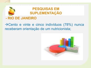 PESQUISAS EM
SUPLEMENTAÇÃO
- RIO DE JANEIRO
Cento e vinte e cinco indivíduos (78%) nunca
receberam orientação de um nutricionista;
 