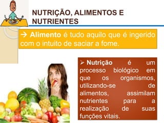 NUTRIÇÃO, ALIMENTOS E
NUTRIENTES
 Alimento é tudo aquilo que é ingerido
com o intuito de saciar a fome.
 Nutrição é um
processo biológico em
que os organismos,
utilizando-se de
alimentos, assimilam
nutrientes para a
realização de suas
funções vitais.
 