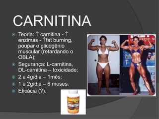 CARNITINA
 Teoria: carnitina -
  enzimas - fat burning,
  poupar o glicogênio
  muscular (retardando o
  OBLA);
 Segurança: L-carnitina,
  DL-carnitina – toxicidade;
 2 a 4g/dia – 1mês;
 1 a 2g/dia – 6 meses.
 Eficácia (?).
 