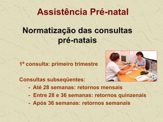 Assistência Pré-natal
Normatização das consultas
pré-natais
1ª consulta: primeiro trimestre
Consultas subseqüentes:
- Até 28 semanas: retornos mensais
- Entre 28 e 36 semanas: retornos quinzenais
- Após 36 semanas: retornos semanais
 