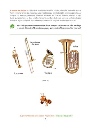 Suplemento do(a) aluno(a) do Projeto Guri Iniciação musical 2
99
A família dos metais se compõe de quatro instrumentos: trompa, trompete, trombone e tuba.
Assim como na família das madeiras, cada membro dessa família também tem mais parentes. As
trompas, por exemplo, podem ter diferentes afinações, em Fá e em Si bemol, além da trompa
dupla, que pode fazer as duas funções. Para entender bem tudo isso, somente conhecendo pes-
soalmente algum trompista. Você terá tempo para isso ao longo de seus estudos musicais.
5 	
Você sabia que, se desfizermos as voltas de um trompete e esticarmos seu tubo, ele chega-
rá a medir dois metros? E uma trompa, quase quatro metros? Isso mesmo. Não é incrível?
Figura 12.7
 