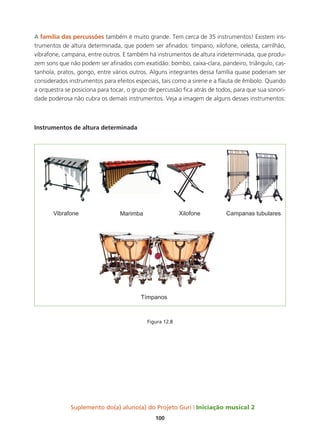 Suplemento do(a) aluno(a) do Projeto Guri Iniciação musical 2
100
A família das percussões também é muito grande. Tem cerca de 35 instrumentos! Existem ins-
trumentos de altura determinada, que podem ser afinados: tímpano, xilofone, celesta, carrilhão,
vibrafone, campana, entre outros. E também há instrumentos de altura indeterminada, que produ-
zem sons que não podem ser afinados com exatidão: bombo, caixa-clara, pandeiro, triângulo, cas-
tanhola, pratos, gongo, entre vários outros. Alguns integrantes dessa família quase poderiam ser
considerados instrumentos para efeitos especiais, tais como a sirene e a flauta de êmbolo. Quando
a orquestra se posiciona para tocar, o grupo de percussão fica atrás de todos, para que sua sonori-
dade poderosa não cubra os demais instrumentos. Veja a imagem de alguns desses instrumentos:
Instrumentos de altura determinada
Figura 12.8
 