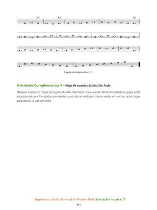 Suplemento do(a) aluno(a) do Projeto Guri Iniciação musical 2
111
Figura complementar 3.1
Atividade Complementar 4 – Mapa de assentos da Sala São Paulo
Observe a seguir o mapa de lugares da Sala São Paulo. Caso ainda não tenha estado lá, peça ao(à)
educador(a) para lhe ajudar a entender quais são as vantagens de se sentar em um ou outro lugar
para assistir a um concerto.
 