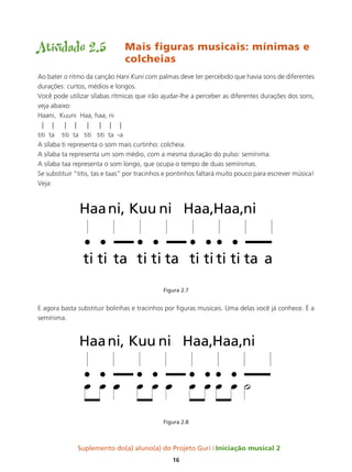 Suplemento do(a) aluno(a) do Projeto Guri Iniciação musical 2
16
Atividade 2.5	 Mais figuras musicais: mínimas e 	
				colcheias
Ao bater o ritmo da canção Hani Kuni com palmas deve ter percebido que havia sons de diferentes
durações: curtos, médios e longos.
Você pode utilizar sílabas rítmicas que irão ajudar-lhe a perceber as diferentes durações dos sons,
veja abaixo:
Haani, Kuuni Haa, haa, ni
| | | | | | | |
titi ta titi ta titi titi ta -a
A sílaba ti representa o som mais curtinho: colcheia.
A sílaba ta representa um som médio, com a mesma duração do pulso: semínima.
A sílaba taa representa o som longo, que ocupa o tempo de duas semínimas.
Se substituir “titis, tas e taas” por tracinhos e pontinhos faltará muito pouco para escrever música!
Veja:
Figura 2.7
E agora basta substituir bolinhas e tracinhos por figuras musicais. Uma delas você já conhece. É a
semínima.
Figura 2.8
 