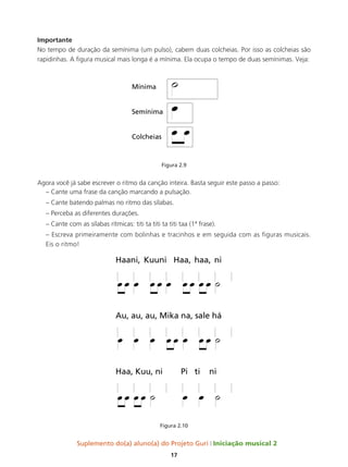 Suplemento do(a) aluno(a) do Projeto Guri Iniciação musical 2
17
Importante
No tempo de duração da semínima (um pulso), cabem duas colcheias. Por isso as colcheias são
rapidinhas. A figura musical mais longa é a mínima. Ela ocupa o tempo de duas semínimas. Veja:
Figura 2.9
Agora você já sabe escrever o ritmo da canção inteira. Basta seguir este passo a passo:
– Cante uma frase da canção marcando a pulsação.
– Cante batendo palmas no ritmo das sílabas.
– Perceba as diferentes durações.
– Cante com as sílabas rítmicas: titi ta titi ta titi taa (1ª frase).
– Escreva primeiramente com bolinhas e tracinhos e em seguida com as figuras musicais.
Eis o ritmo!
Figura 2.10
Mínima
Semínima
Colcheias
 