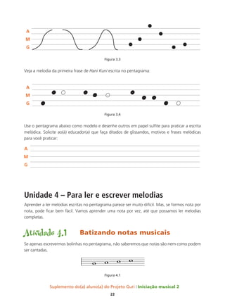 Suplemento do(a) aluno(a) do Projeto Guri Iniciação musical 2
22
Figura 3.3
Veja a melodia da primeira frase de Hani Kuni escrita no pentagrama:
Figura 3.4
Use o pentagrama abaixo como modelo e desenhe outros em papel sulfite para praticar a escrita
melódica. Solicite ao(à) educador(a) que faça ditados de glissandos, motivos e frases melódicas
para você praticar:
Unidade 4 – Para ler e escrever melodias
Aprender a ler melodias escritas no pentagrama parece ser muito difícil. Mas, se formos nota por
nota, pode ficar bem fácil. Vamos aprender uma nota por vez, até que possamos ler melodias
completas.
Atividade 4.1	 Batizando notas musicais
Se apenas escrevermos bolinhas no pentagrama, não saberemos que notas são nem como podem
ser cantadas.
Figura 4.1
A
M
G
A
M
G
 