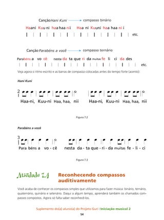 Suplemento do(a) aluno(a) do Projeto Guri Iniciação musical 2
54
Veja agora o ritmo escrito e as barras de compasso colocadas antes do tempo forte (acento):
Hani Kuni
Figura 7.2
Parabéns a você
Figura 7.3
Atividade 7.4	 Reconhecendo compassos 			
				auditivamente
Você acaba de conhecer os compassos simples que utilizamos para fazer música: binário, ternário,
quaternário, quinário e setenário. Daqui a algum tempo, aprenderá também os chamados com-
passos compostos. Agora só falta saber reconhecê-los.
compasso binário
compasso ternário
 