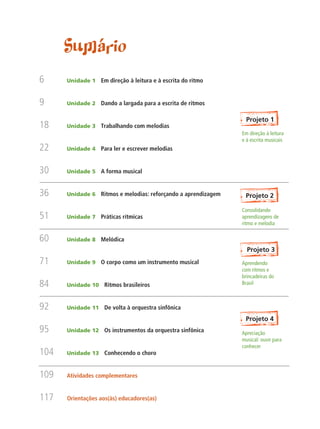 Sumário
6 	 Unidade 1 Em direção à leitura e à escrita do ritmo
9 	 Unidade 2 Dando a largada para a escrita de ritmos
18	 Unidade 3 Trabalhando com melodias
22 	 Unidade 4 Para ler e escrever melodias
30 	 Unidade 5 A forma musical
36	 Unidade 6 Ritmos e melodias: reforçando a aprendizagem
51 	 Unidade 7 Práticas rítmicas
60 	 Unidade 8 Melódica
71 	 Unidade 9 O corpo como um instrumento musical
84 	 Unidade 10 Ritmos brasileiros
92 	 Unidade 11 De volta à orquestra sinfônica
95 	 Unidade 12 Os instrumentos da orquestra sinfônica
104 	 Unidade 13 Conhecendo o choro
109	 Atividades complementares
117	 Orientações aos(às) educadores(as)
Projeto 1
Projeto 2
Projeto 3
Projeto 4
Em direção à leitura
e à escrita musicais
Consolidando
aprendizagens de
ritmo e melodia
Aprendendo
com ritmos e
brincadeiras do
Brasil
Apreciação
musical: ouvir para
conhecer
 