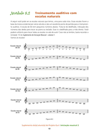 Suplemento do(a) aluno(a) do Projeto Guri Iniciação musical 2
62
Atividade 8.2	 Treinamento auditivo com 			
				escalas naturais
A seguir você pode ver as escalas naturais que temos, uma para cada nota. Essas escalas foram a
base da música ocidental por vários séculos e são um excelente ponto de partida para o treinamen-
to auditivo. A escala de Dó tem pequenos números abaixo. Trata-se do dedilhado, indicação dos
números dos dedos para tocar ao piano ou teclado. Esse é o dedilhado para a mão direita. Você
poderá utilizá-lo para tocar todas as escalas na sala de aula! Caso não se lembre, basta recordar a
Unidade 10 do Suplemento de Iniciação Musical – volume 1.
Vamos às escalas!
Figura 8.3
 
