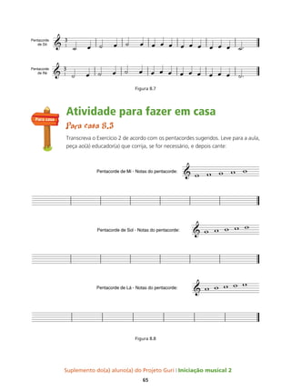 Suplemento do(a) aluno(a) do Projeto Guri Iniciação musical 2
65
Figura 8.7
Atividade para fazer em casa
Para casa 8.3
Transcreva o Exercício 2 de acordo com os pentacordes sugeridos. Leve para a aula,
peça ao(à) educador(a) que corrija, se for necessário, e depois cante:
Figura 8.8
Para casa
 