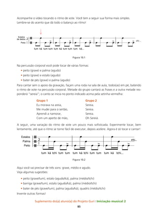 Suplemento do(a) aluno(a) do Projeto Guri Iniciação musical 2
85
Acompanhe o vídeo tocando o ritmo de xote. Você tem a seguir sua forma mais simples.
Lembre-se do acento que dá todo o balanço ao ritmo!
Figura 10.1
Na percussão corporal você pode tocar de várias formas:
• peito (grave) e palma (agudo)
• peito (grave) e estalo (agudo)
• bater de pés (grave) e palma (agudo)
Para cantar sem o apoio da gravação, façam uma roda na sala de aula, todos(as) em pé, batendo
o ritmo de xote na percussão corporal. Metade do grupo cantará as frases e a outra metade res-
ponderá “sereia”; o canto se inicia no ponto indicado acima pela setinha vermelha:
	 	 Grupo 1 		 		 Grupo 2
		Eu morava na areia,			Sereia.
		 Me mudei para o sertão,		 Sereia.
		Aprendi a namorar, 			Sereia.
		 Com um aperto de mão, 		 Oh Sereiá.
A seguir, uma variação do ritmo de xote um pouco mais sofisticada. Experimente tocar, bem
lentamente, até que o ritmo se torne fácil de executar, depois acelere. Agora é só tocar e cantar!
Figura 10.2
Aqui você vai precisar de três sons: grave, médio e agudo.
Veja algumas sugestões:
• peito (grave/tum), estalo (agudo/ká), palma (médio/tchi)
• barriga (grave/tum), estalo (agudo/ká), palma (médio/tchi)
• bater de pés (grave/tum), palma (agudo/ká), quadris (médio/tchi)
Invente outras formas!
 