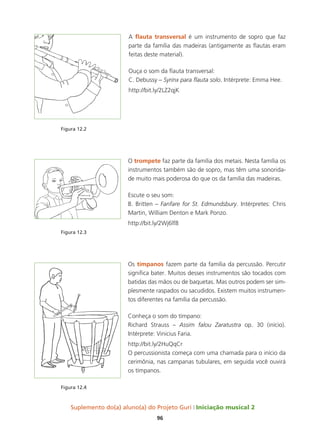 Suplemento do(a) aluno(a) do Projeto Guri Iniciação musical 2
96
A flauta transversal é um instrumento de sopro que faz
parte da família das madeiras (antigamente as flautas eram
feitas deste material).
Ouça o som da flauta transversal:
C. Debussy – Syrinx para flauta solo. Intérprete: Emma Hee.
http://bit.ly/2LZ2qjK
Figura 12.2
O trompete faz parte da família dos metais. Nesta família os
instrumentos também são de sopro, mas têm uma sonorida-
de muito mais poderosa do que os da família das madeiras.
Escute o seu som:
B. Britten – Fanfare for St. Edmundsbury. Intérpretes: Chris
Martin, William Denton e Mark Ponzo.
http://bit.ly/2Wj6lf8
Figura 12.3
Os tímpanos fazem parte da família da percussão. Percutir
significa bater. Muitos desses instrumentos são tocados com
batidas das mãos ou de baquetas. Mas outros podem ser sim-
plesmente raspados ou sacudidos. Existem muitos instrumen-
tos diferentes na família da percussão.
Conheça o som do tímpano:
Richard Strauss – Assim falou Zaratustra op. 30 (início).
Intérprete: Vinicius Faria.
http://bit.ly/2HuQqCr
O percussionista começa com uma chamada para o início da
cerimônia, nas campanas tubulares, em seguida você ouvirá
os tímpanos.
Figura 12.4
 