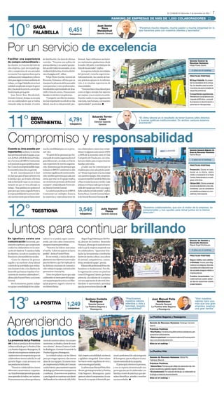 El ComERcio Miércoles, 5 de diciembre de 2012                    7
                                                                                                                                        Ranking de Empresas DE más de 1,000 colaboradores




10º
                                                                                                                    Juan Xavier
                                 saga
                                                                               6,451                                   Roca                                              “Ponemos mucho respeto, mucha pasión y mucha integridad en lo
                                                                                                                    Mendenhall                                           que hacemos para con nuestros clientes y asociados”.
                                 falabella                                      Trabajadores                       Gerente General




Por un servicio de excelencia
Facilitar una experiencia                    de distribución y las áreas de oficinas       fesional. Aquí celebramos nacimien-
                                                                                                                                                                                                                                                Gerente Central de
de compra extraordinaria a                   centrales. ”Tenemos una política de           tos, matrimonios, graduaciones, día de                                                                                                               Recursos Humanos: 	
los clientes, es el secreto del éxito de     puertas abiertas, y un canal al que pue-      la madre, del padre, o navidad para los                                                                                                              Felipe Flores Gorriti.
esta empresa, y por eso la participa-        den acceder todos los asociados, ya sea       hijos de los asociados”, explica.
ción y compromiso de sus asociados           mediante la línea ética, el correo electró-       La empresa evalúa las necesidades                                                                                                                   5 años en el ranking
es esencial. Los expertos dicen que la       nico o la página web”, refiere.               del personal y escucha sugerencias.
                                                                                                                                                                                                                                                prácticas positivas
confianza entre trabajadores y jefes es          Felipe Flores Gorritti, Gerente de        Adicionalmente, los comités de bue-
clave para lograr un buen ambiente de        Recursos Humanos, afirma que se               nas prácticas apoyan en la informa-                                                                                                                  Mi Saga Falabella. Se presen-
trabajo, y en Saga Falabella esto se hace    mantiene la valoración de los asociados       ción, y se estudian experiencias de                                                                                                                  tan los resultados de la compa-
realidad cumpliendo siempre lo que se        como personas y como profesionales,           otras entidades.                                                                                                                                     ñía, los desafíos para los próxi-
dice y haciendo lo correcto, con un pro-     brindándoles oportunidades de desa-               “Tenemos buen clima laboral pero                                                                                                                 mos años y las oportunidades de
                                                                                                                                                                                                                                                desarrollo profesional.
fundo respeto por la gente.                  rrollo y línea de carrera. Promociones        como es lógico siempre hay aspectos
                                                                                                                                                                                                                                                Compartiendo experiencias.
    Juan Xavier Roca Mendenhall,             basadas en méritos y competencias.            por mejorar y esa es nuestra vocación.
                                                                                                                                                                                                                                                Reinserta al mundo laboral a los
Gerente General, destaca la cercanía             “Compartir con ellos los momen-           Nuestro sueño es una organización
                                                                                                                                                                                                                                                mayores de 60 años, y una polí-
con sus colaboradores que se realiza         tos más importantes no sólo de su vida        más justa, más humana, con mayores                                                                                                                   tica hacia la no discriminación a
visitando todas las tiendas, el centro       laboral, sino de su vida personal y pro-      oportunidades”, puntualiza. ■                                                                                                                        personas con discapacidad.




11º
                                                                                                             Eduardo Torres-
                             BBVA                                              4,791                             Llosa
                                                                                                                                                                         “El clima laboral es el resultado de tener buenos jefes directos
                                                                                                                                                                         y buenas políticas institucionales. En ambos campos estamos
                             CONTINENTAL                                        trabajadores
                                                                                                                Director Gerente
                                                                                                                    General
                                                                                                                                                                         avanzando”.




Compromiso y responsabilidad
Cuando su área pasaba por                    mucha sensibilidad para con su perso-         sus colaboradores a tasas muy compe-
                                                                                                                                                                                                                                                Gerente General Adjunto de
importantes cambios y se necesita-           nal”, dice.                                   titivas y en algunos casos asume el 50%                                                                                                              Área de Recursos Humanos.	
ba la presencia de todo el equipo, a Lau-        “El aporte de las personas que for-       o 100% de la inversión; tiene el Club                                                                                                                Karina Bruce.
ra A. de Puch, Jefe de Reclamos Produc-      man parte de nuestra organización es el       Campestre de Chaclacayo, con insta-
                                                                                                                                                                                                                                                   2 años en el ranking
tos y Servicios del BBVA Continental,        gran diferencial y, sin duda, es el factor    laciones ideales para el esparcimiento
se le presentó un grave problema fami-       más importante de nuestra organiza-           familiar, entre otros.
                                                                                                                                                                                                                                                prácticas positivas
liar. Como le era imprescindible viajar,     ción. Queremos que las personas que                ¿Cuáles son los criterios que se
le comentó la situación a su gerente.        trabajan en BBVA Continental no sólo          emplean para crear cada práctica positi-                                                                                                             Prevención. Doctor en casa,
    Su jefe inmediatamente le dejó           se sientan orgullosas de nuestra institu-     va? “El más importante es la sinceridad                                                                                                              doctor en la oficina, centro
                                                                                                                                                                                                                                                médico empresarial en la Sede
en claro que para el banco primero era       ción; también queremos que cada uno           con nuestros equipos. Este compromi-
                                                                                                                                                                                                                                                Central, ferias de salud y oncoló-
la familia y que, por lo tanto, ella tenía   sienta que estar en el equipo implica         so nace en nuestro Comité de Dirección
                                                                                                                                                                                                                                                gicas, entre otros.
toda la libertad de viajar en ese mismo      un crecimiento personal y profesional         y fluye en todas las áreas y niveles. Cada
                                                                                                                                                                                                                                                Oficina UNO. Oficina comercial
instante sin que se viera afectado su        constante”, señala Eduardo Torres-Llo-        jefatura en el banco sabe que es respon-                                                                                                             exclusiva de atención a los cola-
trabajo. “Esas palabras me quitaron el       sa, Director Gerente General.                 sable del equipo que tiene a su cargo y                                                                                                              boradores, que se caracteriza
gran peso que venía cargando frente a            Las prácticas positivas en el BBVA        debe cuidarlos en todo sentido”, explica                                                                                                             por préstamos a tasas muy com-
la responsabilidad del momento labo-         Continental son múltiples: financia           Karina Bruce, Gerente General Adjun-                                                                                                                 petitivas y trato especial.
ral y me hizo sentir que mi banco tiene      las maestrías y especializaciones de          to de Área de Recursos Humanos. ■




12 º                           TGESTIONA                                                    3,546
                                                                                             trabajadores
                                                                                                                         Julio Voysest
                                                                                                                             Flores
                                                                                                                         Gerente General
                                                                                                                                                                              ”Nuestros colaboradores, que son el motor de la empresa, se
                                                                                                                                                                              comprometen y nos ayudan para remar juntos en la misma
                                                                                                                                                                              dirección”.




Juntos para continuar brillando
En tgestiona existe una                      radores no se podría seguir constru-               Miguel Ángel Bohórquez Del Por-
                                                                                                                                                                                                                                                Director de Gestión y
comunicación horizontal, per-                yendo, por cinco años consecutivos,           tal, director de Gestión y Desarrollo                                                                                                                Desarrollo Humano:	
manente y oportuna, que compromete           una gran empresa para trabajar.               Humano, afirma que la razón de ser en                                                                                                                Miguel Ángel Bohórquez.
a todos los colaboradores en la conse-            “Nosotros los líderes marcamos           todo lo que la empresa emprende son
cución de objetivos. Y cuando se habla       el rumbo. Y ellos son quienes lo hacen        los colaboradores. “Queremos brin-                                                                                                                      5 años en el ranking
de objetivos, no solo se considera los       posible”, destaca Voysest Flores.             darles las herramientas y envolverlos
                                                                                                                                                                                                                                                prácticas positivas
financieros, sino también los sociales.          En ese sentido, a inicios del año se      dentro de nuestra cultura, una cultura
    “Como los objetivos de generar           plantearon tres objetivos transversales       de amistad, compañerismo, camara-                                                                                                                    Seguro médico con cobertu-
orgullo y un excelente clima laboral         para los líderes y que fue explicado en       dería y sentido de equipo”, precisa.                                                                                                                 ra ilimitada. Incluso para diag-
a través de las actividades que realiza-     las distintas reuniones de comunica-              El desarrollo profesional de los cola-                                                                                                           nósticos oncológicos. Además,
mos durante el año, o los objetivos de       ción: trabajo en equipo, comunicación         boradores es fundamental. Por ello,                                                                                                                  los padres del colaborador pue-
                                                                                                                                                                                                                                                den acceder al seguro médico a
desarrollo que buscan impulsar el cre-       permanente e innovación.                      la organización cuenta con prácticas
                                                                                                                                                                                                                                                mejores precios.
cimiento de nuestros colaboradores”,              Estos tres pilares hacen que cada        como El Programa Talento, que busca
                                                                                                                                                                                                                                                Combos vacacionales. Los
afirma Julio Voysest Flores, su Gerente      colaborador se sienta parte del equipo,       potenciar a los talentos de la empresa
                                                                                                                                                                                                                                                colaboradores pueden adelan-
General.                                     con una participación activa y con liber-     con una capacitación de alto nivel, brin-                                                                                                            tar días de vacaciones cuando
    Sin el entusiasmo, pasión, trabajo       tad de proponer, sugerir e innovar en         dándoles la oportunidad y prioridad                                                                                                                  existen feriados.
en equipo y sensibilidad de los colabo-      sus labores diarias.                          para las promociones laborales. ■




13º                                                                                                 Gustavo Cerdeña                                     “Practicamos                     Juan Manuel Peña                                               “Vivir nuestros
                                                                                                       Rodríguez                                        nuestros valores                    Henderson                                                   valores hace que,
                                 LA POSITIVA                                1,249                      Gerente General                                  referidos a vida y                  Gerente General                                             más que una gran
                                                                                                     La Positiva Seguros y                              felicidad, respeto              La Positiva Vida Seguros                                        empresa, seamos
                                                                              trabajadores               Reaseguros.                                    y sensibilidad”.                     y Reaseguros                                               una gran familia”.




Aprendiendo
                                                                                                                                                                                      La Positiva Seguros y Reaseguros

                                                                                                                                                                                      Gerente de Recursos Humanos: Solange Carneiro




todos juntos
                                                                                                                                                                                      García.
                                                                                                                                                                                      Prácticas Positivas:
                                                                                                                                                                                      • Vive Positivo. Fomenta el equilibrio entre la vida laboral y per-
                                                                                                                                                                                      sonal de los colaboradores.
                                                                                                                                                                                      • Salud ocupacional. La empresa implementó buenas prácti-
La presencia de La Positiva                  través de nuestros valores, los compor-                                                                                                  cas y una cultura de prevención.
en la lista es producto del excelente        tamientos y actitudes a favor de nues-                                                                                                   Años en el ranking: 1
trabajo realizado por La Positiva Vida       tros clientes”, destaca Gustavo Cerde-
y La Positiva Seguros y Reaseguros. El       ña Rodríguez, Gerente General de La
éxito de esta empresa se sostiene prin-      Positiva Seguros y Reaseguros.                                                                                                           La Positiva Vida
cipalmente en el compromiso que sus              La entidad trabaja con los líderes        dad, respeto y sensibilidad, excelencia       sonal y profesional de cada integrante
                                                                                                                                                                                      Gerente de Recursos Humanos: María Pía
colaboradores asume cada día, lo cual        para que tengan apertura a las nuevas         y agilidad e integridad. Estos valores        de la empresa, que se refleja en el creci-
                                                                                                                                                                                      Cabrejos Mazuré.
permite llegar a más peruanos con            ideas de sus equipos. Al mismo tiem-          los hacen sentir orgullosos de vivir y        miento sostenido de la compañía.
                                                                                                                                                                                      Prácticas Positivas:
sus productos inclusivos.                    po, implementa la Política de Comuni-         crecer en esta gran familia.                      El principal criterio es la persona,
                                                                                                                                                                                      • Valores Wara. Premia a quien refleje los valores de vida, inte-
    “Nuestros colaboradores tienen           cación Interna, para mantener espacios            Lo afirma Juan Manuel Peña Hen-           y eso se expresa demostrando una
                                                                                                                                                                                      gridad, excelencia y agilidad, respeto y felicidad.
diferentes características y experien-       de dialogo que fomenten transparencia         derson, gerente general de La Positiva        preocupación por el colaborador y su
                                                                                                                                                                                      • En el aniversario. Por cada año de trabajo, al colaborador se
cia. Esta diversidad permite que poda-       y confianza. El secreto es ser positivos,     Vida Seguros y Reaseguros, quien              familia a través de prácticas que per-       le otorga un merecido reconocimiento.
mos aprender de todos y ser mejores.         y para lograrlo se construye una identi-      pone en valor el compromiso y la con-         miten identificar, atender y resolver
                                                                                                                                                                                      Años en el ranking: 3
Promovemos una cultura que alinea a          dad basada en los valores de vida, felici-    fianza de su equipo al desarrollo per-        sus necesidades . ■
 