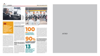 Martes, 22 de setiembre del 20156. SUPLEMENTO
AVISO ︎
30 o más años en esta actividad hemos vivi-
doyavariasépocasdepreciosbajosquelue-
go se transformaron en altos. El Perú, afor-
tunadamente, tiene importantes ventajas
comparativas gracias a sus recursos mine-
rales -cobre, oro, plata, zinc, plomo, molib-
deno y estaño- y empresas con excelentes
profesionales que, estoy seguro, ya están
diseñando y ejecutando las estrategias pa-
ra salir adelante en estas épocas difíciles.
Precisamente, en este aspecto el Encuentro
Logístico brindará a los participantes valio-
sa información acerca de las proyecciones
y estimados macro económicos, precios de
insumosycommodities.
Anivelmacroeconómico,larecetaparaac-
tivar la economía en períodos de bajos pre-
cios en metales incluye generar inversión
pública y privada en infraestructura y ser-
vicios. Dichas inversiones, particularmente
en el sistema vial, reanudarán en mejorar
la competitividad de la cadena logística
de los mineros abaratando costos de flete
y tiempo de entrega. Todos esos temas los
apreciaremos al detalle en las conferencias
y paneles de nuestro bloque de Infraestruc-
tura del Encuentro Logístico.
¿Cuánto puede afectar el fenóme-
no de El Niño a dicha actividad?
De los varios estudios publicados se des-
prende que la economía nacional podrá
reducir su crecimiento en 1 o 2 % en 2016,
y en dichos cálculos debe estar incluido al-
gún impacto en la minería. Al respecto, es
muy importante señalar que las operacio-
nes mineras se encuentran a todo lo largo y
ancho del país. Sin embargo, aún así existe
gran preocupación sobre la infraestructura
vial de transporte hacia la costa. Este tema
podremosapreciarloenvariasexposiciones
y paneles que se tendrán en el Encuentro
Logístico de PERUMIN. Por su parte, las
empresas mineras vienen trabajando en
planes de contingencia para sus operacio-
nes y apoyando a las autoridades locales y
regionalesenladescolmatacióndecauces,
defensas ribereñas y la preparación de las
carreteras.
¿Cuál será según usted el aporte de
PERUMIN - 32 Convención Minera
a sectores como la Educación y el
Trabajo?
El lema de PERUMIN – 32 Convención Mi-
nera es Educación y Trabajo. El primero de
estos, es un reto de largo plazo y uno en el
que coincide plenamente el gobierno y las
empresas. Personalmente, estoy convenci-
do que los esfuerzos por mejorar la calidad
educativa en el país permitirá una democra-
cia que se nutrirá de la exposición de ideas.
En cuanto al trabajo, eso se logra atrayendo
inversiones y es lo que el Perú ha logrado en
lasúltimasdécadas.
Por ejemplo, entre los años 2015 y 2016
veremos un importante incremento de la
producciónnacionaldecobrequeesfruto
de esas inversiones. Este hecho permiti-
rá a los economistas proyectar un mayor
crecimiento de la economía en el 2016.
El Encuentro Logístico, en su bloque de
Minería, Educación y Trabajo, mostrará
algunos casos de éxito en los que la mi-
nería ha aporta do al desarrollo del traba-
jo, asimismo se verá la importancia que la
educación tiene para el éxito futuro de la
minería.
¿Cree usted que la coyuntura po-
lítica (el año preelectoral) que vi-
vimos en el Perú puede afectar la
actividad en el rubro minero?
Como minero peruano considero que,
viviendo en un estado de derecho y en
democracia, el proceso electoral no tiene
que afectar la actividad minera sobre todo
si en este proceso se fomenta el diálogo
y la exposición de ideas. Además, con-
sidero que la minería es una de las varias
actividades económicas que permitirá al
Perú continuar desarrollando sus ventajas
comparativas en la economía global. Por
lotanto,generará beneficiosymantendrá
el creciente bienestar que su población ha
obtenidoenlosúltimos25años.PERUMIN
será,precisamente, unlugardeencuentro
deideasyoportunidadesqueestoyseguro
enriqueceráeldebateelectoral. F✦
mil personas entre
estudiantes, profesionales
e inversionistas mineros
participarán en este evento
de los proveedores de PERUMIN
corresponden a las empresas
de Arequipa y la Región Sur
100
90%
son los pabellones de países
internacionales como
Alemania, Argentina, Brasil,
Canadá, Chile, China, EE.UU,
España, Francia, Países
Nórdicos y Sudáfrica
13
PERUMIN se ha
convertido en un gran
punto de encuentro
de profesionales,
empresarios y
autoridades en donde
se comparten ideas,
experiencias y puntos
de vista
[vienede lapágina4]
El lema de PERUMIN - 32 Convención Minera es Educación y Trabajo.
De Los
Heros está
convencido
que la minería
es una de las
actividades
que permitirá
generar
desarrollo.
Foto:DenisMayhua
 