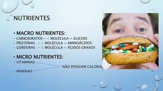 NUTRIENTES
• MACRO NUTRIENTES:
- CARBOIDRATOS - < MOLÉCULA = GLICOSE
- PROTEÍNAS - < MOLÉCULA = AMINOÁCIDOS
- GORDURAS - < MOLÉCULA = ÁCIDOS GRAXOS
• MICRO NUTRIENTES:
- VITAMINAS
NÃO POSSUEM CALORIAS
- MINERAIS
 