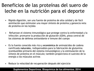 Beneficios de las proteínas del suero de 
leche en la nutrición para el deporte 
• Rápida digestión, son una fuente de proteína de alta calidad y de fácil 
asimilación que estimulan una mayor síntesis de proteína y ganancia neta 
de proteína en los tejidos 
• Refuerzan el sistema inmunológico que protege contra la enfermedad y la 
infección: promueve la producción de glutación (GSH), pieza central de 
los sistemas de defensa antioxidante e inmune del cuerpo 
• Es la fuente conocida más rica y económica de aminoácidos de cadena 
ramificada naturales, indispensables para la fabricación de glutamina 
(combustible primario del sistema inmunológico) y la estimulación de la 
síntesis de proteína en el músculo; también proporciona el sustrato de la 
energía a los músculos activos 
• Reduce la velocidad de recuperación después del ejercicio 
Suplementos Deportivos. Bioquímica de los alimentos. 2014 
 