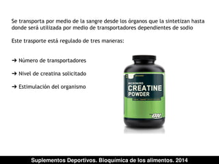 Se transporta por medio de la sangre desde los órganos que la sintetizan hasta 
donde será utilizada por medio de transportadores dependientes de sodio 
Este trasporte está regulado de tres maneras: 
➔ Número de transportadores 
➔ Nivel de creatina solicitado 
➔ Estimulación del organismo 
Suplementos Deportivos. Bioquímica de los alimentos. 2014 
 