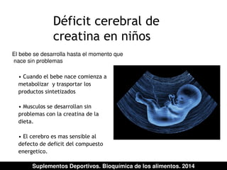 Déficit cerebral de 
creatina en niños 
El bebe se desarrolla hasta el momento que 
nace sin problemas 
• Cuando el bebe nace comienza a 
metabolizar y trasportar los 
productos sintetizados 
• Musculos se desarrollan sin 
problemas con la creatina de la 
dieta. 
• El cerebro es mas sensible al 
defecto de deficit del compuesto 
energetico. 
Suplementos Deportivos. Bioquímica de los alimentos. 2014 
 