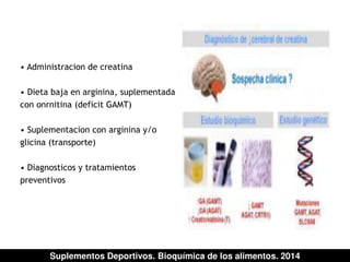 • Administracion de creatina 
• Dieta baja en arginina, suplementada 
con onrnitina (deficit GAMT) 
• Suplementacion con arginina y/o 
glicina (transporte) 
• Diagnosticos y tratamientos 
preventivos 
Suplementos Deportivos. Bioquímica de los alimentos. 2014 
 