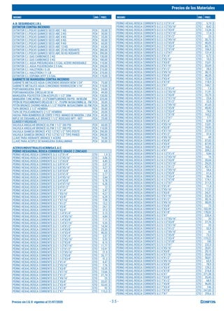Precios sin I.G.V. vigentes al 31/07/2020
Precios de los Materiales
INSUMO UND. PREC. INSUMO UND. PREC.
- 3.5 -
A.B.SEGURIDADE.I.R.L
EXTINTOR CONTRA INCENDIO
EXTINTOR C.I.POLVO QUIMICO SECO ABC 1 KG PZA 20,00 $
EXTINTOR C.I.POLVO QUIMICO SECO ABC 2 KG PZA 30,00 $
EXTINTOR C.I.POLVO QUIMICO SECO ABC 4 KG PZA 35,00 $
EXTINTOR C.I.POLVO QUIMICO SECO ABC 6 KG PZA 50,00 $
EXTINTOR C.I.POLVO QUIMICO SECO ABC 9 KG PZA 60,00 $
EXTINTOR C.I.POLVO QUIMICO SECO ABC 12 KG PZA 65,00 $
EXTINTOR C.I.POLVO QUIMICO SECO ABC 25 KG RODANTE PZA 280,00 $
EXTINTOR C.I.POLVO QUIMICO SECO ABC 50 KG RODANTE PZA 390,00 $
EXTINTOR C.I .GAS CARBONICO 2 KG PZA 130,00 $
EXTINTOR C.I .GAS CARBONICO 5 KG PZA 180,00 $
EXTINTOR C.I. AGUA PRESURIZADA 2.5 GAL ACERO INOXIDABLE PZA 110,00 $
EXTINTOR C.I. AGUA PULVERIZADA 2.5 GAL PZA 250,00 $
EXTINTOR C.I. HALOTRON I 5 LB PZA 210,00 $
EXTINTOR C.I. HALOTRON I 11 LB PZA 270,00 $
EXTINTOR C.I. ESPUMA AFFF 2.5 GAL PZA 170,00 $
GABINETE DE MANGUERA CONTRA INCENDIO
GABINETE METALICO AGUA C/INCENDIO 80X60X18CM 1/24" PZA 75,00 $
GABINETE METALICO AGUA C/INCENDIO 90X80X22CM 1/16" PZA 110,00 $
PORTAMANGUERA 30 M PZA 24,00 $
PORTAMANGUERA CIRCULAR 30 M PZA 49,00 $
MANGUERA POLYESTER CON ACOPLES 1 1/2" 30M PZA 130,00 $
MANGUERA C-INC.NITRILO 21/2"X30MTS.BRONCE250PSI.-M/5ELEM PZA 225,00 $
PITÓNDEPOLICARBONATO(ROJO)DE1½”-75GPM M/GIACOMINI,UL-FM PZA 30,00 $
PITÓN BRONCE CHORRO-NIEBLA 1.1/2"-95GPM M/GIACOMINI UL-FM PZA 50,00 $
TAPA BRONCE 2 1/2" HEMBRA PZA 30,00 $
TAPA DE POLICARBONATO 2 1/2" HEMBRA PZA 20,00 $
HACHA PARA BOMBEROS DE CORTE Y PICO MANGO DE MADERA  / USA PZA 45,00 $
NIPLE DE ENSAMBLAJE BRONCE 1 1/2" ROSCADO NPT - NST PZA 29,00 $
LLAVES Y VÁLVULAS
VALVULA ANGULAR BRONCE UL/FM 1 1/2" 300 PSI PZA 60,00 $
VALVULA ANGULAR BRONCE UL/FM 2 1/2" 300 PSI PZA 110,00 $
VALVULA SIAMESA BRONCE 4"X2 1/2"X2 1/2" TIPO POSTE PZA 290,00 $
VALVULA SIAMESA BRONCE 4"X2 1/2"X2 1/2" TIPO PARED PZA 290,00 $
LLAVE PARA HIDRANTE BRONCE Y ACERO PZA 70,00 $
LLAVE PARA ACOPLE DE MANGUERA DURALUMINIO PZA 30,00 $
ACEROSINDUSTRIALESACRIMSAS.A.C
PERNO HEXAGONAL ROSCA CORRIENTE GRADO 2 ZINCADO
PERNO HEXAG.ROSCA CORRIENTE G-2 1/2"X1/4" CTO 1,9 $
PERNO HEXAG.ROSCA CORRIENTE G-2 1/2"X5/16" CTO 3,06 $
PERNO HEXAG.ROSCA CORRIENTE G-2 1/2"X3/8" CTO 4,45 $
PERNO HEXAG.ROSCA CORRIENTE G-2 5/8"X1/4" CTO 2,07 $
PERNO HEXAG.ROSCA CORRIENTE G-2 5/8"X5/16" CTO 3,27 $
PERNO HEXAG.ROSCA CORRIENTE G-2 5/8"X3/8" CTO 4,8 $
PERNO HEXAG.ROSCA CORRIENTE G-2 3/4"X1/4" CTO 2,17 $
PERNO HEXAG.ROSCA CORRIENTE G-2 3/4"X5/16" CTO 3,64 $
PERNO HEXAG.ROSCA CORRIENTE G-2 3/4"X3/8" CTO 5,78 $
PERNO HEXAG.ROSCA CORRIENTE G-2 3/4"X7/16" CTO 6,28 $
PERNO HEXAG.ROSCA CORRIENTE G-2 3/4"X1/2" CTO 12 $
PERNO HEXAG.ROSCA CORRIENTE G-2 1"X1/4" CTO 2,47 $
PERNO HEXAG.ROSCA CORRIENTE G-2 1"X5/16" CTO 4,27 $
PERNO HEXAG.ROSCA CORRIENTE G-2 1"X3/8" CTO 6,29 $
PERNO HEXAG.ROSCA CORRIENTE G-2 1"X7/16" CTO 7,99 $
PERNO HEXAG.ROSCA CORRIENTE G-2 1"X1/2" CTO 13,2 $
PERNO HEXAG.ROSCA CORRIENTE G-2 1"X5/8" CTO 24,1 $
PERNO HEXAG.ROSCA CORRIENTE G-2 1"X3/4" CTO 37,5 $
PERNO HEXAG.ROSCA CORRIENTE G-2 1.1/4"X1/4" CTO 3,13 $
PERNO HEXAG.ROSCA CORRIENTE G-2 1.1/4"X5/16" CTO 4,84 $
PERNO HEXAG.ROSCA CORRIENTE G-2 1.1/4"X3/8" CTO 7,11 $
PERNO HEXAG.ROSCA CORRIENTE G-2 1.1/4"X7/16" CTO 9,35 $
PERNO HEXAG.ROSCA CORRIENTE G-2 1.1/4"X1/2" CTO 14,54 $
PERNO HEXAG.ROSCA CORRIENTE G-2 1.1/4"X5/8" CTO 25,55 $
PERNO HEXAG.ROSCA CORRIENTE G-2 1.1/4"X3/4" CTO 40,55 $
PERNO HEXAG.ROSCA CORRIENTE G-2 1.1/2"X1/4" CTO 3,57 $
PERNO HEXAG.ROSCA CORRIENTE G-2 1.1/2"X5/16" CTO 5,55 $
PERNO HEXAG.ROSCA CORRIENTE G-2 1.1/2"X3/8" CTO 8,15 $
PERNO HEXAG.ROSCA CORRIENTE G-2 1.1/2"X7/16" CTO 11,71 $
PERNO HEXAG.ROSCA CORRIENTE G-2 1 1/2"X1/2" CTO 15,91 $
PERNO HEXAG.ROSCA CORRIENTE G-2 1.1/2"X9/16" CTO 21,9 $
PERNO HEXAG.ROSCA CORRIENTE G-2 1.1/2"X5/8" CTO 26,17 $
PERNO HEXAG.ROSCA CORRIENTE G-2 1.1/2"X3/4" CTO 51,3 $
PERNO HEXAG.ROSCA CORRIENTE G-2 2"X1/4" CTO 4,47 $
PERNO HEXAG.ROSCA CORRIENTE G-2 2"X5/16" CTO 7,76 $
PERNO HEXAG.ROSCA CORRIENTE G-2 2"X3/8" CTO 10,35 $
PERNO HEXAG.ROSCA CORRIENTE G-2 2"X7/16" CTO 13,66 $
PERNO HEXAG.ROSCA CORRIENTE G-2 2"X1/2" CTO 21,74 $
PERNO HEXAG.ROSCA CORRIENTE G-2 2"X9/16" CTO 25 $
PERNO HEXAG.ROSCA CORRIENTE G-2 2"X5/8" CTO 33,01 $
PERNO HEXAG.ROSCA CORRIENTE G-2 2"X3/4" CTO 52,65 $
PERNO HEXAG.ROSCA CORRIENTE G-2 2"X7/8" CTO 92 $
PERNO HEXAG.ROSCA CORRIENTE G-2 2"X1" CTO 115,3 $
PERNO HEXAG.ROSCA CORRIENTE G-2 2.1/2"X1/4" CTO 5,19 $
PERNO HEXAG.ROSCA CORRIENTE G-2 2.1/2"X5/16" CTO 8,42 $
PERNO HEXAG.ROSCA CORRIENTE G-2 2.1/2"X3/8" CTO 13,26 $
PERNO HEXAG.ROSCA CORRIENTE G-2 2.1/2"X7/16" CTO 17,4 $
PERNO HEXAG.ROSCA CORRIENTE G-2 2.1/2"X1/2" CTO 23 $
PERNO HEXAG.ROSCA CORRIENTE G-2 2.1/2"X9/16" CTO 30,75 $
PERNO HEXAG.ROSCA CORRIENTE G-2 2.1/2"X5/8" CTO 40,05 $
PERNO HEXAG.ROSCA CORRIENTE G-2 2.1/2"X3/4" CTO 60,75 $
PERNO HEXAG.ROSCA CORRIENTE G-2 2.1/2"X7/8" CTO 106,9 $
PERNO HEXAG.ROSCA CORRIENTE G-2 2.1/2"X1" CTO 131,4 $
PERNO HEXAG.ROSCA CORRIENTE G-2 3"X1/4" CTO 6,72 $
PERNO HEXAG.ROSCA CORRIENTE G-2 3"X5/16" CTO 10,5 $
PERNO HEXAG.ROSCA CORRIENTE G-2 3"X3/8" CTO 15,01 $
PERNO HEXAG.ROSCA CORRIENTE G-2 3"X7/16" CTO 20,69 $
PERNO HEXAG.ROSCA CORRIENTE G-2 3"X1/2" CTO 28,5 $
PERNO HEXAG.ROSCA CORRIENTE G-2 3"X9/16" CTO 38,15 $
PERNO HEXAG.ROSCA CORRIENTE G-2 3"X5/8" CTO 46,35 $
PERNO HEXAG.ROSCA CORRIENTE G-2 3"X3/4" CTO 72,55 $
PERNO HEXAG.ROSCA CORRIENTE G-2 3"X7/8" CTO 118,9 $
PERNO HEXAG.ROSCA CORRIENTE G-2 3"X1" CTO 144,7 $
PERNO HEXAG.ROSCA CORRIENTE G-2 3.1/2"X1/4" CTO 7,5 $
PERNO HEXAG.ROSCA CORRIENTE G-2 3.1/2"X5/16" CTO 11,91 $
PERNO HEXAG.ROSCA CORRIENTE G-2 3.1/2"X3/8" CTO 16,75 $
PERNO HEXAG.ROSCA CORRIENTE G-2 3.1/2"X7/16" CTO 23,6 $
PERNO HEXAG.ROSCA CORRIENTE G-2 3.1/2"X1/2" CTO 32,5 $
PERNO HEXAG.ROSCA CORRIENTE G-2 3.1/2"X9/16" CTO 41,65 $
PERNO HEXAG.ROSCA CORRIENTE G-2 3.1/2"X5/8" CTO 49,43 $
PERNO HEXAG.ROSCA CORRIENTE G-2 3.1/2"X3/4" CTO 74,6 $
PERNO HEXAG.ROSCA CORRIENTE G-2 3.1/2"X7/8" CTO 163,2 $
PERNO HEXAG.ROSCA CORRIENTE G-2 3.1/2"X1" CTO 177 $
PERNO HEXAG.ROSCA CORRIENTE G-2 4"X1/4" CTO 8,99 $
PERNO HEXAG.ROSCA CORRIENTE G-2 4"X5/16" CTO 13,81 $
PERNO HEXAG.ROSCA CORRIENTE G-2 4"X3/8" CTO 19,95 $
PERNO HEXAG.ROSCA CORRIENTE G-2 4"X7/16" CTO 27,12 $
PERNO HEXAG.ROSCA CORRIENTE G-2 4"X1/2" CTO 37,4 $
PERNO HEXAG.ROSCA CORRIENTE G-2 4"X9/16" CTO 49 $
PERNO HEXAG.ROSCA CORRIENTE G-2 4"X5/8" CTO 57,02 $
PERNO HEXAG.ROSCA CORRIENTE G-2 4"X3/4" CTO 87,95 $
PERNO HEXAG.ROSCA CORRIENTE G-2 4"X7/8" CTO 165,2 $
PERNO HEXAG.ROSCA CORRIENTE G-2 4"X1" CTO 209,2 $
PERNO HEXAG.ROSCA CORRIENTE G-2 4.1/2"X1/4" CTO 9,84 $
PERNO HEXAG.ROSCA CORRIENTE G-2 4.1/2"X5/16" CTO 16 $
PERNO HEXAG.ROSCA CORRIENTE G-2 4.1/2"X3/8" CTO 20,64 $
PERNO HEXAG.ROSCA CORRIENTE G-2 4.1/2"X7/16" CTO 29,25 $
PERNO HEXAG.ROSCA CORRIENTE G-2 4.1/2"X1/2" CTO 42,72 $
PERNO HEXAG.ROSCA CORRIENTE G-2 4.1/2"X9/16" CTO 54,6 $
PERNO HEXAG.ROSCA CORRIENTE G-2 4.1/2"X5/8" CTO 61,6 $
PERNO HEXAG.ROSCA CORRIENTE G-2 4.1/2"X3/4" CTO 96,4 $
PERNO HEXAG.ROSCA CORRIENTE G-2 4.1/2"X7/8" CTO 174,1 $
PERNO HEXAG.ROSCA CORRIENTE G-2 4.1/2"X1" CTO 211,5 $
PERNO HEXAG.ROSCA CORRIENTE G-2 5"X1/4" CTO 11,4 $
PERNO HEXAG.ROSCA CORRIENTE G-2 5"X5/16" CTO 17,57 $
PERNO HEXAG.ROSCA CORRIENTE G-2 5"X3/8" CTO 24,31 $
PERNO HEXAG.ROSCA CORRIENTE G-2 5"X7/16" CTO 33,35 $
PERNO HEXAG.ROSCA CORRIENTE G-2 5"X1/2" CTO 50,16 $
PERNO HEXAG.ROSCA CORRIENTE G-2 5"X9/16" CTO 58,05 $
PERNO HEXAG.ROSCA CORRIENTE G-2 5"X5/8" CTO 73 $
PERNO HEXAG.ROSCA CORRIENTE G-2 5"X3/4" CTO 102,59 $
PERNO HEXAG.ROSCA CORRIENTE G-2 5"X7/8" CTO 178,02 $
PERNO HEXAG.ROSCA CORRIENTE G-2 5"X1" CTO 230,4 $
PERNO HEXAG.ROSCA CORRIENTE G-2 5.1/2"X5/16" CTO 20 $
PERNO HEXAG.ROSCA CORRIENTE G-2 5.1/2"X3/8" CTO 27,76 $
PERNO HEXAG.ROSCA CORRIENTE G-2 5.1/2"X7/16" CTO 35 $
PERNO HEXAG.ROSCA CORRIENTE G-2 5.1/2"X1/2" CTO 52,9 $
PERNO HEXAG.ROSCA CORRIENTE G-2 5.1/2"X9/16" CTO 62 $
PERNO HEXAG.ROSCA CORRIENTE G-2 5.1/2"X5/8" CTO 73,3 $
PERNO HEXAG.ROSCA CORRIENTE G-2 5.1/2"X3/4" CTO 119,22 $
PERNO HEXAG.ROSCA CORRIENTE G-2 5.1/2"X7/8" CTO 180 $
PERNO HEXAG.ROSCA CORRIENTE G-2 5.1/2"X1" CTO 232,5 $
PERNO HEXAG.ROSCA CORRIENTE G-2 6"X5/16" CTO 20,81 $
PERNO HEXAG.ROSCA CORRIENTE G-2 6"X3/8" CTO 29,15 $
PERNO HEXAG.ROSCA CORRIENTE G-2 6"X7/16" CTO 39,65 $
PERNO HEXAG.ROSCA CORRIENTE G-2 6"X1/2" CTO 58,81 $
PERNO HEXAG.ROSCA CORRIENTE G-2 6"X9/16" CTO 65,9 $
PERNO HEXAG.ROSCA CORRIENTE G-2 6"X5/8" CTO 78,9 $
PERNO HEXAG.ROSCA CORRIENTE G-2 6"X3/4" CTO 129,2 $
PERNO HEXAG.ROSCA CORRIENTE G-2 6"X7/8" CTO 216,8 $
PERNO HEXAG.ROSCA CORRIENTE G-2 6"X1" CTO 271,38 $
PERNO HEXAG.ROSCA CORRIENTE G-2 7"X3/8" CTO 35,45 $
PERNO HEXAG.ROSCA CORRIENTE G-2 7"X1/2" CTO 68,9 $
PERNO HEXAG.ROSCA CORRIENTE G-2 7"X5/8" CTO 96,85 $
PERNO HEXAG.ROSCA CORRIENTE G-2 7"X3/4" CTO 146 $
PERNO HEXAG.ROSCA CORRIENTE G-2 7"X7/8" CTO 247,85 $
PERNO HEXAG.ROSCA CORRIENTE G-2 7"X1" CTO 295,6 $
 