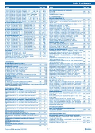 Precios sin I.G.V. vigentes al 31/07/2020
Precios de los Materiales
INSUMO UND. PREC. INSUMO UND. PREC.
- 3.7 -
TUBO ACERO NEGRO ELECTROS. CUADRADO 1 1/4" X 1.5 MM X 6 M PZA 36,95
TUBO ACERO NEGRO ELECTROS. CUADRADO 1 1/2" X 1.5 MM X 6 M PZA 41,44
TUBO ACERO NEGRO ELECTROS. CUADRADO 2" X 2.0 MM X 6 M PZA 63,22
TUBO ACERO NEGRO ELECTROS. REDONDO 3/4" X 1.5 MM X 6 M PZA 20,21
TUBO ACERO NEGRO ELECTROS. REDONDO 1"X 1.5 MM X 6 M PZA 24,28
TUBO ACERO NEGRO ELECTROS. REDONDO 1 1/4" X 1.5 MM X 6 M PZA 28,11
TUBO ACERO NEGRO ELECTROS. REDONDO 1 1/2" X 1.5 MM X 6 M PZA 34,15
TUBO ACERO NEGRO ELECTROS. REDONDO 1 3/4'' X 1.5 MM X 6 M PZA 42,62
TUBO ACERO NEGRO ELECTROS. REDONDO 2" X 2.0 MM X 6 M PZA 61,86
PLANCHA NEGRA DELGADA LAF
PLANCHA ACERO NEGRO LAF 0.90 X 1200 X 2400 MM (1/27) PZA 73,22
PLANCHA ACERO NEGRO LAF 1.20 X 1200 X 2400 MM (1/20) PZA 81,55
PLANCHA ACERO NEGRO LAF 1.50 X 1200 X 2400 MM (1/16) PZA 102,3
PLANCHA ACERO NEGRO LAF 2.00 X 1200 X 2400 MM (5/64) PZA 132,92
PLANCHA NEGRA DELGADA LAC
PLANCHA ACERO NEGRO LAC 2.5 X 1220 X 2400 MM (3/32) PZA 151,2
PLANCHA ACERO NEGRO LAC 3.0 X 1220 X 2400 MM (1/8) PZA 194,22
PLANCHA ACERO NEGRO LAC 4.5 X 1220 X 2400 MM (3/16) PZA 281,55
PLANCHA NEGRA GRUESA LAC
PLANCHA ACERO NEGRO LAC 6.0 X 1200 X 2400 MM (1/4") PZA 385,66
PLANCHA ACERO NEGRO LAC 8.0 X 1220 X 2400 MM (5/16") PZA 428,47
PLANCHA ACERO NEGRO LAC 9.5 X 1220 X 2400 MM (3/8") PZA 585,66
PLANCHA ACERO NEGRO LAC 12.5 X 1220 X 2400 MM (1/2") PZA 658,41
PLANCHA ACERO NEGRO LAC 16.0 X 1220 X 2400 MM (5/8") PZA 1004,51
PLANCHA ACERO NEGRO LAC 20.0 X 1220 X 2400 MM (3/4") PZA 1205
PLANCHA ACERO NEGRO LAC 25.0 X 1220 X 2400 MM (1") PZA 1477,25
PLANCHA ACERO NEGRO LAC 32.0 X 1200 X 2400 MM (1 1/4") PZA 2089,25
PLANCHA ACERO NEGRO LAC 38.0 X 1220 X 2400 MM (1.1/2") PZA 2468,99
PLANCHA ACERO NEGRO LAC 50.0 X 1220 X 2400 MM (2") PZA 3357,75
SOLDADURA
SOLDADURA CELLOCORD P 1/8" E6010 KG 13,55
SOLDADURA CELLOCORD P 3/32" E6010 KG 14,6
SOLDADURA CELLOCORD 1/8" PTO. AZUL E6011 INDURA KG 12,44
SOLDADURA CELLOCORD 3/32" PTO. AZUL E6011 INDURA KG 12,99
PRECIOS REFERENCIALES, NO INCLUYE IGV.
Precios referenciales, no incluyen I.G.V.
ARCHITECTSPM
LEVANTAMIENTO ARQUITECTONICO
LEVANTAMIENTO ARQUITECTONICO Y DIGITALIZACIÓN M2 1,5 $
DISEÑOS DE PLANOS 2D
ELABORACIÓN DE PLANOS ARQUITECTÓNICOS M2 3,5 $
ELABORACIÓN DE PLANOS ESTRUCTURALES M2 2,5 $
ELABORACIÓN DE PLANOS ELÉCTRICOS M2 2,5 $
ELABORACIÓN DE PLANOS SANITARIOS M2 2 $
ACONDICIONAMIENTO AMBIENTAL M2 10 $
ELABORACIÓN DE PLANOS DE SAÑALIZACIÓN Y EVACUACIÓN M2 2 $
SEÑALÉTICA INDECI
IMPLEMENTACIÓN DE SEÑALÉTICA EN LOCALES M2 5,5 $
DISEÑOS 3D
MODELADO 3D 3,5 $
ELABORACIÓN DE FOTOMONTAJES ARQUITECTÓNICOS M2 1,5 $
ELAVORACIÓN DE PANELS ARQUITECTONICOS M2 2,5 $
El costo puede varíar dependiendo del metrado y dificultad del proyecto. En caso de IMPLEMENTACIÓN DE SEÑALÉTICA
depende del proyecto, difucultad y el material.
BITÚMENESDELPERÚS.A.C.
EMULSION ASFALTICA STANDARD
EMULSION ASFALTICA STD CATIONICA SUPERESTABLE BP-CSE GAL 6,85
EMULSION ASFALTICA STD CATIONICA DE ROTURA RAPIDA BP-
CRR-1
GAL 6,6
EMULSION ASFALTICA STD CATIONICA DE ROTURA RAPIDA BP-
CRR-2
GAL 7,15
EMULSION ASFALTICA STD CATIONICA DE ROTURA MEDIA BP-CRM-2 GAL 7,4
EMULSION ASFALTICA MODIFICADA CON POLIMEROS SBR
EMULSION ASFALTICA STD CATIONICA SUPERESTABLE BP-CSE-1P GAL 8,1
EMULSION ASFALTICA STD CATIONICA DE ROTURA RAPIDA BP-CRR-
1P
GAL 8,1
EMULSION ASFALTICA STD CATIONICA DE ROTURA RAPIDA BP-CRR-
2P
GAL 8,7
EMULSION ASFALTICA STD CATIONICA DE ROTURA MEDIA BP-CRM-
2P
GAL 9,1
MEZCLA ASFALTICA INSTANTANEA
MEZCLA ASFALTICA INSTANTANEA BLS=30 KG BLS 65
MEJORADOR DE ADHERENCIA TIPO AMINA P/ASFALTOS
MEJORADOR DE ADHERENCIA TIPO AMINA P/ASFALTOS - BITUCOTE
PLUS
KG 18
SELLADOR ELASTOMERICO PARA GRIETAS Y FISURAS
BITUFLEX KG 6,7
ESTABILIZADOR DE SUELOS
MEGASOIL KG 190
IMPRIMANTE DE BASE ASFÁLTICA
BITUPRIMER GAL 7,25
AGLUTINANTE ORGANICO SAPONIFICADO
BITUSOIL M GAL 8,1
BITUSOIL T GAL 8,7
Precios puesto en planta. No incluye IGV
BLANCOINGENIEROSS.R.L.
ADITIVOS PARA CONCRETO
DESENCOFRANTE PARA MADERA (1GL), T-KOTE GAL 28,5
DESENCOFRANTE - PROTECTOR ENCOFRADOS MADERA Y METAL,
T-KOTE - (5GL)
GAL 129
ADITIVO INCORPORADOR AIRE LIQUIDO, MAX AIR - (5GL) PZA 250
INHIBIDOR DE CORROSION 1L - CIMAX L 8,8
INHIBIDOR DE CORROSION 1GAL - CIMAX GAL 34
INHIBIDOR DE CORROSION 5 GAL - CIMAX GAL 156
ADITIVO ACELERANTE P/CONCRETO CON CLORURO 1GL-FRITZ GAL 21,5
ADITIVO ACELERANTE P/CONCRETO CON CLORURO 5GL- FRITZ GAL 85,5
ADITIVO ACELERANTE P/CONCRETO CON CLORURO 5GL- FRITZ NCA GAL 30
ADITIVO ACELERANTE P/CONCRETO CON CLORURO 1GL-FRITZ NCA GAL 135
ADITIVO CURADOR P/CONCRETO LIQUIDO 1GAL - KYTASOL GAL 17,5
ADITIVO CURADOR P/CONCRETO LIQUIDO 5GAL - KYTASOL GAL 76
ADITIVO EXPANSIVO EN POLVO 30KG - MAX ESPAM UND 121,5
INCORPORADOR DE AIRE EN POLVO, AIR PLUS - (4KG) KG 99
ADICION FIBRA DE NYLON P/CONCRETO 1KG - FIBRAS N KG 35
PRODUCTOS PARA JUNTAS
SELLO P/JUNTAS ELASTOMERICO 1GAL - ECOSEAL GAL 101,5
SELLO P/JUNTAS ELASTOMERICO 5GAL - ECOSEAL GAL 475
SELLADOR DE JUNTAS 1GL-MAX SEAL GAL 190
IMPRIMANTE PARA SELLO DE JUNTAS 1GAL- MAXPRIMER GAL 191
DIVISION IMPERMEABILIZANTES
IMPERMEABILIZANTE DE CONCRETO, TARRAJEOS, LADRILLO CONTRA
EL SALITRE O FRAGUA ANTICIPADA, IMPERTOP FLEXIBLE GRIS (1GL)
GAL 35
IMPERMEABILIZANTE DE CONCRETO, TARRAJEOS, LADRILLO
CONTRA EL SALITRE O FRAGUA ANTICIPADA, IMPERTOP FLEXIBLE
GRIS (5GL)
GAL 175
IMPERMEABILIZANTE CEMENTICIO DE GRA DUREZA Y RESISTENCIA
- IMPERTOP ESPECIAL (1GL)
GAL 38
IMPERMEABILIZANTE CEMENTICIO DE GRA DUREZA Y RESISTENCIA
- IMPERTOP ESPECIAL (5GL)
GAL 190
IMPERMEABILIZANTE SUPERFICIAL LIQUIDO 1GAL - PLASTICOAT W-600 GAL 71
IMPERMEABILIZANTE SUPERFICIAL LIQUIDO 5GAL - PLASTICOAT W-600 GAL 340
IMPERMEABILIZANTE SUPERFICIAL LIQUIDO 1GAL - IMPERSEAL GAL 48
IMPERMEABILIZANTE SUPERFICIAL LIQUIDO 5GAL - IMPERSEAL GAL 220
ADITIVO IMPERMEABILIZANTE CRISTALICIO, MAX CRISTAL (20KG) PZA 590
IMPERMEABILIZANTE SUPERFICIAL LIQUIDO 1GAL - PEC-101 GAL 20
ADITIVO IMPERMEABILIZANTE LIQUIDO, PEC-101- (5GL) GAL 95
IMPERMEABILIZANTE SUPERFICIAL LIQUIDO 5GAL - INDACRYL UND 390
IMPERMEABILIZANTE SUPERFICIAL LIQUIDO 5KG - CRETEX KG 170
REVESTIMIENTO IMPERMEABLE CEMENTICIO FLEXIBLE, PROTEX
FLEX - (35KG)
KG 340
WATER STOP DE PVC 9" - 1M M 44
WATER STOP DE PVC 6" - 1M M 37
ADITIVO ACELERANTE P/CONCRETO LIQUIDO 1GAL - SUPERCIZER 3 GAL 29,5
ADITIVO ACELERANTE P/CONCRETO LIQUIDO 5GAL - SUPERCIZER 3 PZA 145
ADITIVO ACELERANTE P/CONCRETO LIQUIDO 1L - SUPERCIZER 3 L 7,5
WATER STOP DE PVC 6" - 1M M 37,00
ADITIVO ACELERANTE P/CONCRETO LIQUIDO 1GAL - SUPERCIZER 3 GAL 29,50
ADITIVO ACELERANTE P/CONCRETO LIQUIDO 5GAL - SUPERCIZER 3 PZA 145,00
ADITIVO ACELERANTE P/CONCRETO LIQUIDO 1L - SUPERCIZER 3 L 7,50
LIGANTES Y ADHESIVOS
RESINA EPOXICA P/UNION DE CONCRETO LIQUIDO 1 GAL - MAX
BOND EP 400
GAL 186,44
RESINA EPOXICA P/UNION DE CONCRETO LIQUIDO 1/4GAL - MAX
BOND EP-400
GAL 57
ADHESIVO EPOXICO LIQUIDO 1GAL - PECORA EP-800 GAL 199
AGENTE ADHESIVO PARA NUEVO CONCRETO 1L - READYBOND L 20
AGENTE ADHESIVO PARA NUEVO CONCRETO 1GAL - READYBOND GAL 76
AGENTE ADHESIVO PARA NUEVO CONCRETO 5GAL - READYBOND GAL 355
Gastos de envio por cuenta del cliente
CAJASECOLOGICASS.A.C.
CAJA ECOLÓGICA PARA RESIDUOS SÓLIDOS NO
CONTENEDOR VERDE 8M3 UND 450
INCLUYE RECOLECCIÓN, TRANSPORTE, VALORIZACIÓN Y DISPOSICIÓN FINAL. NO INCLUYE IGV.
CERRADURASNACIONALESSAC
CERRADURAS DE PERILLA P/PUERTA PRINCIPAL TRAVEX
CERRADURA DE PERILLA P/PUERTA PPAL ACERO INOXIDABLE GR 2
TRAVEX MOD. COMPACTO
PZA 41,44
CERRADURA P/PUERTA PPAL. TRAVEX BRONCE PULIDO INCLUYE
CERROJO MODELO 70710 PB
PZA 148,22
CERRADURA COMPACTA PP AI-1200 PZA 42,30
 