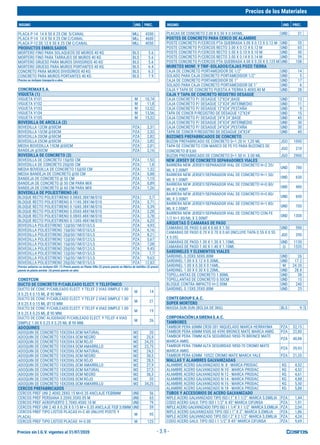 Precios sin I.G.V. vigentes al 31/07/2020
Precios de los Materiales
INSUMO UND. PREC. INSUMO UND. PREC.
- 3.9 -
PLACA P-14 14 X 50 X 25 CM. S/CANAL MLL 4300
PLACA P-14 14 X 50 X 25 CM C/CANAL MLL 4600
PLACA P-12 DE 12 X 50 X 25 CM C/CANAL MLL 4050
PRODUCTOS EMBOLSADOS
MORTERO FINO PARA SOLAQUEOS DE MUROS 40 KG BLS 5.6
MORTERO FINO PARA TARRAJEO DE MUROS 40 KG BLS 5.6
MORTERO GRUESO PARA MUROS DIVISORIOS 40 KG BLS 5.6
MORTERO GRUESO PARA MUROS PORTANTES 40 KG BLS 6.4
CONCRETO PARA MUROS DIVISORIOS 40 KG BLS 6.3
CONCRETO PARA MUROS PORTANTES 40 KG BLS 7.9
Precios no incluyen transporte a obra.
CONCREMAXS.A.
VIGUETA (1)
VIGUETA V101 M 10,74
VIGUETA V102 M 11,8
VIGUETA V103 M 12,52
VIGUETA V104 M 13,56
VIGUETA V105 M 15,32
BOVEDILLA DE ARCILLA (2)
BOVEDILLA 12CM @50CM PZA 2,31
BOVEDILLA 15CM @50CM PZA 2,32
BOVEDILLA 20CM @50CM PZA 2,82
BOVEDILLA 25CM @50CM PZA 3,82
MEDIA BOVEDILLA 15CM @50CM PZA 2,01
BANDEJA @50CM PZA 2,16
BOVEDILLA DE CONCRETO (3)
BOVEDILLA DE CONCRETO 15@50 CM PZA 1,53
BOVEDILLA DE CONCRETO 20@50 CM PZA 1,8
MEDIA BOVEDILLA DE CONCRETO 15@50 CM PZA 1,32
MEDIA BANDEJA DE CONCRETO @50 CM PZA 0,88
BANDEJA DE CONCRETO @ 50 CM PZA 1,15
BANDEJA DE CONCRETO @ 50 CM PARA MIX PZA 0,89
BANDEJA DE CONCRETO @ 60 CM PARA MIX PZA 1,26
BOVEDILLA DE POLIESTIRENO (4)
BLOQUE RECTO POLIESTIRENO 0.08X0.38X1M/D10 PZA 2,7
BLOQUE RECTO POLIESTIRENO 0.11X0.38X1M/D10 PZA 3,71
BLOQUE RECTO POLIESTIRENO 0.16X0.38X1M/D10 PZA 5,39
BLOQUE RECTO POLIESTIRENO 0.05X0.48X1M/D10 PZA 2,28
BLOQUE RECTO POLIESTIRENO 0.08X0.48X1M/D10 PZA 3,78
BLOQUE RECTO POLIESTIRENO 0.13X0.48X1M/D10 PZA 6,23
BOVEDILLA POLIESTIRENO 12@50/1M/D10/LS PZA 4,93
BOVEDILLA POLIESTIRENO 15@50/1M/D10/LS PZA 6,16
BOVEDILLA POLIESTIRENO 20@50/1M/D10/LS PZA 8,21
BOVEDILLA POLIESTIRENO 12@50/1M/D12/LS PZA 5,67
BOVEDILLA POLIESTIRENO 15@50/1M/D12/LS PZA 7,08
BOVEDILLA POLIESTIRENO 20@50/1M/D12/LS PZA 9,45
BOVEDILLA POLIESTIRENO 12@50/1M/D15/LS PZA 7,7
BOVEDILLA POLIESTIRENO 15@50/1M/D15/LS PZA 9,63
BOVEDILLA POLIESTIRENO 20@50/1M/D15/LS PZA 12,83
Precios unitarios no incluyen IGV. (1) Precio puesto en Planta Villa (2) precio puesto en fábrica de ladrillos (3) precio
puesto en planta ancieta (4) precio puesto en obra
CONSYCON
DUCTO DE CONCRETO P/CABLEADO ELECT. Y TELEFÓNICO
DUCTO DE CONC P/CABLEADO ELECT. Y TELEF 2 VIAS SIMPLE 1.00
X 0.25 X 0.15 ML Ø 90 MM
M 14
DUCTO DE CONC P/CABLEADO ELECT. Y TELEF 2 VIAS SIMPLE 1.00
X 0.25 X 0.15 ML Ø110 MM
M 21
DUCTO DE CONC P/CABLEADO ELECT. Y TELEF 4 VIAS SIMPLE 1.00
X 0.25 X 0.25 ML Ø 90 MM.
M 19
DUCTO DE CONC ALIGERADO P/CABLEADO ELECT. Y TELEF 4 VIAS
SIMPLE 1.00 X 0.25 X 0.25 ML Ø 90 MM.
M 26
ADOQUINES
ADOQUIN DE CONCRETO 10X20X4.0CM NATURAL M2 20
ADOQUIN DE CONCRETO 10X20X4.0CM NEGRO M2 25,9
ADOQUIN DE CONCRETO 10X20X4.0CM ROJO M2 24,25
ADOQUIN DE CONCRETO 10X20X4.0CM AMARRILLO M2 23,75
ADOQUIN DE CONCRETO 10X20X6.0CM NATURAL M2 24,5
ADOQUIN DE CONCRETO 10X20X6.0CM NEGRO M2 30,5
ADOQUIN DE CONCRETO 10X20X6.0CM ROJO M2 28,5
ADOQUIN DE CONCRETO 10X20X6.0CM AMARRILLO M2 27,9
ADOQUIN DE CONCRETO 10X20X8.0CM NATURAL M2 27,5
ADOQUIN DE CONCRETO 10X20X8.0CM NEGRO M2 36,3
ADOQUIN DE CONCRETO 10X20X8.0CM ROJO M2 35
ADOQUIN DE CONCRETO 10X20X8.0CM AMARRILLO M2 34,25
CERCOS PREFABRICADOS
CERCOS PREF UNI 2.40X0.28X0.15 M+0.35 ANCLAJE FEØ8MM UND 56
CERCOS PREF PERSIANA 3.20X0.35X0.05 M UND 65
CERCOS PREF AEROPUERTO 2.70X0.45X0.10 M UND 79
CERCOS PREF UNI 2.40 X 0.28 X 0.15 M + 0.35 ANCLAJE FEØ 3/8MM UND 59
CERCOS PREF TIPO LISTOS PLACAS H=2.40 (INLUYE POSTE Y
PLACA)
M 95
CERCOS PREF TIPO LISTOS PLACAS H=3.00 M 125
PLACAS DE CONCRETO 2.00 X 0.50 X 0.045ML. UND 31
POSTES DE CONCRETO PARA CERCO DE ALAMBRE
POSTE CONCRETO P/CERCOS PTA QUEBRADA 3.00 X 0.12 X 0.12 M UND 55
POSTE CONCRETO P/CERCOS RECTO 3.00 X 0.12 X 0.12 M UND 65
POSTE CONCRETO P/CERCOS RECTO 3.00 X 0.10 X 0.10 M UND 50
POSTE CONCRETO P/CERCOS RECTO 3.00 X 0.14 X 0.14 M UND 59
POSTE CONCRETO P/CERCOS PTA QUEBRADA 4.00 X 0.20 X 0.125 M UND 108
MURETES MONF. Y TRIF-SOLADOS/CAJAS POZO TIERRA
CAJA DE CONCRETO PORTAMEDIDOR DE 1/2" UND 14
SOLADO PARA CAJA CONCRETO PORTAMEDIDOR 1/2" UND 5
CAJA DE CONCRETO PORTAMEDIDOR DE 1" UND 17
SOLADO PARA CAJA CONCRETO PORTAMEDIDOR DE 1" UND 6
CAJA Y TAPA DE CONCRETO PUESTA A TIERRA 0.40X0.40 M UND 28
CAJA Y TAPA DE CONCRETO REGISTRO DESAGUE
CAJA CONCRETO P/ DESAGUE 12"X24",BASE UND 13
CAJA CONCRETO P/ DESAGUE 12"X24",INTERMEDIO UND 11
CAJA CONCRETO P/ DESAGUE 12"X24",PESTAÑA UND 9
TAPA DE CONCR P/REGISTRO DE DESAGUE 12"X24" UND 15
CAJA CONCRETO P/ DESAGUE 24"X 24",BASE UND 45
CAJA CONCRETO P/ DESAGUE 24"X24",INTERMEDIO UND 30
CAJA CONCRETO P/ DESAGUE 24"X24",PESTAÑA UND 30
TAPA DE CONCR P/REGISTRO DE DESAGUE 24"X24" UND 40
BUZONES PREFABRICADOS DE CONCRETO
BUZON PREFABRICADO DE CONCRETO D=1.20 H: 1,20 ML JGO 1090
TAPA DE CONCRETO CON MARCO DE FE FO PARA BUZONES DE
CONCRETO Ø 0,60
JGO 210
BUZON PREFABRICADO DE CONCRETO D=1.50 H: 3.00 ML JGO 2900
NEW JERSEY DE CONCRETO SEPARADORES VIALES
BARRERA NEW JERSEY/SEPARADOR VIAL DE CONCRETO H=2.20/
ML X 2.00MT
UND 780
BARRERA NEW JERSEY/SEPARADOR VIAL DE CONCRETO H=1.50/
ML X 1.00MT
UND 630
BARRERA NEW JERSEY/SEPARADOR VIAL DE CONCRETO H=0.80/
ML X 2.40MT
UND 480
BARRERA NEW JERSEY/SEPARADOR VIAL DE CONCRETO H=0.80/
ML X 3.00MT
UND 600
BARRERA NEW JERSEY/SEPARADOR VIAL DE CONCRETO H=1.80/
ML X 2.00MT
UND 700
BARRERA NEW JERSEY/SEPARADOR VIAL DE CONCRETO CON FE
1/2 H=1.80/ML X 3.00MT
UND 1300
ARQUETAS Ó CAMARAS DE PASO
CAMARAS DE PASO 0.60 X 0.60 X 1.50 UND 590
CAMARAS DE PASO 0.70 X 0.70 X 0.60 (INCLUYE TAPA 0.55 X 0.55
X 0.05)
JGO 290
CAMARAS DE PASO 1.30 X 1.30 X 1.10ML UND 1130
CAMARAS DE PASO 1.40 X 1.40 X 1.10ML ¤ 1535
SARDINELES Y ELEMENTOS VIALES
SARDINEL 0.20X0.50X0.80M UND 26
SARDINEL 1.00 X 0.12 X 0.30ML. UND 17.2
SARDINEL 1.00 X 0.30 X 0.16ML. M 24.35
SARDINEL 1.00 X 0.30 X 0.20ML. UND 28.8
TOPELLANTAS DE CONCRETO 1.80ML UND 38
TOPELLANTAS DE CONCRETO 0.50CM UND 15
BLOQUE CONTRA IMPACTO H=2.00M. UND 240
SARDINEL 0.15X0.35X0.80M UND 25
CONTEGROUPS.A.C.
SUPER MORTERO
MASSA DUN DUN (BOLSA DE 3KG) BLS 9 $
CORPORACIÓNLASIRENAS.A.C.
TAMBORES
TAMBOR PERA 60MM CR30-301 NIQUELADO MARCA HERRAYMA PZA 32,15
TAMBOR PERA 60MM 9500.60 4590 BRONCE MATE MARCA AMIG PZA 22,80
TAMBOR PERA 70MM ALTA SEGURIDAD 9850-70 BRONCE MATE
MARCA AMIG
PZA 40,88
TAMBOR PERA 70MM ALTA SEGURIDAD 9850-70 CROMO MATE
MARCA AMIG
PZA 39,93
TAMBOR PERA 62MM 10522 CROMO MATE MARCA YALE PZA 21,35
MALLAS Y ALAMBRES GALVANIZADAS
ALAMBRE ACERO GALVANIZADO N 8 - MARCA PRODAC KG 4,52
ALAMBRE ACERO GALVANIZADO N 10 - MARCA PRODAC KG 4,52
ALAMBRE ACERO GALVANIZADO N 12 - MARCA PRODAC KG 4,61
ALAMBRE ACERO GALVANIZADO N 14 - MARCA PRODAC KG 4,88
ALAMBRE ACERO GALVANIZADO N 16 - MARCA PRODAC KG 5,50
ALAMBRE ACERO GALVANIZADO N 18 - MARCA PRODAC KG 5,88
TUBOS Y ACCESORIOS DE ACERO GALVANIZADO
NIPLE ACERO GALVANIZADO TIPO ISO I 1" X 1 1/2" -MARCA S.EMILIA PZA 1,44
CODO ACERO GALV. TIPO ISO I 1/2" X 45°-MARCA CIFUNSA PZA 1,91
NIPLE ACERO GALVANIZADOTIPO ISO I 1 1/4" X 1 1/2" -MARCA S.EMILIA PZA 2,04
NIPLE ACERO GALVANIZADO TIPO ISO I 1" X 2" -MARCA S.EMILIA PZA 1,86
NIPLE ACERO GALVANIZADO TIPO ISO I 2" X 2 1/2" -MARCA S.EMILIA PZA 4,24
CODO ACERO GALV. TIPO ISO I 1 1/2" X 45°-MARCA CIFUNSA PZA 9,69
 