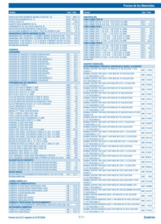 Precios sin I.G.V. vigentes al 31/07/2020
Precios de los Materiales
INSUMO UND. PREC. INSUMO UND. PREC.
- 3.11 -
PANTALON PARA BOMBERO AMARILLO KEVLAR - UL PZA 880,2 $
BOTAS PARA BOMBEROS UL T2 PAR 296,61 $
CASCO LEGACY 5 PZA 300 $
GUANTE PARA BOMBEROS 3D UL PAR 177,97 $
HERRAMIENTA DE HALLIGAN LONGITUD 36 PZA 270 $
MATAFUEGOS PARA INCENDIOS FORESTALES PZA 170 $
HACHA PARA BOMBERO DE CORTE Y PICO 36 HICKORY 6 LBS PZA 81 $
MANGUERAS CONTRA INCENDIO UL/FM
MANGUERAC-INC.POLIESTER1.1/2"X30MTS.BRONCE DE250PSI.UL/FM PZA 125 $
MANGUERAC-INC.POLIESTER2.1/2"X30MTS.BRONCE DE250PSI. UL/FM PZA 300 $
MANGUERA C-INC.NITRILO 1.1/2" X 30 MTS. A-BRONCE 250 PSI. UL PZA 325 $
MANGUERA C-INC.NITRILO 2.1/2" X 30 MTS. A-BRONCE 250 PSI. UL PZA 500 $
No incluye flete. No incluye IGV.
DANOBSA
ADOQUINES
ADOQUIN DE CONCRETO 10X20X4.0CM NATURAL M2 21,3
ADOQUIN DE CONCRETO 10X20X4.0CM ROJO M2 23,4
ADOQUIN DE CONCRETO 10X20X4.0CM AMARRILLO M2 24,4
ADOQUIN DE CONCRETO 10X20X4.0CM NEGRO M2 24,7
ADOQUIN DE CONCRETO 10X20X6.0CM NATURAL M2 25,4
ADOQUIN DE CONCRETO 10X20X6.0CM ROJO M2 28,2
ADOQUIN DE CONCRETO 10X20X6.0CM AMARRILLO M2 27,2
ADOQUIN DE CONCRETO 10X20X6.0CM NEGRO M2 29,8
ADOQUIN DE CONCRETO 10X20X8.0CM NATURAL M2 28,7
ADOQUIN DE CONCRETO 10X20X8.0CM ROJO M2 33,9
ADOQUIN DE CONCRETO 10X20X8.0CM AMARRILLO M2 32,6
ADOQUIN DE CONCRETO 10X20X8.0CM NEGRO M2 34,8
PREFABRICADO DE CONCRETO
CAJA POZO A TIERRA UND 17
DUCTO DE 4 VIAS X 90MM X 1.00M UND 22,5
DUCTO DE 2 VIAS X 90MM X 1.00M UND 17
DUCTO DE 2 VIAS X 4" X 1,00M UND 21
DUCTO DE 1 VIA X 4" X 1.00M UND 17
CAJA DE REGISTRO DESAGUE C/TAPA 6" (4PZA) JGO 55
CAJA DE REGISTRO DESAGUE C/TAPA 4" (3PZA) JGO 50
CAJA DE REGISTRO DESAGUE DE 60X60CM C/TAPA JGO 140
CAJA P/MEDIDOR DE AGUA 1/2" Y 3/4" C/SOLADO JGO 16
CAJA P/MEDIDOR DE AGUA 1" JGO 18
TAPAS DE BUZON D=0.65M UND 60
MARCO F°F° PARA TAPA DE BUZON PZA 160
TOPE LLANTAS 1.80X0.12X0.15M UND 38
TOPE LLANTAS 0.50X0.12X0.15M UND 18
POSTE PARA CERCO P.QUEBRADA X 3.00M UND 65
POSTE PARA CERCO P.RECTO X 3.00M UND 60
SARDINEL 0.20X0.50X0.80M UND 28
SARDINEL 0.20X0.40X0.80M UND 25
SARDINEL 0.15X0.35X0.80M UND 22
CERCO TIPO "UNI" DE 0.28 X 0.15 X 2.40M UND 162,5
CERCO TIPO PANEL TEXTURADO LADRILLO O LISO - H=3.00M UND 90
CERCO TIPO PANEL TEXTURADO LADRILLO O LISO - H=2.50M UND 80
CERCO TIPO PANEL TEXTURADO LADRILLO O LISO - H=2.00M UND 70
BUZON DE DESAGUE TIPO I - D=1.20 H=1.20M JGO 1200
BUZON DE DESAGUE TIPO II - D=1.50 H=3.00M JGO 3303
CAMARA DE PASO ELECTRICO 1.00 X 1.00 X 1.00M E=0.15M JGO 1200
CAJA DE PASO 0.30X0.30X0.60M C/TAPA CR JGO 150
CAJA DE PASO 0.40X0.40X0.75M C/TAPA CR JGO 200
BARRERAS NEW JERSEY H=1.80M M 450
BARRERAS NEW JERSEY H=0.80M M 320
HITO PIRAMIDAL 0.40X0.40X0.60M AMARILLO TRAFICO UND 80
HITO PIRAMIDAL 0.60X0.60X0.60M C/PERNOS DE ANCLAJE GALV. UND 290
BLOQUETAS DE CONCRETO
BLOQUE CONCRETO LISO 19X19X39CM ENTERO NATURAL PZA 1,9
BLOQUE CONCRETO LISO 14X19X39CM ENTERO NATURAL PZA 1,6
BLOQUE CONCRETO LISO 12X19X39CM ENTERO NATURAL PZA 1,43
BLOQUE CONCRETO LISO 9X19X39CM ENTERO NATURAL PZA 1,32
BLOCK GRASS
BLOCK PARA ESTACIONAMIENTOS GRASS MICHI 35 X 35 X 9 CM. M2 26,27
No incluye traslado a obra
DARNELPERÚS.A.C.
CUBIERTAS TERMOACÚSTICA
CUBIERTA AJOVER MAX TRAPEZOIDAL A360 ML 10,57 $
CUBIERTA AJOVER SUPER TRAPEZOIDAL A360 ML 12,76 $
CUBIERTA AJOVER EXTRA TRAPEZOIDAL A360 ML 13,95 $
CUBIERTA AJOVER MADRILEÑA ML 13,95 $
CUBIERTA ONDULADA ML 10,57 $
CUBIERTA ONDULADA SUPER ML 12,76 $
CUBIERTA ONDULADA EXTRA ML 13,95 $
CUBIERTA TRASLÚCIDAS EN POLICARBONATO
CUBIERTA DE POLICARBONATO TRAPEZOIDAL A360 NG5 0.82X3.6M ML 15 $
ACCESORIOS CUBIERTAS
CABELLETE TRAPEZOIDAL ML 10,57 $
LIMATESA TRAPEZOIDAL ML 10,57 $
DINCORSASRL
TUBO COBRE TIPO M
TUBO COBRE TIPO M 1/2" D.N. - 5/8" D.EXT. X 6.00M PZA 19 $
TUBO COBRE TIPO M 3/4" D.N. - 7/8" D.EXT. X 6.00M PZA 31,2 $
TUBO COBRE TIPO L
TUBO COBRE TIPO L 1/2" D.N. - 5/8" D.EXT. X 6.00M PZA 25 $
TUBO COBRE TIPO L 3/4" D.N. - 7/8" D.EXT. X 6.00M PZA 40 $
TUBO COBRE TIPO L 1" D.N. - 1 1/8" D.EXT. X 6.00M PZA 58 $
TUBO COBRE TIPO L 1 1/4" D.N. - 1 3/8" D.EXT. X 6.00M PZA 78,8 $
TUBO COBRE TIPO L 1 1/2" D.N. - 1 5/8" D.EXT. X 6.00M PZA 105 $
TUBO COBRE TIPO L 2" D.N. - 2 1/8" D.EXT. X 6.00M PZA 163,5 $
TUBO COBRE TIPO K
TUBO COBRE TIPO K 1/2" D.N. - 5/8" D.EXT. X 6.00M PZA 32 $
TUBO COBRE TIPO K 3/4" D.N. - 7/8" D.EXT. X 6.00M PZA 60,5 $
TUBO COBRE TIPO K 1" D.N. - 1 1/8" D.EXT. X 6.00M PZA 79 $
TUBO COBRE TIPO K 1 1/4" D.N. - 1 3/8" D.EXT. X 6.00M PZA 102 $
TUBO COBRE TIPO K 1 1/2" D.N. - 1 5/8" D.EXT. X 6.00M PZA 132 $
TUBO COBRE TIPO K 2" D.N. - 2 1/8" D.EXT. X 6.00M PZA 200 $
No incluye IGV.
EQUIPOSYREDESEIRL
ELECTROBOMBAS TRIFASICA-MONOFASICA MARCA SCHNEIDER
BOMBA CENTRIF TRIF 60HZ 1HP MOD BC 92 SK,SUCCION 1",DES-
CARGA 1".
UND 1192,8
BOMBA CENTRIF TRIF 60HZ 1.5HP MOD BC 92 SHA,SUCCION
1.1/2"-DESCARGA 1.1/4".
UND 1064,83
BOMBA CENTRIF TRIF 60HZ 1.5HP MOD BC 92 SAV,SUCCION
3/4"-DESCARGA 3/4".
UND 1254,24
BOMBA CENTRIF TRIF 60HZ 4HP MOD BPI-21R 2.1/2,SUCCION
2.1/2",DESCARGA 2.1/2"
UND 2785,59
BOMBA CENTRIF TRIF 60HZ 2HP MOD BC 92 SHA,SUCCION
1.1/2"-DESCARGA 1.1/4"
UND 1169,49
BOMBA CENTRIF TRIF 60HZ 3HP MOD BC 92 SGA,SUCCION
1.1/4"-DESCARGA 1".
UND 1378,81
BOMBA CENTRIF TRIF 60HZ 3HP MOD BC 92 SGB,SUCCION
1.1/4"-DESCARGA 1"
UND 1376,27
BOMBA CENTRIF TRIF 60HZ 3HP MOD BC 92 SHA,SUCCION
1.1/2"-DESCARGA 1.1/4"
UND 1754,24
BOMBA CENTRIF TRIF 60HZ 3HP MOD BC 92 SHB,SUCCION
1.1/2"-DESCARGA 1.1/4".
UND 1751,27
BOMBA CENTRIF TRIF 60HZ 3HP MOD BC 92 SAV,SUCCION 3/4"-DES-
CARGA 3/4"
UND 1714,41
BOMBA CENTRIF TRIF 60HZ 5HP MOD BC-21R 2,SUCCION
2.1/2"-DESCARGA 2"
UND 3139,83
BOMBA CENTRIF TRIF 60HZ 5HP MOD BC-21R 2.1/2,SUCCION
3"-DESCARGA 2.1/2"
UND 3300,85
BOMBA CENTRIF TRIF 60HZ 5HP MOD BC-22R 1A,SUCCION
1.1/4"-DESCARGA 1"
UND 3169,49
BOMBA CENTRIF TRIF 60HZ 7.5HP MOD BC-22R 1.1/2,SUCCION
2",DESCARGA 1.1/2"
UND 3941,95
BOMBA CENTRIF TRIF 60HZ 7.5HP MOD BPI-22R 2.1/2,SUCCION
2.1/2",DESCARGA 2.1/2"
UND 3991,53
BOMBA CENTRIF TRIF 60HZ 12.5HP MOD BPI-22R 2.1/2,SUCCION
2.1/2"-DESCARGA 2.1/2"
UND 5618,64
BOMBA CENTRIF TRIF 60HZ 15HP MOD BC-22R 2,SUCCION
2.1/2"-DESCARGA 2"
UND 6107,63
BOMBA CENTRIF TRIF 60HZ 15HP MOD BPI-22R 2.1/2,SUCCION
2.1/2"-DESCARGA 2.1/2"
UND 6128,81
BOMBA CENTRIF TRIF 60HZ 20HP MOD BC-22R 2,SUCCION
2.1/2"-DESCARGA 2"
UND 8080,51
BOMBA CENTRIF TRIF 60HZ 20HP MOD BPI-22R 2.1/2,SUCCION
2.1/2"-DESCARGA 2.1/2"
UND 8124,15
BOMBA CENTRIF TRIF 60HZ 25HP MOD BC-23R 1.1/2,SUCCION
2.1/2"-DESCARGA 1.1/2"
UND 9686,44
BOMBA CENTRIF TRIF 60HZ 25HP MOD BC-23R 2,SUCCION 3"-DES-
CARGA 2"
UND 9539,83
BOMBA CENTRIF TRIF 60HZ 25HP MOD BC-22R 2,SUCCION
2.1/2"-DESCARGA 2"
UND 9350
BOMBA CENTRIF TRIF 60HZ 30HP MOD BC-23R 2,SUCCION 3"-DES-
CARGA 2"
UND 2272,88
BOMBA CENTRIF TRIF 60HZ 30HP MOD BC-20FGX(230MM), SUC-
CION 3"-DESCARGA 2"
UND 13538,98
BOMBA CENTRIF TRIF 60HZ 40HP MOD BC-20FGX(230MM),SUCCION
3"-DESCARGA 2"
UND 6616,95
BOMBA CENTRIF MONOFAS 60HZ 1HP MOD BC-92 SK ,SUCCION
1"-DESCARGA 1"
UND 1192,8
BOMBA CENTRIF MONOFAS 60HZ 1.5HP MOD BC-92 SGA ,SUCCION
1.1/4"-DESCARGA 1"
UND 1327,12
BOMBA CENTRIF MONOFAS 60HZ 1.5HP MOD BC-92 SHA ,SUCCION
1.1/2"-DESCARGA 1.1/4"
UND 1333,9
BOMBA CENTRIF MONOFAS 60HZ 3HP MOD BC-92 SHA ,SUCCION
1.1/2"-DESCARGA 1.1/4"
UND 1754,24
 