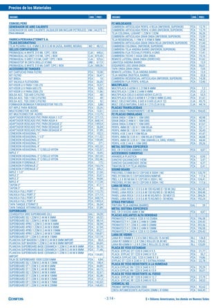$ = Dólares Americanos, los demás en Nuevos Soles
Precios de los Materiales
INSUMO UND. PREC. INSUMO UND. PREC.
- 3.14 -
ESINDELPERÚ
GENERADOR DE AIRE CALIENTE
GENERADOR DE AIRE CALIENTE (ALQUILER SIN INCLUIR PETROLEO) HM 44,375
Precio referencial.
FABRICAPERUANAETERNITS.A.
TEJAS DECORATIVAS
TEJA PIZARRA CLS. 4 MM 0.20 X 0.40 M (AZUL, BARRO, NEGRA) M2 48,12
SELLOS CORTAFUEGOS
PROMASEAL-A WHITE 310 ML 12PC / BOX CJA 440,6
PROMASEAL-AG GREY 310 ML 12PC / BOX CJA 870,45
PROMASEAL-S GREY 310 ML CART 12PC / BOX CJA 525,6
PROMASTOP W CINTA (ROLLO X18M) UND 617,9
PROMASEAL-S WHITE 310 ML CART 12PC / BOX CJA 588,36
ACCESORIO DE TANQUES
KIT CARTUCHO PARA FILTRO PZA 10,08
KIT FILTRO PZA 26,47
KIT BRIDA PZA 10
KIT VALVULA FLOTADORA PZA 26,05
KIT-VISOR U.V PARA 1100 LTS PZA 10,57
KIT-VISOR U.V PARA 600 LTS PZA 9,05
KIT-VISOR U.V PARA 2500 LTS PZA 11,86
BOLSA ACC. TQS 600 C/FILTRO PZA 48
BOLSA ACC. TQS 1100 C/FILTRO PZA 49
BOLSA ACC. TQS 2500 C/FILTRO PZA 52
FORMADOR BIOMASA P/BIODIGESTOR 700 LTS PZA 5,88
KIT NIPLE PARA REBOSE PZA 25,26
MULTICONECTOR ACERO PZA 12,61
KIT MULTICONECTOR ACERO PZA 112,75
ADAPTADOR ROSCADO PVC PARA AGUA 1 1/2" PZA 271,13
ADAPTADOR ROSCADO PVC PARA AGUA 4 PZA 668,14
ADAPTADOR ROSCADO PVC PARA DESAGUE 2" PZA 1493,4
ADAPTADOR ROSCADO PVC PARA DESAGUE 3" PZA 36,04
ADAPTADOR ROSCADO PVC PARA DESAGUE 4" PZA 57,89
CONEXION HEXAGONAL 1" PZA 102,5
CONEXION HEXAGONAL 1 1/2" PZA 111,52
CONEXION HEXAGONAL 2" PZA 159,49
CONEXION HEXAGONAL 3" PZA 271
CONEXION HEXAGONAL 4" PZA 432,33
CONEXION HEXAGONAL 1" C/SELLO VITON PZA 122,57
NIPLE 1" PZA 18,45
CONEXION HEXAGONAL 2" C/SELLO VITON PZA 207,33
CONEXION HEXAGONAL 3" C/SELLO VITON PZA 352,46
CONEXION P/DRENAJE 1" PZA 172
CONEXION P/DRENAJE 2" PZA 163,74
CONEXION P/DRENAJE 3" PZA 305,2
NIPLE 1 1/2" PZA 27,34
NIPLE 2" PZA 33,07
NIPLE 3" PZA 54,68
NIPLE 4" PZA 117,34
TAPON 2" PZA 47,17
TAPON 3" PZA 59
VALVULA FULL PORT 1" PZA 112,75
VALVULA FULL PORT 2" PZA 271,13
VALVULA FULL PORT 3" PZA 668,14
VALVULA FULL PORT 4" PZA 1493,4
TAPA TANQUE ETERNIT $ PZA 36,04
TAPA TANQUE VITIVINICOLA PZA 57,89
SUPERBOARD
ZZARQUITEX GRIS SUPERBOARD (GL) GAL 34,28
SUPERBOARD SQ 1.22M X 2.44 M X 8MM PZA 69,32
SUPERBOARD SQ 1.22M X 2.44 M X 10MM PZA 88,14
SUPERBOARD 4PRO 1.22M X 2.44 M X 6MM PZA 50,94
SUPERBOARD 4PRO 1.22M X 2.44 M X 8MM PZA 67,04
SUPERBOARD 4PRO 1.22M X 2.44 M X 10MM PZA 85,27
SUPERBOARD 4PRO 1.22M X 2.44 M X 12MM PZA 104,87
SUPERBOARD EP 1.22M X 2.44 M X 15MM PZA 127,19
PLANCHA SUP MADERA 1.22M X 2.44 M X 6MM IMPORT PZA 50,4
PLANCHA SUP MADERA 1.22M X 2.44 M X 8MM IMPORT PZA 84,69
PLANCHA SUPERBOARD BASE CERAMICA 1.22M X 2.44 M X 6MM PZA 50,18
PLANCHA SUPERBOARD BASE CERAMICA 1.22M X 2.44 M X 8MM PZA 71,48
PLANCHA SUPERBOARD BASE CERAMICA 1.22M X 2.44 M X 8MM
IMPORT
PZA 134,85
FAJA DE SUPERBOARD 100X1220X10MM PZA 4,84
SUPERBOARD SQ 1.22M X 2.44 M X 12MM PZA 108,4
SUPERBOARD ST 1.22M X 2.44 M X 6MM PZA 44,89
SUPERBOARD ST 1.22M X 2.44 M X 8MM PZA 60,15
SUPERBOARD SQ 1.22M X 2.44 M X 6MM PZA 52,67
SUPERBOARD ST 1.22M X 2.44 M X 10MM PZA 82,38
SUPERBOARD ST 1.22M X 2.44 M X 12MM PZA 101,3
SUPERBOARD EP 1.22M X 2.44 M X 17MM PZA 143,53
SUPERBOARD EP 1.22M X 2.44 M X 20MM PZA 168,43
FC MOLDEADOS
CUMBRERA ARTICULADA PERFIL 4 ROJA (INFERIOR, SUPERIOR) PZA 13,79
CUMBRERA ARTICULADA PERFIL 4 GRIS (INFERIOR, SUPERIOR) PZA 13,79
TEJA COLONIAL LUXANIT 1.22M X 1.02M PZA 36,26
CUMBRERA ARTICULADA GRAN ONDA (INFERIOR, SUPERIOR) PZA 15,59
TEJA RESIDENCIAL 1.19M X 0.95M X 5MM PZA 44,32
CUMBRERA ARTICULADA GRAN ONDA ROJA (INFERIOR, SUPERIOR) PZA 21,44
CUMBRERA COLONIAL (INFERIOR, SUPERIOR) PZA 13,65
CUMBRERA TEJA ANDINA BARRO (INFERIOR, SUPERIOR) PZA 12,58
CUMBRERA FIJA TECHALIT/PERFIL 4 GRIS PZA 11,41
CUMBRERA TECHO 1 AGUA GRA ONDA PZA 19,16
REMATE LATERAL GRAN ONDA (DERECHO) PZA 51,62
LIMATESA ANDINA BARRO PZA 13,9
ESQUINERO LISO GRAN ONDA PZA 36,01
TAPA ONDA GRAN ONDA PZA 7,05
REMATE LATERAL TEJA ANDINA BARRO PZA 13,9
TEJA ANDINA (RUSTICA, BARRO) PZA 32,8
CUMBRERA RESIDENCIAL ARTICULADA (INFERIOR, SUPERIOR) PZA 14,38
CUMBRERA FIJA PERFIL 4/ROJA PZA 13,46
MULTIPLACA
MULTIPLACA 0.605M X 1.215M X 4MM PZA 7,2
MULTIPLACA 1.22M X 2.44M X 4MM PZA 27,5
MULTIPLACA CIELO 0.605X0.605X4 (CJX12) CJA 53,5
MULTIPLACA CIELO 0.605M X 1.215M X 4MM (CJX6) PZA 51,61
MULT. CIELO NATURAL 0.605 X 0.605 (CJA X 12) CJA 45,75
MULT. CIELO NATURAL 0.605 X 1.215 (CJA X 6) CJA 44,14
PLACAS TRANSLUCIDAS
GRAN ONDA TRANSPARENTE 1.83 M. PZA 104,65
FC PLACAS ONDULADAS
GRAN ONDA 1.83M X 1.10M GRIS PZA 40,98
GRAN ONDA 2.44M X 1.10M GRIS PZA 54,94
GRAN ONDA 3.05M X 1.10M GRIS PZA 61,67
PERFIL 4MM DE 1.83 X 1.10M ROJA PZA 32,17
PERFIL 4MM DE 1.83 X 1.10M GRIS PZA 30,45
PERFIL 4 DE 2.44 X 110M ROJA PZA 41,47
PERFIL 4MM DE 3.05 X 1.10M ROJA ETERNIT PZA 46,88
PERFIL 4MM DE 3.05 X 1.10M (AMARILLA, GRIS, VERDE) PZA 44,44
PERFIL 4 DE 2.44 X 1.10M GRIS PZA 39,26
METAL SISTEMA ESPECIFICO
RIEL CR 31X32X0.60MMX3.00M PZA 4,87
ACCESORIOS CUBIERTAS
ARANDELA PLASTICA PZA 0,95
GANCHO GALVANIZADO 14CM PZA 3,47
GANCHO GALVANIZADO 20CM. PZA 4,37
TIRAFON DE 5 P/TEJA ANDINA PZA 0,41
SOUND BOARD
PREGYBEL C10N8 BA13 120*240 X 30DH / NC PZA 120,79
PBEL R15N8 BA13 120*240X30DH/NIMP4E PZA 117,6
PBEL L5 X 80 N8 BA13 120*240 X 30DH / NC PZA 124,41
PREGYBEL R15N1 BA13 120*240 X 30DH / NC PZA 117,6
LANA DE ROCA
PANEL LANA ROCA 1.0 X 0.6 M 100 KG/M3 E= 50 M (X6) PZA 262,45
PANEL LANA ROCA 1.0 X 0.6 M 150 KG/M3 E= 50 M(X4) PZA 304,48
PANEL LANA ROCA 1.0 X 0.6 M 40 KG/M3 E= 50 M(X12) PZA 284,26
PANEL LANA ROCA 1.0 X 0.6 M 70 KG/M3 E= 50 M(X6) PZA 192,24
OTRAS PINTURAS
PINTURA TEJA ANDINA (BARRO) GAL 39
METAL SISTEMA ESPECIFICO
RIEL CR 31X32X0.6MM X 3M PZA 4,87
PLACAS AISLANTES ALTA DENSIDAD
PROMATECT H 2440 X 1220 X 10 CS4BA PZA 196,58
PROMATECT H 1.22M X 2.44M X 12MM PZA 239,43
PROMATECT H 1.22M X 2.44M X 20MM PZA 393,56
PROMATECT H 1.22M X 2.44M X 10MM PZA 196,58
PROMATECT H 2440 X 1220 X 12 CS4BA PZA 239,43
LANA DE VIDRIO
LANA R11-90MM X 1.2 X 6.5M-2 ROLLOS 15.60 M2 RLL 136,8
LANA R7-50MM X 1.2 X 12M-2 ROLLOS 28.80 M2 RLL 139,43
LANA R8-65MM X 1.2 X 9.25M-2 ROLLOS 22.20 M2 RLL 135,89
PLACA DE YESO ESTANDAR
PLACA GYPLAC ST 1220 X 2440 X 9.5 PZA 21,77
PLACA GYPLAC ST 1220 X 2440 X 15.9 PZA 30,7
PLANCA GYPLAC CIEL 1220 X 2440 X 7.0 PZA 19,86
GYPLAC ST 1220 X 2240 X 12.7 EXTRALIVIANA PZA 22,78
PLACA DE YESO RESISTENTE A LA HUMEDAD
PLACA GYPLAC RH 1220 X 2440 X 12.7 PZA 29,29
PLACA GYPLAC RH 1220 X 2440 X 15.9 PZA 36,01
PLACA DE YESO RESISTENTE AL FUEGO
PLACA GYPLAC RF 1220 X 2440 X 12.7 PZA 27,79
PLACA GYPLAC RF 1220 X 2440 X 15.9 PZA 34,53
CHEMICAL KG
PROMAT IMPREGNACION 2000 PZA 92,63
CINTA INTUMESCENTE AUTOADH 20MM ( X100M) PZA 944,49
 