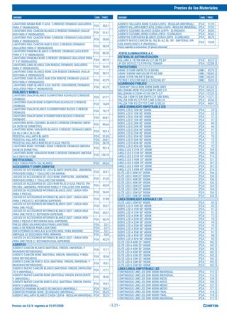 Precios sin I.G.V. vigentes al 31/07/2020
Precios de los Materiales
INSUMO UND. PREC. INSUMO UND. PREC.
- 3.21 -
LAVATORIO ARUBA RUBÍ O AZUL C/REBOSE CROMADO (AGUJEROS
PARA 4" INSINUADOS)
PZA 35,51
LAVATORIO NVO. CANCÚN BLANCO C/REBOSE CROMADO (AGUJE-
ROS PARA 4" INSINUADOS)
PZA 51,61
LAVATORIO NVO. CANCÚN BONE C/REBOSE CROMADO (AGUJEROS
PARA 4" INSINUADOS)
PZA 55,00
LAVATORIO NVO. CANCÚN RUBÍ O AZUL C/REBOSE CROMADO
(AGUJEROS PARA 4" INSINUADOS)
PZA 58,39
LAVATORIO IPANEMA BLANCO C/REBOSE CROMADO (AGUJEROS
PARA 4" Y 8" INSINUADOS)
PZA 86,36
LAVATORIO IPANEMA BONE C/REBOSE CROMADO (AGUJEROS PARA
4" Y 8" INSINUADOS)
PZA 89,75
LAVATORIO CABO BLANCO CON REBOSE CROMADO (AGUJEROS
PARA 4" INSINUADOS)
PZA 36,36
LAVATORIO CABO BLANCO BONE CON REBOSE CROMADO (AGUJE-
ROS PARA 4" INSINUADOS)
PZA 39,75
LAVATORIO CABO BLANCO RUBÍ CON REBOSE CROMADO (AGUJE-
ROS PARA 4" INSINUADOS)
PZA 42,29
LAVATORIO CABO BLANCO AZUL PASTEL CON REBOSE CROMADO
(AGUJEROS PARA 4" INSINUADOS)
PZA 42,29
OVALINES Y BOWLS
LAVATORIO OVALÍN BLANCO D/EMPOTRAR ACAPULCO C/REBOSE
CROMADO
PZA 67,71
LAVATORIO OVALÍN BONE D/EMPOTRAR ACAPULCO C/REBOSE
CROMADO
PZA 74,49
LAVATORIO OVALÍN BLANCO D/SOBREPONER BUZIOS C/REBOSE
CROMADO
PZA 76,19
LAVATORIO OVALÍN BONE D/SOBREPONER BUZIOS C/REBOSE
CROMADO
PZA 83,81
LAVATORIO BOWL COZUMEL BLANCO C/REBOSE CROMADO (MEDI-
DA 36CM DE DIÁMETRO)
PZA 84,66
LAVATORIO BOWL VARADERO BLANCO C/REBOSE CROMADO (MEDI-
DA 36.5 CM X 36.5 CM)
PZA 93,14
PEDESTAL VALLARTA BLANCO PZA 31,95
PEDESTAL VALLARTA BONE PZA 33,81
PEDESTAL VALLARTA RUBÍ ROJO O AZUL PASTEL PZA 36,78
LAVATORIO BOWL COZUMEL BONE C/REBOSE CROMADO (MEDIDA
36CM DE DIÁMETRO)
PZA 93,14
LAVATORIO BOWL VARADERO BONE C/REBOSE CROMADO (MEDIDA
36.5 CM X 36.5 CM)
PZA 100,76
INSTITUCIONAL
TAZA TURCA PUNTA SAL BLANCO PZA 84,66
ACCESORIOS Y COMPLEMENTOS
JUEGOS DE ACCESORIOS DE LOZA BLANCO (PAPELERA, JABONERA,
PERCHERO DOBLE Y TOALLERO CON BARRA)
PZA 35,51
JUEGOS DE ACCESORIOS DE LOZA BONE (PAPELERA, JABONERA,
PERCHERO DOBLE Y TOALLERO CON BARRA)
PZA 37,20
JUEGOS DE ACCESORIOS DE LOZA RUBÍ ROJO O AZUL PASTEL (PA-
PELERA, JABONERA, PERCHERO DOBLE Y TOALLERO CON BARRA)
PZA 40,59
JUEGOS DE ACCESORIOS INTERNOS BLANCO (SIST. LARGA VIDA
PARA 2 PIEZAS)
PZA 24,49
JUEGOS DE ACCESORIOS INTERNOS BLANCO (SIST. LARGA VIDA
PARA 2 PIEZAS C/ BOTONERA SUPERIOR)
PZA 27,88
JUEGOS DE ACCESORIOS INTERNOS BLANCO (SIST. LARGA VIDA
PARA ONE PIECE)
PZA 35,51
JUEGOS DE ACCESORIOS INTERNOS BLANCO (SIST. LARGA VIDA
PARA ONE PIECE C/ BOTONERA SUPERIOR)
PZA 35,51
JUEGOS DE ACCESORIOS INTERNOS BLANCO (SIST. LARGA VIDA
PARA 2 PIEZAS C/BOTONERA DUAL SUPERIOR)
PZA 50,76
PAR DE UÑAS GALVANIZADAS PARA LAVATORIO PZA 3,31
ANILLO DE REBOSE PARA LAVATORIO PZA 3,31
PAR D/PERNOS D/ANCLAJE D/ACERO INOX. PARA INODORO PZA 3,31
EMPAQUE DE DESCARGA PARA URINARIO PZA 5,85
JUEGOS DE ACCESORIOS INTERNOS BLANCO (SIST. LARGA VIDA
PARA ONE PIECE C/ BOTONERA DUAL SUPERIOR)
PZA 42,29
ASIENTOS
ASIENTO CANCÚN BLANCO (MATERIAL VIRGEN, UNIVERSAL Y
BISAGRAS REFORZADAS)
PZA 17,71
ASIENTO CANCÚN BONE (MATERIAL VIRGEN, UNIVERSAL Y BISA-
GRAS REFORZADAS)
PZA 18,56
ASIENTO CANCÚN RUBÍ O AZUL (MATERIAL VIRGEN, UNIVERSAL Y
BISAGRAS REFORZADAS)
PZA 19,41
ASIENTO NUEVO CANCÚN BLANCO (MATERIAL VIRGEN, ENVOLVEN-
TE Y UNIVERSAL)
PZA 17,71
ASIENTO NUEVO CANCÚN BONE (MATERIAL VIRGEN, ENVOLVENTE
Y UNIVERSAL)
PZA 18,56
ASIENTO NUEVO CANCÚN RUBÍ O AZUL (MATERIAL VIRGEN, ENVOL-
VENTE Y UNIVERSAL)
PZA 19,41
ASIENTOS IPANEMA BLANCO (ELONGADO UNIVERSAL) PZA 19,41
ASIENTOS IPANEMA BONE (ELONGADO UNIVERSAL) PZA 20,25
ASIENTO VALLARTA BLANCO (CAÍDA LENTA - REGULAR UNIVERSAL) PZA 20,25
ASIENTO VALLARTA BONE (CAÍDA LENTA - REGULAR UNIVERSAL) PZA 21,95
ASIENTO VALLARTA RUBÍ O AZUL (CAÍDA LENTA - REGULAR UNIVERSAL) PZA 27,03
ASIENTO COZUMEL BLANCO (CAÍDA LENTA - ELONGADO) PZA 30,42
ASIENTO COZUMEL BONE (CAÍDA LENTA - ELONGADO) PZA 30,42
ASIENTOS CARTAGENA BLANCO (CAÍDA LENTA - ELONGADO) PZA 50,76
ASIENTO NUEVO CANCÚN BL- RU, BL-AZ, BL- RO (MATERIAL VIR-
GEN, ENVOLVENTE Y UNIVERSAL)
PZA 19,58
Precios sugeridos a constructoras -2% (precio referencial)
JOSFELILUMINACIONS.A.C.
SISTEMA DE AUTOMATIZACIÓN
BOLLARD A 1X70W HM-VS E27 EM PS 24" PZA 65,25 $
JP-250 VS70 E27 C/F PR POL TRANSP PZA 122,88 $
PROYECTORES
ARAN 1X150W HM RX7S-24 EM NG UND 45,76 $
ARAN 1X400W HM E40 EM PR NG SIM UND 100,85 $
ARAN 1X70W HM RX7S EM NG UND 242,09 $
PETRUS 1X70/35W HM G12 S/EQ NG 45° UND 55,93 $
ALUMBRADO PUBLICO
TRIAN 40º CRI 65 80W 4000K DARK GREY PZA 472,03 $
MILLENIUM 400W VS E40 EM PS GRIS C/F PZA 265,25 $
MILLENIUM IV 250W VS E40 EM TI C/F PZA 137,29 $
PALLQA 150W VS E40 EM PS C/F GRIS ENEL PZA 112,71 $
PALLQA 50W VS E27 PST C/MF S/SELLO PZA 63,56 $
PALLQA 70W VS E27 PST C/MF S/SELLO PZA 64,41 $
LINEA DOWNLIGHT EMPOTRABLE LED
BERYL LED E 10W 80° 3000K PZA 25 $
BERYL LED E 10W 80° 4000K PZA 23 $
BERYL LED E 15W 80° 3000K PZA 31 $
BERYL LED E 15W 80° 4000K PZA 31 $
BERYL LED E 24W 80° 3000K PZA 49 $
BERYL LED E 24W 80° 4000K PZA 46 $
BERYL LED E 25W 80° 3000K PZA 51 $
BERYL LED E 25W 80° 4000K PZA 51 $
BERYL LED E 35W 80° 3000K PZA 70 $
BERYL LED E 35W 80° 4000K PZA 72 $
BERYL LED E 42W 80° 3000K PZA 72 $
BERYL LED E 42W 80° 4000K PZA 72 $
ANGLE LED E 31W 20° 3000K PZA 134 $
ANGLE LED E 31W 40° 3000K PZA 108 $
ANGLE LED E 31W 40° 4000K PZA 114 $
ANGLE LED E 45W 20° 3000K PZA 121 $
ANGLE LED E 45W 20° 4000K PZA 167 $
ANGLE LED E 45W 40° 3000K PZA 167 $
ANGLE LED E 45W 40° 4000K PZA 216 $
ELITE LED E 40W 25° 3000K PZA 136 $
ELITE LED E 40W 25° 4000K PZA 136 $
ELITE LED E 40W 50° 3000K PZA 136 $
ELITE LED E 40W 50° 4000K PZA 136 $
ELITE LED E 55W 25° 3000K PZA 134 $
ELITE LED E 55W 25° 4000K PZA 134 $
ELITE LED E 55W 50° 3000K PZA 134 $
ELITE LED E 55W 50° 4000K PZA 134 $
LINEA DOWNLIGHT ADOSABLE LED
ELITE LED E 55W 50° 4000K PZA 43 $
BERYL LED A 10W 80° 4000K PZA 43 $
BERYL LED A 15W 80° 3000K PZA 51 $
BERYL LED A 15W 80° 4000K PZA 51 $
BERYL LED A 24W 80° 3000K PZA 72 $
BERYL LED A 24W 80° 4000K PZA 70 $
BERYL LED A 25W 80° 3000K PZA 76 $
BERYL LED A 25W 80° 4000K PZA 76 $
BERYL LED A 35W 80° 3000K PZA 91 $
BERYL LED A 35W 80° 4000K PZA 91 $
BERYL LED A 42W 80° 3000K PZA 98 $
BERYL LED A 42W 80° 4000K PZA 95 $
ELITE LED A 40W 25° 3000K PZA 143 $
ELITE LED A 40W 25° 4000K PZA 143 $
ELITE LED A 40W 50° 3000K PZA 143 $
ELITE LED A 40W 50° 4000K PZA 143 $
ELITE LED A 55W 25° 3000K PZA 192 $
ELITE LED A 55W 25° 4000K PZA 192 $
ELITE LED A 55W 50° 3000K PZA 192 $
ELITE LED A 55W 50° 4000K PZA 192 $
LINEA LINEAL EMPOTRABLE LED
CONTINUOUS LINE LED 20W 3000K INDIVIDUAL PZA 112 $
CONTINUOUS LINE LED 20W 4000K INDIVIDUAL PZA 112 $
CONTINUOUS LINE LED 20W 3000K INICIO PZA 124 $
CONTINUOUS LINE LED 20W 4000K INICIO PZA 120 $
CONTINUOUS LINE LED 20W 3000K MEDIO PZA 127 $
CONTINUOUS LINE LED 20W 4000K MEDIO PZA 127 $
CONTINUOUS LINE LED 20W 3000K FINAL PZA 118 $
CONTINUOUS LINE LED 20W 4000K FINAL PZA 118 $
CONTINUOUS LINE LED 30W 3000K INDIVIDUAL PZA 112 $
 