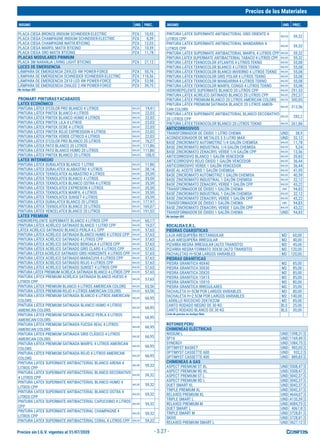 Precios sin I.G.V. vigentes al 31/07/2020
Precios de los Materiales
INSUMO UND. PREC. INSUMO UND. PREC.
- 3.27 -
PLACA CIEGA BRONCE IRIDIUM SCHNEIDER-ELECTRIC PZA 10,93
PLACA CIEGA CHAMPAGNE IRIDIUM SCHNEIDER-ELECTRIC PZA 8,39
PLACA CIEGA CHAMPAGNE MATIX BTICINO PZA 12,03
PLACA CIEGA MARFIL MATIX BTICINO PZA 10,59
PLACA CIEGA ORO MATIX BTICINO PZA 11,78
PLACAS MODULARES PRIMIUM
PLACA 3M NARANJA LIVING LIGHT BTICINO PZA 27,12
LUCES DE EMERGENCIA
LÁMPARA DE EMERGENCIA 2X9LED 4W POWER-FORCE PZA 50,76
LÁMPARA DE EMERGENCIA SCHNEIDER SCHNEIDER-ELECTRIC PZA 118,56
LÁMPARA DE EMERGENCIA 2X10 LED 4W POWER-FORCE PZA 53,98
LÁMPARA DE EMERGENCIA 2X6LED 2.4W POWER-FORCE PZA 39,75
No incluye IGV
PROMART-PINTURASYACABADOS
LATEX ECONÓMICO
PINTURA LÁTEX D'COLOR PRO BLANCO 4 LITROS BALDE 19,41
PINTURA LÁTEX PINTEK BLANCO 4 LITROS BALDE 22,03
PINTURA LÁTEX PINTEK BLANCO HUMO 4 LITROS BALDE 22,03
PINTURA LÁTEX PINTEK LILA 4 LITROS BALDE 22,03
PINTURA LÁTEX PINTEK OCRE 4 LITROS BALDE 22,03
PINTURA LÁTEX PINTEK ROJO EXPRESSION 4 LITROS BALDE 22,03
PINTURA LÁTEX PINTEK VERDE CÍTRICO 4 LITROS BALDE 22,03
PINTURA LÁTEX D'COLOR PRO BLANCO 20 LITROS BALDE 76,27
PINTURA LÁTEX PATO BLANCO 20 LITROS BALDE 111,86
PINTURA LÁTEX PATO BLANCO HUMO 20 LITROS BALDE 111,86
PINTURA LÁTEX PINTEK BLANCO 20 LITROS BALDE 108,9
LATEX INTERMEDIO
PINTURA LÁTEX DURALATEX BLANCO 1 LITRO BALDE 11,86
PINTURA LÁTEX DURALATEX ALABASTRO 4 LITROS BALDE 38,14
PINTURA LÁTEX TEKNOLATEX ALABASTRO 4 LITROS BALDE 35,59
PINTURA LÁTEX TEKNOLATEX BLANCO 4 LITROS BALDE 35,59
PINTURA LÁTEX TEKNOLATEX BLANCO OSTRA 4 LITROS BALDE 35,59
PINTURA LÁTEX TEKNOLATEX EXPRESION 4 LITROS BALDE 35,59
PINTURA LÁTEX TEKNOLATEX MARFIL 4 LITROS BALDE 35,59
PINTURA LÁTEX TEKNOLATEX SUNSET 4 LITROS BALDE 35,59
PINTURA LÁTEX DURALATEX BLANCO 20 LITROS BALDE 177,97
PINTURA LÁTEX TEKNOLATEX BLANCO 20 LITROS BALDE 169,07
PINTURA LÁTEX VENCELATEX BLANCO 20 LITROS BALDE 191,53
LATEX PREMIUM
HIDROREPELENTE SUPERMATE BLANCO 4 LITROS CPP BALDE 60,17
PINTURA LÁTEX ACRÍLICO SATINADO BLANCO 1 LITRO CPP BALDE 19,07
LÁTEX ACRÍLICO SATINADO BLANCO PERLA 4 L CPP BALDE 57,63
PINTURA LÁTEX ACRÍLICO SATINADA BLANCO HUMO 4 LITROS CPP BALDE 57,63
PINTURA LÁTEX ACRÍLICO SATINADO 4 LITROS CPP BALDE 57,63
PINTURA LÁTEX ACRÍLICO SATINADO BENGALA 4 LITROS CPP BALDE 57,63
PINTURA LÁTEX ACRÍLICO SATINADO GRIS CLARO 4 LITROS CPP BALDE 57,63
PINTURA LÁTEX ACRÍLICO SATINADO GRIS HORIZONTE 4 LITROS CPP BALDE 57,63
PINTURA LÁTEX ACRÍLICO SATINADO MARACUYÁ 4 LITROS CPP BALDE 57,63
PINTURA LÁTEX ACRÍLICO SATINADO ROJO 4 LITROS CPP BALDE 57,63
PINTURA LÁTEX ACRÍLICO SATINADO SUNSET 4 LITROS CPP BALDE 57,63
PINTURA LÁTEX PREMIUM ACRÍLICA SATINADA BLANCO 4 LITROS CPP BALDE 57,63
PINTURA LÁTEX PREMIUM ACRÍLICA SATINADA BLANCO HUESO 4
LITROS CPP
BALDE 57,63
PINTURA LÁTEX PREMIUM BLANCO 4 LITROS AMERICAN COLORS BALDE 63,56
PINTURA LÁTEX PREMIUM ROJO 4 LITROS AMERICAN COLORS BALDE 63,56
PINTURA LÁTEX PREMIUM SATINADA BLANCO 4 LITROS AMERICAN-
COLORS
BALDE 66,95
PINTURA LÁTEX PREMIUM SATINADA BLANCO HUMO 4 LITROS
AMERICAN COLORS
BALDE 66,95
PINTURA LÁTEX PREMIUM SATINADA BLANCO PERLA 4 LITROS
AMERICAN-COLORS
BALDE 66,95
PINTURA LÁTEX PREMIUM SATINADA FUCSIA REAL 4 LITROS
AMERICAN COLORS
BALDE 66,95
PINTURA LÁTEX PREMIUM SATINADA GRIS CLÁSICO 4 LITROS
AMERICAN COLORS
BALDE 66,95
PINTURA LÁTEX PREMIUM SATINADA MARFIL 4 LITROS AMERICAN
COLORS
BALDE 66,95
PINTURA LÁTEX PREMIUM SATINADA ROJO 4 LITROS AMERICAN
COLORS
BALDE 66,95
PINTURA LATEX SUPERMATE ANTIBACTERIAL BLANCO ARENA 4
LITROS CPP
BALDE 59,32
PINTURA LATEX SUPERMATE ANTIBACTERIAL BLANCO DECORATIVO
4 LITROS CPP
BALDE 59,32
PINTURA LATEX SUPERMATE ANTIBACTERIAL BLANCO HUMO 4
LITROS CPP
BALDE 59,32
PINTURA LATEX SUPERMATE ANTIBACTERIAL BLANCO OSTRA 4
LITROS CPP
BALDE 59,32
PINTURA LATEX SUPERMATE ANTIBACTERIAL CAPUCHINO 4 LITROS
CPP
BALDE 59,32
PINTURA LATEX SUPERMATE ANTIBACTERIAL CHAMPAGNE 4
LITROS CPP
BALDE 59,32
PINTURA LATEX SUPERMATE ANTIBACTERIAL CORAL 4 LITROS CPP BALDE 59,32
PINTURA LATEX SUPERMATE ANTIBACTERIAL GRIS ORIENTE 4
LITROS CPP
BALDE 59,32
PINTURA LATEX SUPERMATE ANTIBACTERIAL MANDARINA 4
LITROS CPP
BALDE 59,32
PINTURA LATEX SUPERMATE ANTIBACTERIAL MARFIL 4 LITROS CPP BALDE 59,32
PINTURA LATEX SUPERMATE ANTIBACTERIAL TABACO 4 LITROS CPP BALDE 59,32
PINTURA LÁTEX TEKNOCOLOR ATLANTIS 4 LITROS TEKNO BALDE 55,08
PINTURA LÁTEX TEKNOCOLOR BLANCO 4 LITROS TEKNO BALDE 55,08
PINTURA LÁTEX TEKNOCOLOR BLANCO INVIERNO 4 LITROS TEKNO BALDE 55,08
PINTURA LÁTEX TEKNOCOLOR GRIS POLAR 4 LITROS TEKNO BALDE 55,08
PINTURA LÁTEX TEKNOCOLOR MANDARINA 4 LITROS TEKNO BALDE 55,08
PINTURA LÁTEX TEKNOCOLOR MARFIL CONGO 4 LITROS TEKNO BALDE 55,08
HIDROREPELENTE SUPERMATE BLANCO 20 LITROS CPP BALDE 291,53
PINTURA LÁTEX ACRÍLICO SATINADO BLANCO 20 LITROS CPP BALDE 292,37
PINTURA LÁTEX PREMIUM BLANCO 20 LITROS AMERICAN COLORS BALDE 300,85
PINTURA LÁTEX PREMIUM SATINADA BLANCO 20 LITROS AMERI-
CAN COLORS
BALDE 313,56
PINTURA LATEX SUPERMATE ANTIBACTERIAL BLANCO DECORATIVO
20 LITROS CPP
BALDE 282,2
PINTURA LÁTEX TEKNOCOLOR BLANCO 20 LITROS TEKNO BALDE 261,86
ANTICORROSIVOS
TRANSFORMADOR DE ÓXIDO 1 LITRO CHEMA UND 38,9
ACONDICIONADOR DE METALES 3.5 LITRO MAX UND 32,12
BASE ZINCROMATO AUTOMOTRIZ 1/4 GALÓN CHEMISA BALDE 11,78
BASE ZINCROMATO INDUSTRIAL 1/4 GALÓN CHEMISA BALDE 9,24
BASE ZINCROMATO ZENACRYL VERDE 1/4 GALÓN CPP BALDE 13,56
ANTICORROSIVO BLANCO 1 GALÓN VENCEDOR BALDE 39,83
ANTICORROSIVO ROJO ÓXIDO 1 GALÓN VENCEDOR BALDE 36,44
ANTICORROSIVO VERDE 1 GALÓN VENCEDOR BALDE 36,44
BASE AL ACEITE GRIS 1 GALÓN CHEMISA BALDE 41,95
BASE ZINCROMATO AUTOMOTRIZ 1 GALÓN CHEMISA BALDE 40,59
BASE ZINCROMATO INDUSTRIAL 1 GALÓN CHEMISA BALDE 32,12
BASE ZINCROMATO ZENACRYL VERDE 1 GALÓN CPP BALDE 43,22
TRANSFORMADOR DE ÓXIDO 1 GALÓN CHEMA UND 94,83
BASE ZINCROMATO INDUSTRIAL 1 GALÓN CHEMISA BALDE 32,12
BASE ZINCROMATO ZENACRYL VERDE 1 GALÓN CPP BALDE 43,22
TRANSFORMADOR DE ÓXIDO 1 GALÓN CHEMA UND 94,83
BASE ZINCROMATO ZENACRYL VERDE 1 GALÓN CPP BALDE 43,22
TRANSFORMADOR DE ÓXIDO 1 GALÓN CHEMA UND 94,83
No incluye IGV.
ROCALISAS.R.L.
PIEDRAS CUARSITICAS
LAJA AREQUIPEÑA RECTANGULAR M2 60,00
LAJA AREQUIPEÑA IRREGULAR M2 40,00
PIZARRA NEGRA IRREGULAR (ALTO TRANSITO) M2 45,00
PIZARRA NEGRA FORMATO 30X30 (ALTO TRANSITO) M2 120,00
FACHALETAS H=5CM LARGOS VARIABLES M2 120,00
PIEDRAS GRANITICAS
PIEDRA GRANITICA 40X40 M2 85,00
PIEDRA GRANITICA 30X30 M2 85,00
PIEDRA GRANITICA 20X20 M2 85,00
PIEDRA GRANITICA 15X15 M2 85,00
PIEDRA GRANITICA 10X10 M2 80,00
PIEDRA GRANITICA IRREGULARES M2 35,00
FACHALETA H=5CM POR LARGOS VARIABLES M2 80,00
FACHALETA H=2.5CM POR LARGOS VARIABLES M2 140,00
LADRILLO ROCOCHO 20X7X2CM M2 85,00
CANTO RODADO NEGRO DE 30 KG BLS 25,00
CANTO RODADO BLANCO DE 30 KG BLS 30,00
Lista de precios no incluye flete
ROTONDEPERU
CHIMENEAS ELÉCTRICAS
NISSUM L UND 1398,31 $
SP16 UND 1169,49 $
SYNERGY UND 1084,75 $
OPTIMYST BASKET UND 983,05 $
OPTIMYST CASSETTE 600 UND 932,2 $
OPTIMYST CASSETTE 400 UND 889,83 $
CHIMENEAS A GAS
ASPECT PREMIUM ST XL UND 5508,47 $
ASPECT PREMIUM RD XL UND 5508,47 $
ASPECT PREMIUM ST L UND 5042,37 $
ASPECT PREMIUM RD L UND 5042,37 $
DUET SMART XL UND 5042,37 $
TRIPLE PREMIUM XL UND 5042,37 $
RELAXED PREMIUM XL UND 4644,07 $
TRIPLE SMART L UND 4135,59 $
RELAXED PREMIUM M UND 4084,75 $
DUET SMART L UND 4067,8 $
TRIPLE SMART M UND 3728,81 $
SKIVE UND 3728,81 $
RELAXED PREMIUM SMART L UND 3627,12 $
 