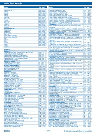 $ = Dólares Americanos, los demás en Nuevos Soles
Precios de los Materiales
INSUMO UND. PREC. INSUMO UND. PREC.
- 3.28 -
DUET SMART M UND 3627,12 $
ODENSE UND 3305,08 $
JELLING UND 3118,64 $
FYN 600 UND 2822,03 $
FARUM UND 2720,34 $
THE TUBE UND 2627,12 $
FOCUS 180 UND 2533,9 $
FYN 450 UND 2415,25 $
FOCUS 130 UND 2262,71 $
FOCUS 80 UND 2025,42 $
THE BUZZ UND 1923,73 $
FOCUS 60 UND 1872,88 $
FOCUS 40 UND 1745,76 $
CHIMENEAS A LEÑA
STILKAMIN XL UND 4813,56 $
STILKAMIN L UND 4491,53 $
STILKAMIN S UND 3644,07 $
SERE 100 UND 2872,88 $
GLANCE FREE STANDING UND 2796,61 $
GLANCE WALL MOUNTED UND 2796,61 $
E30L UND 2627,12 $
SERE 70 UND 2279,66 $
E30S UND 2271,19 $
H03/80 UND 2118,64 $
E20NS UND 1805,08 $
HGB70 UND 1601,69 $
NO INCLUYE IGV.
SODIMACS.A
CEMENTOS
CEMENTO REFRACTARIO 1000 BBQ BOLSA 5KG SCHEMIN BLS 12,29
CEMENTO REFRACTARIO YELLOW 5KG BLS 16,02
CEMENTO EXTRAFORTE 42.5 KG PACASMAYO BLS 15,85
CEMENTO TIPO I HUASCARÁN 20 KG COMACSA BLS 18,9
CEMENTO MOCHICA ROJO 42.5 KG PACASMAYO BLS 19,58
CEMENTO ANDINO TIPO HS BLS 20,76
CEMENTOS GRANEL
CEMENTO BLANCO 1 KG CHEMA KG 3,56
CEMENTO GRIS X 1 KG MARTELL KG 2,12
MEZCLAS PREDOSIFICADAS
CONCRETO FACIL 40 KG TOPEX BLS 10,08
MORTERO FACIL 40 KG TOPEX BLS 10,08
PARED LISTA 40 KG TOPEX BLS 10,08
AGREGADOS
ARENA FINA M3 TOPEX M3 42,37
ARENA FINA 40 KG TOPEX BLS 5,85
ARENA FINA X 2KG MARTELL BLS 1,86
ARENA GRUESA 40 KG TOPEX BLS 5,85
ARENA GRUESA X 2KG MARTELL BLS 2,54
PIEDRA CHANCADA 1/2" 1 M3 TOPEX M3 54,15
PIEDRA CHANCADA 1/2" 40 KG TOPEX BLS 5,85
OCRE
OCRE NEGRO BOLSA 1 KG TOPEX KG 11,78
OCRE ROJO BOLSA 1 KG TOPEX KG 13,47
OCRE VERDE BOLSA 1 KG TOPEX KG 10,93
OCRE AMARILLO BOLSA 1 KG TOPEX KG 10,93
COMPLEMENTOS
YESO 2 KG P.E BLS 5,93
CAL DE OBRA X 20 KG MARTELL BLS 11,78
LADRILLOS
LADRILLO REFRACTORIO 1 1/4" SCHEMIN PZA 4,24
LADRILLO REFRACTORIO 1" SCHEMIN PZA 4,07
LADRILLO REFRACTORIO 3/4" SCHEMIN PZA 3,31
LADRILLO TECHO 8 PIRAMIDE PZA 1,97
LADRILLO KK 18H HERCULES MLL 0,6
CASETONES
CASETON 1.20X0.3X0.15M INDUPOL PZA 8,05
CASETON 1.20X 0.3X0.12 M INDUPOL PZA 7,2
CANALETAS
ABRAZADERA MATUSITA TIGRE PZA 3,56
ACOPLE CIRCULAR MATUSITA TIGRE PZA 7,54
ANGULO EXTERNO MATUSITA TIGRE PZA 16,86
ANGULO INTERNO MATUSITA TIGRE PZA 16,86
CANALETA DN 125MMX3MT MATUSITA TIGRE PZA 44,83
CODO 60º CIRCULAR MATUSITA TIGRE PZA 8,39
CODO 90º CIRCULAR MATUSITA TIGRE PZA 8,39
CONDUCTOR CIRCULAR 125 MM X 3 MT MATUSITA TIGRE PZA 44,83
EMBUDO MATUSITA TIGRE PZA 21,1
RAMAL 60º CIRCULAR MATUSITA TIGRE PZA 10,93
REJILLA MATUSITA TIGRE PZA 3,56
SOPORTE DOBLADO MATUSITA TIGRE PZA 8,39
SOPORTE METALICO MATUSITA TIGRE PZA 40,59
SOPORTE PVC MATUSITA TIGRE PZA 6,69
TAPA DERECHA MATUSITA TIGRE PZA 7,54
TAPA IZQUIERDA MATUSITA TIGRE PZA 7,54
UNION CANALETA MATUSITA TIGRE PZA 12,63
VARILLA METALICA MATUSITA TIGRE PZA 36,36
CONECTOR HCP BASE CLEAR 5.90 M POLYARQ PZA 61,78
CONECTOR HCP TAPA CLEAR 5.90 M POLYARQ PZA 61,78
ANGULO PLANO BLANCO 22 X 10 MM SCHNEIDER ELECTRIC PZA 1,86
ANGULO EXTERNO BLANCO 22 X 10 MM SCHNEIDER ELECTRIC PZA 2,12
ANGULO INTERNO BLANCO 22 X 10 MM SCHNEIDER ELECTRIC PZA 1,86
SELLO DE GOMA CANALETA MATUSITA TIGRE PZA 1,02
CALAMINAS
TECHO TRAPEZOIDAL PV4 TUPEMESA 1.05 M X 3.60M 0.30MM
TUPEMESA
PZA 63,47
CALAMINA METÁLICA 0.22MM X 0.8MM X 3.6M ACEROS AREQUIPA PZA 20,68
CALAMINA METÁLICA 0.20 MM X 0.8 M X 3.6 M ACEROS AREQUIPA PZA 18,98
CALAMINA GALVANIZADA 0.14MM X 0.80 M X 1.8 M SIDER PZA 8,39
TECHO DE POLIPROPILENO
TECHO ONDA 177 BLANCO 3.05 X 1.10 M X 1 MM FIBRAFORTE PZA 84,66
TECHO ONDA 177 ARENA 3.05 X 1.10 M X 1 MM FIBRAFORTE PZA 42,29
PLANCHA ONDULADA TAMICORP 1.6 MM 1.10 M X 3.05M ROJO P.E PZA 55,85
TECHO DE POLIPROPILENO FLEXIFORTE ROJO 1.2MM-1.1X3.05M
FIBRAFORTE
PZA 25
TECHO DE POLIPROPILENO TEJAFORTE ROJO 0.9 MM 1.15X0.76 M
FIBRAFORTE
PZA 28,47
CARPINTECHO ECONÓMICO BLANCO 3.00 X 1.05 M FIBRAFORTE PZA 33,81
TECHO POLIPROPILENO TRASLUCIDO AMBAR 3.05 X 1.10M X 1MM P.E PZA 47,37
TECHO DE POLIPROPILENO TECHOPLUS BLANCO 1MM X 0.83 X
1.83 M FIBRAFORTE
PZA 27,88
CUMBRERATEJAFORTE POLIPROPILENO 1.10 MM X 0.76 M FIBRAFORTE PZA 29,58
TECHO DE FIBROCEMENTO
PERFIL 4MM DE 3.05 X 1.10M VERDE ETERNIT PZA 40,59
TEJA DE ARCILLA COCIDA PIRAMIDE PZA 1,67
TECHO DE FIBRA VEGETAL
CUMBRERA DE FIBRA VEGETAL 2 M X 0.52 ONDULINE PZA 36,36
PLANCHA DE POLICARBONATO
PLANCHA ALVEOLAR POLICARBONATO AMARILLO 6 MM 2.95 X
1.05 M POLYARQ
PZA 131,27
PLANCHA ALVEOLAR POLICARBONATO AZUL 6 MM 2.95 X1.05 M
POLYARQ
PZA 148,22
PLANCHA ALVEOLAR POLICARBONATO BRONCE 6 MM 2.95X1.05M
POLYARQ
PZA 118,56
PLANCHA ALVEOLAR POLICARBONATO CLEAR 6 MM 5.80X1.05M
POLYARQ
PZA 199,07
PLANCHAALVEOLARPOLICARBONATOTURQUESA6MM2.95X1.05M POLYARQ PZA 127,03
PLANCHA DE POLIBAMBU CLEAR 8 MM 1 X 2 M POLYARQ PZA 254,15
LÁMINAS CORRUGADAS DE POLICARBONATO 0.81 X 3.05 X 0.6 MM
PLAZIT POLYGAL
PZA 63,47
CONECTOR HCP TAPA CLEAR 2.95 M POLYARQ PZA 36,36
CONECTOR HCP BASE CLEAR 2.95 M POLYARQ PZA 36,36
CONECTOR UP4 6MM CLEAR 2.10 M POLYARQ PZA 10,93
KIT INSTALACIÓN POLICARBINATO POLYARQ JGO 36,36
PLANCHA ALVEOLAR POLICARBONATO TRASLÚCIDO 6 MM 5.80 X
2.10 M POLYARQ
PZA 381,27
CIELO RASO
CIELO RASO ENCORE 1/2X2X4 12 UNIDADES AMSTRONG PZA 18,9
CIELO RASO OLYMPIA 1.20 X 0.60 M X 12 MM SKYLINE PZA 18,66
CIELO RASO BALDOSA FISSURE TOPEX PZA 16,06
CIELO RASO BALDOSA DE POLICARBONATO 8 UNIDADES 1.22 X 0.61
X 4 MM POLYARQ
PZA 22,58
PLANCHA DE YESO
PLANCHA DE DRYWALL 1/2" X 1.22 X 2.44 M RH VOLCAN PZA 24,15
PLANCHA DE DRYWALL 1/2" X 1.22 X 2.44 M VOLCAN PZA 18,56
PLANCHA DE DRYWALL 3/8" X 1.22 X 2.44 M ST GYP P.E PZA 17,71
PLANCHA DE DRYWALL 1/2" X 1.22 X 2.44 M RF VOLCAN PZA 25,85
PLANCHA DE FIBROCEMENTO
PLANCHA DE FIBROCEMENTO 8MM X 2.44 M X 1.22 M VOLCAN PZA 49,15
PLANCHA DE FIBROCEMENTO 6 MM X 2.44 M X 1.22 M VOLCAN PZA 36,44
PLANCHA DE FIBROCEMENTO 4MM X 2.44 M X 1.22 M VOLCAN PZA 20,76
MULTIPLACA CIELO 0.605M X 1.215M X 4MM (CJX6) PZA 45,93
ADOQUIN
BLOQUE PARA GRASS 30 X 30 X 8 CM MICHI P.E PZA 3,81
ADOQUIN ROJO 10X20X6.0CM UNICOM M2 0,8
ADOQUIN RECTO 10X20X4.0CM AMARILLO P.E M2 0,69
ADOQUIN RECTO 10X20X4.0CM NATURAL P.E M2 0,64
ADOQUIN RECTO 10X20X4.0CM NEGRO P.E M2 0,69
ADOQUIN RECTO 10X20X4.0CM ROJO P.E M2 0,68
BLOCK DE VIDRIO
BALDOSA DE VIDRIO 3CM X 19X19CM P.E PZA 13,47
BLOCK DE VIDRIO BURBUJA 8X19X19 CM GLASS BLOCK PZA 9,24
BLOCK DE VIDRIO CUADRICULADO 8X24X24 CM P.E PZA 27,88
BLOCK DE VIDRIO CUADROS 8X19X19 CM GLASS BLOCK PZA 6,69
BLOCK DE VIDRIO OLAS 8X19X19 CM AZUL GLASS BLOCK PZA 18,56
 