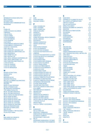 - 3.2 -
I
IMPRIMANTE DE BASE ASFÁLTICA 3.7
INSTITUCIONAL 3.21
INTERRUPTORES 3.26
INTERRUPTORES TERMOMAGNETICOS 3.24
INVERSORES 3.22
L
LADRILLOS 3.28
LADRILLOS SILICO CALCAREOS 3.8
LÁMPARAS 3.22
LANA DE ROCA 3.14
LANA DE VIDRIO 3.14
LATEX ECONÓMICO 3.27
LATEX INTERMEDIO 3.27
LATEX PREMIUM 3.27
LAVATORIOS 3.20
LEVANTAMIENTO ARQUITECTONICO 3.7
LEVANTAMIENTO TOPOGRAFICO 3.23
LIGANTES Y ADHESIVOS 3.7
LINEA CNITA LED 3.22
LINEA DOWNLIGHT ADOSABLE LED 3.21
LINEA DOWNLIGHT EMPOTRABLE LED 3.21
LINEA EMERGENCIA 3.22
LINEA HERMETICA LED 3.22
LINEA HIGH BAY LED 3.22
LINEA LINEAL ADOSADA/SUSPENDIDA LED 3.22
LINEA LINEAL EMPOTRABLE LED 3.21
LINEA PANELERIA EMPOTRADA LED 3.22
LLAVE DE DUCHA 3.30
LLAVE DE LAVADERO 3.31
LLAVE DE LAVATORIO 3.31
LUCES DE EMERGENCIA 3.27
M
MADERA ESTRUCTURAL 3.29
MADERA SECA 3.29
MADERAS 3.16
MAGUERA DE PVC 3.16
MAGUERA POR GOTEO 3.16
MALLAS Y ALAMBRES GALVANIZADAS 3.9
MANOMETROS 3.13
MAQUINA 3.12
MASILLA PARA PREPARAR 3.14
MASILLA PREMEZCLADA 3.15
MEJORADOR DE ADHERENCIA
TIPO AMINA P/ASFALTOS 3.7
METAL SISTEMA ESPECIFICO 3.14
METAL SISTEMA ESPECIFICO 3.14
MEZCLA ASFALTICA INSTANTANEA 3.7
MEZCLADORA DE BIDET 3.31
MEZCLADORA DE DUCHA 3.31
MEZCLADORA DE DUCHA TINA 3.31
MEZCLADORA DE LAVADERO 3.31
MEZCLADORA DE LAVATORIO 3.31
MEZCLADORAS DE LAVATORIO 3.31
MEZCLAS PREDOSIFICADAS 3.28
MORTERO AUTONIVELANTE 3.17
MULTIPLACA 3.14
MURETES MONF. Y TRIF-SOLADOS/
CAJAS POZO TIERRA 3.9
N
NEW JERSEY DE CONCRETO
SEPARADORES VIALES 3.9
GRUPO PAG. GRUPO PAG. GRUPO PAG.
O
OCRE 3.28
OTRAS PINTURAS 3.14
OVALINES Y BOWLS 3.21
P
PANEL TECNOBLOCK 3.29
PANEL TECNOMIX 3.29
PANEL TECNOPLACA 3.29
PANELES SOLARES 3.22
PARANTES 3.15
PARARRAYOS 3.23
PARIHUELAS 3.16
PERNO HEXAGONAL ROSCA CORRIENTE
GRADO 2 ZINCADO 3.5
PICAPORTES 3.10
PIEDRAS CUARSITICAS 3.27
PIEDRAS GRANITICAS 3.27
PISOS 3.23
PISOS ESTRUCTURADOS 3.16
PLACA COLABORANTE 3.6
PLACA DE YESO ESTANDAR 3.14
PLACA DE YESO RESISTENTE A LA
HUMEDAD 3.14
PLACA DE YESO RESISTENTE AL FUEGO 3.14
PLACAS AISLANTES ALTA DENSIDAD 3.14
PLACAS ARMADAS 3.26
PLACAS MODULARES 3.26
PLACAS MODULARES PREMIUM 3.27
PLACAS SILICO CALCAREAS 3.8
PLACAS TRANSLUCIDAS 3.14
PLANCHA DE FIBROCEMENTO 3.29
PLANCHA DE POLICARBONATO 3.28
PLANCHA DE YESO 3.28
PLANCHA MULTI-DECK 3.6
PLANCHA NEGRA DELGADA LAC 3.7
PLANCHA NEGRA DELGADA LAF 3.7
PLANCHA NEGRA GRUESA LAC 3.7
PLANCHA TERMOPOR (POLIESTIRENO
EXPANDIDO) P/CONSTRUCCION 3.17
PLANCHA TERMOPOR (POLIESTIRENO
EXPANDIDO) P/REFIGERACION 3.17
PLATINA FIERRO NEGRO 3.6
POLIURETANO PARA PISOS 3.17
POSTES DE CONCRETO PARA CERCO
DE ALAMBRE 3.9
PREFABRICADO DE CONCRETO 3.11
PRESAESTOPA 3.25
PRESOSTATO 3.12
PRODUCTOS DE CONCRETO 3.8
PRODUCTOS EMBOLSADOS 3.9
PRODUCTOS PARA JUNTAS 3.7
PROTECTORES DE SOBRETENSIONES
Y PICOS DE VOLTAJE 3.23
PROYECTORES 3.21
PUESTA A TIERRA Y ACCESORIOS 3.23
R
RANURADOS 3.12
REFLECTORES LED 3.22
REGISTROS Y SUMIDEROS 3.10
REMOVEDOR DE INCRUSTACIONES
DE FRAGUA Y CEMENTO 3.17
REPARACIONES Y ANCLAJES 3.7
RIELES 3.15
ROCIADORES, MANGUERAS Y PITONES 3.12
ROPA Y ACCESORIOS PARA BOMBEROS 3.11
S
SANITARIOS 3.20
SARDINELES Y ELEMENTOS VIALES 3.9
SELLADOR ELASTOMERICO PARA
GRIETAS Y FISURAS 3.7
SELLOS CORTAFUEGOS 3.14
SEÑALÉTICA INDECI 3.7
SERVICIO DE BOMBA DE CONCRETO 3.29
SERVICIOS 3.16
SISTEMA DE AUTOMATIZACIÓN 3.21
SOLDADURA 3.7
SOQUETS 3.25
SOUND BOARD 3.14
SUPER MORTERO 3.9
SUPERBOARD 3.14
SUPERMORTERO 3.22
SUSPENSIONES 3.15
T
TABLERO OSB 3.29
TABLEROS MDF 3.29
TAMBORES 3.9
TANQUE HIDRENEUMATICO DE DIAF
VERT CON BASE VALUE WELL AMTROL-USA 3.12
TAPA CIEGA 3.25
TARRAJEOLISTO 3.22
TECHO DE FIBRA VEGETAL 3.28
TECHO DE FIBROCEMENTO 3.28
TECHO DE METAL 3.15
TECHO DE POLIPROPILENO 3.28
TEJAS DECORATIVAS 3.14
TOMAS 3.25
TOPES DE BORDE 3.6
TOPES DE CIERRE 3.6
TOPOGRAFIA 3.16
TORNILLOS Y CLAVOS 3.15
TRIPLAY 3.29
TRIPLAY NACIONAL DE LUPUNA /
CAPINURI / IMPORTADO 3.16
TUBERÍA ELÉCTRICA SAP 3.24
TUBERÍA ELÉCTRICA SEL 3.25
TUBO COBRE TIPO K 3.11
TUBO COBRE TIPO L 3.11
TUBO COBRE TIPO M 3.11
TUBO FIERRO NEGRO ELECTROSOLDADO 3.7
TUBOS Y ACCESORIOS DE ACERO
GALVANIZADO 3.9
TUERCA HEXAGONAL ROSCA
CORRIENTE GRADO 2 ZINCADO 3.6
V
VALVULA TIPO ANGULAR 3.12
VALVULA TIPO CHECK-RANURA 3.12
VALVULA TIPO MARIPOSA RANURADA 3.12
VALVULA TIPO SIAMESA 3.12
VÁLVULAS 3.15
VALVULAS VARIOS 3.10
VARILLA ROSCADA ZINCADA X
1 MT. GRADO 2 3.6
VARILLA ROSCADA ZINCADA X
1.80 MT. GRADO 2 3.6
VARIOS 3.10
VIGAS H20 3.16
VIGUETA (1) 3.9
Z
ZÓCALOS 3.23
 
