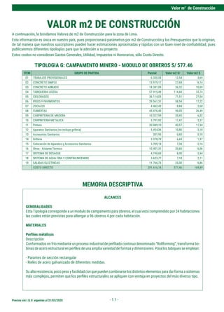 Valor m2
de Construcción
Precios sin I.G.V. vigentes al 31/03/2020 - 1.1 -
ALCANCES
GENERALIDADES
Esta Tipología corresponde a un modulo de campamento para obreros, el cual esta comprendido por 24 habitaciones
las cuales están previstas para albergar a 96 obreros 4 por cada habitación.
MATERIALES
Perfiles metálicos
Descripción
Conformados en frío mediante un proceso industrial de perfilado continuo denominado “Rollforming”, transforma bo-
binas de acero estructural en perfiles de una amplia variedad de formas y dimensiones. Para los tabiques se emplean:
- Parantes de sección rectangular
- Rieles de acero galvanizado de diferentes medidas.
Sualtaresistencia,pocopesoyfacilidadconquepuedencombinarselosdistintoselementosparadarformaasistemas
más complejos, permiten que los perfiles estructurales se apliquen con ventaja en proyectos del más diverso tipo.
A continuación, le brindamos Valores de m2 de Construcción para la zona de Lima.
Esta información es única en nuestro país, pues proporcionará parámetros por m2 de Construcción y los Presupuestos que lo originan,
de tal manera que nuestros suscriptores pueden hacer estimaciones aproximadas y rápidas con un buen nivel de confiabilidad, pues
publicaremos diferentes tipologías para que la adecúen a su proyecto.
Estos costos no consideran Gastos Generales, Utilidad, Impuestos ni Honorarios, sólo Costo Directo.
TIPOLOGIA G: CAMPAMENTO MINERO - MODULO DE OBREROS S/ 577.46
MEMORIA DESCRIPTIVA
VALOR m2 DE CONSTRUCCIÓN
ITEM GRUPO DE PARTIDA Parcial Valor m2 S/ Valor m2 $
01 TRABAJOS PROVISIONALES 6.330,58 12,54 3,69
02 CONCRETO SIMPLE 13.979,17 27,68 8,14
03 CONCRETO ARMADO 18.341,09 36,32 10,69
04 TABIQUERIA LIGERA 57.915,49 114,68 33,74
05 CIELORASOS 36.114,05 71,51 21,04
06 PISOS Y PAVIMENTOS 29.561,31 58,54 17,22
07 ZOCALOS 4.462,43 8,84 2,60
08 CUBIERTAS 45.476,40 90,05 26,49
09 CARPINTERIA DE MADERA 10.327,99 20,45 6,02
10 CARPINTERIA METALICA 5.791,92 11,47 3,37
11 Pintura 20.489,10 40,57 11,94
12 Aparatos Sanitarios (no incluye griferia) 5.454,36 10,80 3,18
13 Accesorios Sanitarios 301,95 0,60 0,18
14 Grifería 3.378,79 6,69 1,97
15 Colocación de Aparatos y Accesorios Sanitarios 3.709,14 7,34 2,16
16 Otros - Aislante Termico 10.401,31 20,60 6,06
17 SISTEMA DE DESAGUE 4.190,60 8,30 2,44
18 SISTEMA DE AGUA FRIA Y CONTRA INCENDIO 3.623,77 7,18 2,11
19 SALIDAS ELECTRICAS 11.766,73 23,30 6,86
COSTO DIRECTO 291.616,18 577,46 169,89
 