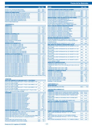 Precios sin I.G.V. vigentes al 31/03/2020
Precios de los Materiales
INSUMO UND. PREC. INSUMO UND. PREC.
- 3.9 -
PLACA P-14 14 X 50 X 25 CM C/CANAL MLL 4600
PLACA P-12 DE 12 X 50 X 25 CM C/CANAL MLL 4050
PRODUCTOS EMBOLSADOS
MORTERO FINO PARA SOLAQUEOS DE MUROS 40 KG BLS 5.6
MORTERO FINO PARA TARRAJEO DE MUROS 40 KG BLS 5.6
MORTERO GRUESO PARA MUROS DIVISORIOS 40 KG BLS 5.6
MORTERO GRUESO PARA MUROS PORTANTES 40 KG BLS 6.4
CONCRETO PARA MUROS DIVISORIOS 40 KG BLS 6.3
CONCRETO PARA MUROS PORTANTES 40 KG BLS 7.9
Precios no incluyen transporte a obra.
CONCREMAXS.A.
VIGUETA (1)
VIGUETA V101 M 10,74
VIGUETA V102 M 11,8
VIGUETA V103 M 12,52
VIGUETA V104 M 13,56
VIGUETA V105 M 15,32
BOVEDILLA DE ARCILLA (2)
BOVEDILLA 12CM @50CM PZA 2,31
BOVEDILLA 15CM @50CM PZA 2,32
BOVEDILLA 20CM @50CM PZA 2,82
BOVEDILLA 25CM @50CM PZA 3,82
MEDIA BOVEDILLA 15CM @50CM PZA 2,01
BANDEJA @50CM PZA 2,16
BOVEDILLA DE CONCRETO (3)
BOVEDILLA DE CONCRETO 15@50 CM PZA 1,53
BOVEDILLA DE CONCRETO 20@50 CM PZA 1,8
MEDIA BOVEDILLA DE CONCRETO 15@50 CM PZA 1,32
MEDIA BANDEJA DE CONCRETO @50 CM PZA 0,88
BANDEJA DE CONCRETO @ 50 CM PZA 1,15
BANDEJA DE CONCRETO @ 50 CM PARA MIX PZA 0,89
BANDEJA DE CONCRETO @ 60 CM PARA MIX PZA 1,26
BOVEDILLA DE POLIESTIRENO (4)
BLOQUE RECTO POLIESTIRENO 0.08X0.38X1M/D10 PZA 2,7
BLOQUE RECTO POLIESTIRENO 0.11X0.38X1M/D10 PZA 3,71
BLOQUE RECTO POLIESTIRENO 0.16X0.38X1M/D10 PZA 5,39
BLOQUE RECTO POLIESTIRENO 0.05X0.48X1M/D10 PZA 2,28
BLOQUE RECTO POLIESTIRENO 0.08X0.48X1M/D10 PZA 3,78
BLOQUE RECTO POLIESTIRENO 0.13X0.48X1M/D10 PZA 6,23
BOVEDILLA POLIESTIRENO 12@50/1M/D10/LS PZA 4,93
BOVEDILLA POLIESTIRENO 15@50/1M/D10/LS PZA 6,16
BOVEDILLA POLIESTIRENO 20@50/1M/D10/LS PZA 8,21
BOVEDILLA POLIESTIRENO 12@50/1M/D12/LS PZA 5,67
BOVEDILLA POLIESTIRENO 15@50/1M/D12/LS PZA 7,08
BOVEDILLA POLIESTIRENO 20@50/1M/D12/LS PZA 9,45
BOVEDILLA POLIESTIRENO 12@50/1M/D15/LS PZA 7,7
BOVEDILLA POLIESTIRENO 15@50/1M/D15/LS PZA 9,63
BOVEDILLA POLIESTIRENO 20@50/1M/D15/LS PZA 12,83
Precios unitarios no incluyen IGV. (1) Precio puesto en Planta Villa (2) precio puesto en fábrica de ladrillos (3) precio
puesto en planta ancieta (4) precio puesto en obra
CONSYCON
DUCTO DE CONCRETO P/CABLEADO ELECT. Y TELEFÓNICO
DUCTO DE CONC P/CABLEADO ELECT. Y TELEF 2 VIAS SIMPLE 1.00
X 0.25 X 0.15 ML Ø 90 MM
M 14
DUCTO DE CONC P/CABLEADO ELECT. Y TELEF 2 VIAS SIMPLE 1.00
X 0.25 X 0.15 ML Ø110 MM
M 21
DUCTO DE CONC P/CABLEADO ELECT. Y TELEF 4 VIAS SIMPLE 1.00
X 0.25 X 0.25 ML Ø 90 MM.
M 19
DUCTO DE CONC ALIGERADO P/CABLEADO ELECT. Y TELEF 4 VIAS
SIMPLE 1.00 X 0.25 X 0.25 ML Ø 90 MM.
M 26
ADOQUINES
ADOQUIN DE CONCRETO 10X20X4.0CM NATURAL M2 20
ADOQUIN DE CONCRETO 10X20X4.0CM NEGRO M2 25,9
ADOQUIN DE CONCRETO 10X20X4.0CM ROJO M2 24,25
ADOQUIN DE CONCRETO 10X20X4.0CM AMARRILLO M2 23,75
ADOQUIN DE CONCRETO 10X20X6.0CM NATURAL M2 24,5
ADOQUIN DE CONCRETO 10X20X6.0CM NEGRO M2 30,5
ADOQUIN DE CONCRETO 10X20X6.0CM ROJO M2 28,5
ADOQUIN DE CONCRETO 10X20X6.0CM AMARRILLO M2 27,9
ADOQUIN DE CONCRETO 10X20X8.0CM NATURAL M2 27,5
ADOQUIN DE CONCRETO 10X20X8.0CM NEGRO M2 36,3
ADOQUIN DE CONCRETO 10X20X8.0CM ROJO M2 35
ADOQUIN DE CONCRETO 10X20X8.0CM AMARRILLO M2 34,25
CERCOS PREFABRICADOS
CERCOS PREF UNI 2.40X0.28X0.15 M+0.35 ANCLAJE FEØ8MM UND 56
CERCOS PREF PERSIANA 3.20X0.35X0.05 M UND 65
CERCOS PREF AEROPUERTO 2.70X0.45X0.10 M UND 79
CERCOS PREF UNI 2.40 X 0.28 X 0.15 M + 0.35 ANCLAJE FEØ 3/8MM UND 59
CERCOS PREF TIPO LISTOS PLACAS H=2.40 (INLUYE POSTE Y
PLACA)
M 95
CERCOS PREF TIPO LISTOS PLACAS H=3.00 M 125
PLACAS DE CONCRETO 2.00 X 0.50 X 0.045ML. UND 31
POSTES DE CONCRETO PARA CERCO DE ALAMBRE
POSTE CONCRETO P/CERCOS PTA QUEBRADA 3.00 X 0.12 X 0.12 M UND 55
POSTE CONCRETO P/CERCOS RECTO 3.00 X 0.12 X 0.12 M UND 65
POSTE CONCRETO P/CERCOS RECTO 3.00 X 0.10 X 0.10 M UND 50
POSTE CONCRETO P/CERCOS RECTO 3.00 X 0.14 X 0.14 M UND 59
POSTE CONCRETO P/CERCOS PTA QUEBRADA 4.00 X 0.20 X 0.125 M UND 108
MURETES MONF. Y TRIF-SOLADOS/CAJAS POZO TIERRA
CAJA DE CONCRETO PORTAMEDIDOR DE 1/2" UND 14
SOLADO PARA CAJA CONCRETO PORTAMEDIDOR 1/2" UND 5
CAJA DE CONCRETO PORTAMEDIDOR DE 1" UND 17
SOLADO PARA CAJA CONCRETO PORTAMEDIDOR DE 1" UND 6
CAJA Y TAPA DE CONCRETO PUESTA A TIERRA 0.40X0.40 M UND 28
CAJA Y TAPA DE CONCRETO REGISTRO DESAGUE
CAJA CONCRETO P/ DESAGUE 12"X24",BASE UND 13
CAJA CONCRETO P/ DESAGUE 12"X24",INTERMEDIO UND 11
CAJA CONCRETO P/ DESAGUE 12"X24",PESTAÑA UND 9
TAPA DE CONCR P/REGISTRO DE DESAGUE 12"X24" UND 15
CAJA CONCRETO P/ DESAGUE 24"X 24",BASE UND 45
CAJA CONCRETO P/ DESAGUE 24"X24",INTERMEDIO UND 30
CAJA CONCRETO P/ DESAGUE 24"X24",PESTAÑA UND 30
TAPA DE CONCR P/REGISTRO DE DESAGUE 24"X24" UND 40
BUZONES PREFABRICADOS DE CONCRETO
BUZON PREFABRICADO DE CONCRETO D=1.20 H: 1,20 ML JGO 1090
TAPA DE CONCRETO CON MARCO DE FE FO PARA BUZONES DE
CONCRETO Ø 0,60
JGO 210
BUZON PREFABRICADO DE CONCRETO D=1.50 H: 3.00 ML JGO 2900
NEW JERSEY DE CONCRETO SEPARADORES VIALES
BARRERA NEW JERSEY/SEPARADOR VIAL DE CONCRETO H=2.20/
ML X 2.00MT
UND 780
BARRERA NEW JERSEY/SEPARADOR VIAL DE CONCRETO H=1.50/
ML X 1.00MT
UND 630
BARRERA NEW JERSEY/SEPARADOR VIAL DE CONCRETO H=0.80/
ML X 2.40MT
UND 480
BARRERA NEW JERSEY/SEPARADOR VIAL DE CONCRETO H=0.80/
ML X 3.00MT
UND 600
BARRERA NEW JERSEY/SEPARADOR VIAL DE CONCRETO H=1.80/
ML X 2.00MT
UND 700
BARRERA NEW JERSEY/SEPARADOR VIAL DE CONCRETO CON FE
1/2 H=1.80/ML X 3.00MT
UND 1300
ARQUETAS Ó CAMARAS DE PASO
CAMARAS DE PASO 0.60 X 0.60 X 1.50 UND 590
CAMARAS DE PASO 0.70 X 0.70 X 0.60 (INCLUYE TAPA 0.55 X 0.55
X 0.05)
JGO 290
CAMARAS DE PASO 1.30 X 1.30 X 1.10ML UND 1130
CAMARAS DE PASO 1.40 X 1.40 X 1.10ML ¤ 1535
SARDINELES Y ELEMENTOS VIALES
SARDINEL 0.20X0.50X0.80M UND 26
SARDINEL 1.00 X 0.12 X 0.30ML. UND 17.2
SARDINEL 1.00 X 0.30 X 0.16ML. M 24.35
SARDINEL 1.00 X 0.30 X 0.20ML. UND 28.8
TOPELLANTAS DE CONCRETO 1.80ML UND 38
TOPELLANTAS DE CONCRETO 0.50CM UND 15
BLOQUE CONTRA IMPACTO H=2.00M. UND 240
SARDINEL 0.15X0.35X0.80M UND 25
CONTEGROUPS.A.C.
SUPER MORTERO
MASSA DUN DUN (BOLSA DE 3KG) BLS 9 $
CORPORACIÓNLASIRENAS.A.C.
TAMBORES
TAMBOR PERA 60MM CR30-301 NIQUELADO MARCA HERRAYMA PZA 32,15
TAMBOR PERA 60MM 9500.60 4590 BRONCE MATE MARCA AMIG PZA 22,80
TAMBOR PERA 70MM ALTA SEGURIDAD 9850-70 BRONCE MATE
MARCA AMIG
PZA 40,88
TAMBOR PERA 70MM ALTA SEGURIDAD 9850-70 CROMO MATE
MARCA AMIG
PZA 39,93
TAMBOR PERA 62MM 10522 CROMO MATE MARCA YALE PZA 21,35
MALLAS Y ALAMBRES GALVANIZADAS
ALAMBRE ACERO GALVANIZADO N 8 - MARCA PRODAC KG 4,52
ALAMBRE ACERO GALVANIZADO N 10 - MARCA PRODAC KG 4,52
ALAMBRE ACERO GALVANIZADO N 12 - MARCA PRODAC KG 4,61
ALAMBRE ACERO GALVANIZADO N 14 - MARCA PRODAC KG 4,88
ALAMBRE ACERO GALVANIZADO N 16 - MARCA PRODAC KG 5,50
ALAMBRE ACERO GALVANIZADO N 18 - MARCA PRODAC KG 5,88
TUBOS Y ACCESORIOS DE ACERO GALVANIZADO
NIPLE ACERO GALVANIZADO TIPO ISO I 1" X 1 1/2" -MARCA
S.EMILIA
PZA 1,44
CODO ACERO GALV. TIPO ISO I 1/2" X 45°-MARCA CIFUNSA PZA 1,91
NIPLE ACERO GALVANIZADO TIPO ISO I 1 1/4" X 1 1/2" -MARCA
S.EMILIA
PZA 2,04
NIPLE ACERO GALVANIZADO TIPO ISO I 1" X 2" -MARCA S.EMILIA PZA 1,86
 