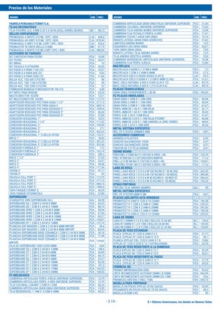 $ = Dólares Americanos, los demás en Nuevos Soles
Precios de los Materiales
INSUMO UND. PREC. INSUMO UND. PREC.
- 3.14 -
FABRICAPERUANAETERNITS.A.
TEJAS DECORATIVAS
TEJA PIZARRA CLS. 4 MM 0.20 X 0.40 M (AZUL, BARRO, NEGRA) M2 48,12
SELLOS CORTAFUEGOS
PROMASEAL-A WHITE 310 ML 12PC / BOX CJA 440,6
PROMASEAL-AG GREY 310 ML 12PC / BOX CJA 870,45
PROMASEAL-S GREY 310 ML CART 12PC / BOX CJA 525,6
PROMASTOP W CINTA (ROLLO X18M) UND 617,9
PROMASEAL-S WHITE 310 ML CART 12PC / BOX CJA 588,36
ACCESORIO DE TANQUES
KIT CARTUCHO PARA FILTRO PZA 10,08
KIT FILTRO PZA 26,47
KIT BRIDA PZA 10
KIT VALVULA FLOTADORA PZA 26,05
KIT-VISOR U.V PARA 1100 LTS PZA 10,57
KIT-VISOR U.V PARA 600 LTS PZA 9,05
KIT-VISOR U.V PARA 2500 LTS PZA 11,86
BOLSA ACC. TQS 600 C/FILTRO PZA 48
BOLSA ACC. TQS 1100 C/FILTRO PZA 49
BOLSA ACC. TQS 2500 C/FILTRO PZA 52
FORMADOR BIOMASA P/BIODIGESTOR 700 LTS PZA 5,88
KIT NIPLE PARA REBOSE PZA 25,26
MULTICONECTOR ACERO PZA 12,61
KIT MULTICONECTOR ACERO PZA 112,75
ADAPTADOR ROSCADO PVC PARA AGUA 1 1/2" PZA 271,13
ADAPTADOR ROSCADO PVC PARA AGUA 4 PZA 668,14
ADAPTADOR ROSCADO PVC PARA DESAGUE 2" PZA 1493,4
ADAPTADOR ROSCADO PVC PARA DESAGUE 3" PZA 36,04
ADAPTADOR ROSCADO PVC PARA DESAGUE 4" PZA 57,89
CONEXION HEXAGONAL 1" PZA 102,5
CONEXION HEXAGONAL 1 1/2" PZA 111,52
CONEXION HEXAGONAL 2" PZA 159,49
CONEXION HEXAGONAL 3" PZA 271
CONEXION HEXAGONAL 4" PZA 432,33
CONEXION HEXAGONAL 1" C/SELLO VITON PZA 122,57
NIPLE 1" PZA 18,45
CONEXION HEXAGONAL 2" C/SELLO VITON PZA 207,33
CONEXION HEXAGONAL 3" C/SELLO VITON PZA 352,46
CONEXION P/DRENAJE 1" PZA 172
CONEXION P/DRENAJE 2" PZA 163,74
CONEXION P/DRENAJE 3" PZA 305,2
NIPLE 1 1/2" PZA 27,34
NIPLE 2" PZA 33,07
NIPLE 3" PZA 54,68
NIPLE 4" PZA 117,34
TAPON 2" PZA 47,17
TAPON 3" PZA 59
VALVULA FULL PORT 1" PZA 112,75
VALVULA FULL PORT 2" PZA 271,13
VALVULA FULL PORT 3" PZA 668,14
VALVULA FULL PORT 4" PZA 1493,4
TAPA TANQUE ETERNIT $ PZA 36,04
TAPA TANQUE VITIVINICOLA PZA 57,89
SUPERBOARD
ZZARQUITEX GRIS SUPERBOARD (GL) GAL 34,28
SUPERBOARD SQ 1.22M X 2.44 M X 8MM PZA 69,32
SUPERBOARD SQ 1.22M X 2.44 M X 10MM PZA 88,14
SUPERBOARD 4PRO 1.22M X 2.44 M X 6MM PZA 50,94
SUPERBOARD 4PRO 1.22M X 2.44 M X 8MM PZA 67,04
SUPERBOARD 4PRO 1.22M X 2.44 M X 10MM PZA 85,27
SUPERBOARD 4PRO 1.22M X 2.44 M X 12MM PZA 104,87
SUPERBOARD EP 1.22M X 2.44 M X 15MM PZA 127,19
PLANCHA SUP MADERA 1.22M X 2.44 M X 6MM IMPORT PZA 50,4
PLANCHA SUP MADERA 1.22M X 2.44 M X 8MM IMPORT PZA 84,69
PLANCHA SUPERBOARD BASE CERAMICA 1.22M X 2.44 M X 6MM PZA 50,18
PLANCHA SUPERBOARD BASE CERAMICA 1.22M X 2.44 M X 8MM PZA 71,48
PLANCHA SUPERBOARD BASE CERAMICA 1.22M X 2.44 M X 8MM
IMPORT
PZA 134,85
FAJA DE SUPERBOARD 100X1220X10MM PZA 4,84
SUPERBOARD SQ 1.22M X 2.44 M X 12MM PZA 108,4
SUPERBOARD ST 1.22M X 2.44 M X 6MM PZA 44,89
SUPERBOARD ST 1.22M X 2.44 M X 8MM PZA 60,15
SUPERBOARD SQ 1.22M X 2.44 M X 6MM PZA 52,67
SUPERBOARD ST 1.22M X 2.44 M X 10MM PZA 82,38
SUPERBOARD ST 1.22M X 2.44 M X 12MM PZA 101,3
SUPERBOARD EP 1.22M X 2.44 M X 17MM PZA 143,53
SUPERBOARD EP 1.22M X 2.44 M X 20MM PZA 168,43
FC MOLDEADOS
CUMBRERA ARTICULADA PERFIL 4 ROJA (INFERIOR, SUPERIOR) PZA 13,79
CUMBRERA ARTICULADA PERFIL 4 GRIS (INFERIOR, SUPERIOR) PZA 13,79
TEJA COLONIAL LUXANIT 1.22M X 1.02M PZA 36,26
CUMBRERA ARTICULADA GRAN ONDA (INFERIOR, SUPERIOR) PZA 15,59
TEJA RESIDENCIAL 1.19M X 0.95M X 5MM PZA 44,32
CUMBRERA ARTICULADA GRAN ONDA ROJA (INFERIOR, SUPERIOR) PZA 21,44
CUMBRERA COLONIAL (INFERIOR, SUPERIOR) PZA 13,65
CUMBRERA TEJA ANDINA BARRO (INFERIOR, SUPERIOR) PZA 12,58
CUMBRERA FIJA TECHALIT/PERFIL 4 GRIS PZA 11,41
CUMBRERA TECHO 1 AGUA GRA ONDA PZA 19,16
REMATE LATERAL GRAN ONDA (DERECHO) PZA 51,62
LIMATESA ANDINA BARRO PZA 13,9
ESQUINERO LISO GRAN ONDA PZA 36,01
TAPA ONDA GRAN ONDA PZA 7,05
REMATE LATERAL TEJA ANDINA BARRO PZA 13,9
TEJA ANDINA (RUSTICA, BARRO) PZA 32,8
CUMBRERA RESIDENCIAL ARTICULADA (INFERIOR, SUPERIOR) PZA 14,38
CUMBRERA FIJA PERFIL 4/ROJA PZA 13,46
MULTIPLACA
MULTIPLACA 0.605M X 1.215M X 4MM PZA 7,2
MULTIPLACA 1.22M X 2.44M X 4MM PZA 27,5
MULTIPLACA CIELO 0.605X0.605X4 (CJX12) CJA 53,5
MULTIPLACA CIELO 0.605M X 1.215M X 4MM (CJX6) PZA 51,61
MULT. CIELO NATURAL 0.605 X 0.605 (CJA X 12) CJA 45,75
MULT. CIELO NATURAL 0.605 X 1.215 (CJA X 6) CJA 44,14
PLACAS TRANSLUCIDAS
GRAN ONDA TRANSPARENTE 1.83 M. PZA 104,65
FC PLACAS ONDULADAS
GRAN ONDA 1.83M X 1.10M GRIS PZA 40,98
GRAN ONDA 2.44M X 1.10M GRIS PZA 54,94
GRAN ONDA 3.05M X 1.10M GRIS PZA 61,67
PERFIL 4MM DE 1.83 X 1.10M ROJA PZA 32,17
PERFIL 4MM DE 1.83 X 1.10M GRIS PZA 30,45
PERFIL 4 DE 2.44 X 110M ROJA PZA 41,47
PERFIL 4MM DE 3.05 X 1.10M ROJA ETERNIT PZA 46,88
PERFIL 4MM DE 3.05 X 1.10M (AMARILLA, GRIS, VERDE) PZA 44,44
PERFIL 4 DE 2.44 X 1.10M GRIS PZA 39,26
METAL SISTEMA ESPECIFICO
RIEL CR 31X32X0.60MMX3.00M PZA 4,87
ACCESORIOS CUBIERTAS
ARANDELA PLASTICA PZA 0,95
GANCHO GALVANIZADO 14CM PZA 3,47
GANCHO GALVANIZADO 20CM. PZA 4,37
TIRAFON DE 5 P/TEJA ANDINA PZA 0,41
SOUND BOARD
PREGYBEL C10N8 BA13 120*240 X 30DH / NC PZA 120,79
PBEL R15N8 BA13 120*240X30DH/NIMP4E PZA 117,6
PBEL L5 X 80 N8 BA13 120*240 X 30DH / NC PZA 124,41
PREGYBEL R15N1 BA13 120*240 X 30DH / NC PZA 117,6
LANA DE ROCA
PANEL LANA ROCA 1.0 X 0.6 M 100 KG/M3 E= 50 M (X6) PZA 262,45
PANEL LANA ROCA 1.0 X 0.6 M 150 KG/M3 E= 50 M(X4) PZA 304,48
PANEL LANA ROCA 1.0 X 0.6 M 40 KG/M3 E= 50 M(X12) PZA 284,26
PANEL LANA ROCA 1.0 X 0.6 M 70 KG/M3 E= 50 M(X6) PZA 192,24
OTRAS PINTURAS
PINTURA TEJA ANDINA (BARRO) GAL 39
METAL SISTEMA ESPECIFICO
RIEL CR 31X32X0.6MM X 3M PZA 4,87
PLACAS AISLANTES ALTA DENSIDAD
PROMATECT H 2440 X 1220 X 10 CS4BA PZA 196,58
PROMATECT H 1.22M X 2.44M X 12MM PZA 239,43
PROMATECT H 1.22M X 2.44M X 20MM PZA 393,56
PROMATECT H 1.22M X 2.44M X 10MM PZA 196,58
PROMATECT H 2440 X 1220 X 12 CS4BA PZA 239,43
LANA DE VIDRIO
LANA R11-90MM X 1.2 X 6.5M-2 ROLLOS 15.60 M2 RLL 136,8
LANA R7-50MM X 1.2 X 12M-2 ROLLOS 28.80 M2 RLL 139,43
LANA R8-65MM X 1.2 X 9.25M-2 ROLLOS 22.20 M2 RLL 135,89
PLACA DE YESO ESTANDAR
PLACA GYPLAC ST 1220 X 2440 X 9.5 PZA 21,77
PLACA GYPLAC ST 1220 X 2440 X 15.9 PZA 30,7
PLANCA GYPLAC CIEL 1220 X 2440 X 7.0 PZA 19,86
GYPLAC ST 1220 X 2240 X 12.7 EXTRALIVIANA PZA 22,78
PLACA DE YESO RESISTENTE A LA HUMEDAD
PLACA GYPLAC RH 1220 X 2440 X 12.7 PZA 29,29
PLACA GYPLAC RH 1220 X 2440 X 15.9 PZA 36,01
PLACA DE YESO RESISTENTE AL FUEGO
PLACA GYPLAC RF 1220 X 2440 X 12.7 PZA 27,79
PLACA GYPLAC RF 1220 X 2440 X 15.9 PZA 34,53
CHEMICAL KG
PROMAT IMPREGNACION 2000 PZA 92,63
CINTA INTUMESCENTE AUTOADH 20MM ( X100M) PZA 944,49
CINTA INTUMESCENTE AUTOADH 20MM (X2.15M) PZA 33,6
PROMACOL K84/500 (15KG / TUB) PZA 354,73
MASILLA PARA PREPARAR
MASILLA EN POLVO GYPLAC 25 KG (SACO) PZA 32,95
PEGAMENTO EN POLVO GYPLAC 25 KG (SACO) PZA 48,3
MASILLA B/90M 5 KG PZA 45
 