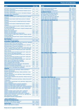 Precios sin I.G.V. vigentes al 31/03/2020
Precios de los Materiales
INSUMO UND. PREC. INSUMO UND. PREC.
- 3.21 -
LAVATORIO CABO BLANCO BONE CON REBOSE CROMADO (AGUJE-
ROS PARA 4" INSINUADOS)
PZA 39,75
LAVATORIO CABO BLANCO RUBÍ CON REBOSE CROMADO (AGUJE-
ROS PARA 4" INSINUADOS)
PZA 42,29
LAVATORIO CABO BLANCO AZUL PASTEL CON REBOSE CROMADO
(AGUJEROS PARA 4" INSINUADOS)
PZA 42,29
OVALINES Y BOWLS
LAVATORIO OVALÍN BLANCO D/EMPOTRAR ACAPULCO C/REBOSE
CROMADO
PZA 67,71
LAVATORIO OVALÍN BONE D/EMPOTRAR ACAPULCO C/REBOSE
CROMADO
PZA 74,49
LAVATORIO OVALÍN BLANCO D/SOBREPONER BUZIOS C/REBOSE
CROMADO
PZA 76,19
LAVATORIO OVALÍN BONE D/SOBREPONER BUZIOS C/REBOSE
CROMADO
PZA 83,81
LAVATORIO BOWL COZUMEL BLANCO C/REBOSE CROMADO (MEDI-
DA 36CM DE DIÁMETRO)
PZA 84,66
LAVATORIO BOWL VARADERO BLANCO C/REBOSE CROMADO (MEDI-
DA 36.5 CM X 36.5 CM)
PZA 93,14
PEDESTAL VALLARTA BLANCO PZA 31,95
PEDESTAL VALLARTA BONE PZA 33,81
PEDESTAL VALLARTA RUBÍ ROJO O AZUL PASTEL PZA 36,78
LAVATORIO BOWL COZUMEL BONE C/REBOSE CROMADO (MEDIDA
36CM DE DIÁMETRO)
PZA 93,14
LAVATORIO BOWL VARADERO BONE C/REBOSE CROMADO (MEDIDA
36.5 CM X 36.5 CM)
PZA 100,76
INSTITUCIONAL
TAZA TURCA PUNTA SAL BLANCO PZA 84,66
ACCESORIOS Y COMPLEMENTOS
JUEGOS DE ACCESORIOS DE LOZA BLANCO (PAPELERA, JABONERA,
PERCHERO DOBLE Y TOALLERO CON BARRA)
PZA 35,51
JUEGOS DE ACCESORIOS DE LOZA BONE (PAPELERA, JABONERA,
PERCHERO DOBLE Y TOALLERO CON BARRA)
PZA 37,20
JUEGOS DE ACCESORIOS DE LOZA RUBÍ ROJO O AZUL PASTEL (PA-
PELERA, JABONERA, PERCHERO DOBLE Y TOALLERO CON BARRA)
PZA 40,59
JUEGOS DE ACCESORIOS INTERNOS BLANCO (SIST. LARGA VIDA
PARA 2 PIEZAS)
PZA 24,49
JUEGOS DE ACCESORIOS INTERNOS BLANCO (SIST. LARGA VIDA
PARA 2 PIEZAS C/ BOTONERA SUPERIOR)
PZA 27,88
JUEGOS DE ACCESORIOS INTERNOS BLANCO (SIST. LARGA VIDA
PARA ONE PIECE)
PZA 35,51
JUEGOS DE ACCESORIOS INTERNOS BLANCO (SIST. LARGA VIDA
PARA ONE PIECE C/ BOTONERA SUPERIOR)
PZA 35,51
JUEGOS DE ACCESORIOS INTERNOS BLANCO (SIST. LARGA VIDA
PARA 2 PIEZAS C/BOTONERA DUAL SUPERIOR)
PZA 50,76
PAR DE UÑAS GALVANIZADAS PARA LAVATORIO PZA 3,31
ANILLO DE REBOSE PARA LAVATORIO PZA 3,31
PAR D/PERNOS D/ANCLAJE D/ACERO INOX. PARA INODORO PZA 3,31
EMPAQUE DE DESCARGA PARA URINARIO PZA 5,85
JUEGOS DE ACCESORIOS INTERNOS BLANCO (SIST. LARGA VIDA
PARA ONE PIECE C/ BOTONERA DUAL SUPERIOR)
PZA 42,29
ASIENTOS
ASIENTO CANCÚN BLANCO (MATERIAL VIRGEN, UNIVERSAL Y
BISAGRAS REFORZADAS)
PZA 17,71
ASIENTO CANCÚN BONE (MATERIAL VIRGEN, UNIVERSAL Y BISA-
GRAS REFORZADAS)
PZA 18,56
ASIENTO CANCÚN RUBÍ O AZUL (MATERIAL VIRGEN, UNIVERSAL Y
BISAGRAS REFORZADAS)
PZA 19,41
ASIENTO NUEVO CANCÚN BLANCO (MATERIAL VIRGEN, ENVOLVEN-
TE Y UNIVERSAL)
PZA 17,71
ASIENTO NUEVO CANCÚN BONE (MATERIAL VIRGEN, ENVOLVENTE
Y UNIVERSAL)
PZA 18,56
ASIENTO NUEVO CANCÚN RUBÍ O AZUL (MATERIAL VIRGEN, ENVOL-
VENTE Y UNIVERSAL)
PZA 19,41
ASIENTOS IPANEMA BLANCO (ELONGADO UNIVERSAL) PZA 19,41
ASIENTOS IPANEMA BONE (ELONGADO UNIVERSAL) PZA 20,25
ASIENTO VALLARTA BLANCO (CAÍDA LENTA - REGULAR UNIVERSAL) PZA 20,25
ASIENTO VALLARTA BONE (CAÍDA LENTA - REGULAR UNIVERSAL) PZA 21,95
ASIENTO VALLARTA RUBÍ O AZUL (CAÍDA LENTA - REGULAR UNI-
VERSAL)
PZA 27,03
ASIENTO COZUMEL BLANCO (CAÍDA LENTA - ELONGADO) PZA 30,42
ASIENTO COZUMEL BONE (CAÍDA LENTA - ELONGADO) PZA 30,42
ASIENTOS CARTAGENA BLANCO (CAÍDA LENTA - ELONGADO) PZA 50,76
ASIENTO NUEVO CANCÚN BL- RU, BL-AZ, BL- RO (MATERIAL VIR-
GEN, ENVOLVENTE Y UNIVERSAL)
PZA 19,58
Precios sugeridos a constructoras -2% (precio referencial)
JOSFELILUMINACIONS.A.C.
SISTEMA DE AUTOMATIZACIÓN
BOLLARD A 1X70W HM-VS E27 EM PS 24" PZA 65,25 $
JP-250 VS70 E27 C/F PR POL TRANSP PZA 122,88 $
PROYECTORES
ARAN 1X150W HM RX7S-24 EM NG UND 45,76 $
ARAN 1X400W HM E40 EM PR NG SIM UND 100,85 $
ARAN 1X70W HM RX7S EM NG UND 242,09 $
PETRUS 1X70/35W HM G12 S/EQ NG 45° UND 55,93 $
ALUMBRADO PUBLICO
TRIAN 40º CRI 65 80W 4000K DARK GREY PZA 472,03 $
MILLENIUM 400W VS E40 EM PS GRIS C/F PZA 265,25 $
MILLENIUM IV 250W VS E40 EM TI C/F PZA 137,29 $
PALLQA 150W VS E40 EM PS C/F GRIS ENEL PZA 112,71 $
PALLQA 50W VS E27 PST C/MF S/SELLO PZA 63,56 $
PALLQA 70W VS E27 PST C/MF S/SELLO PZA 64,41 $
LINEA DOWNLIGHT EMPOTRABLE LED
BERYL LED E 10W 80° 3000K PZA 25 $
BERYL LED E 10W 80° 4000K PZA 23 $
BERYL LED E 15W 80° 3000K PZA 31 $
BERYL LED E 15W 80° 4000K PZA 31 $
BERYL LED E 24W 80° 3000K PZA 49 $
BERYL LED E 24W 80° 4000K PZA 46 $
BERYL LED E 25W 80° 3000K PZA 51 $
BERYL LED E 25W 80° 4000K PZA 51 $
BERYL LED E 35W 80° 3000K PZA 70 $
BERYL LED E 35W 80° 4000K PZA 72 $
BERYL LED E 42W 80° 3000K PZA 72 $
BERYL LED E 42W 80° 4000K PZA 72 $
ANGLE LED E 31W 20° 3000K PZA 134 $
ANGLE LED E 31W 40° 3000K PZA 108 $
ANGLE LED E 31W 40° 4000K PZA 114 $
ANGLE LED E 45W 20° 3000K PZA 121 $
ANGLE LED E 45W 20° 4000K PZA 167 $
ANGLE LED E 45W 40° 3000K PZA 167 $
ANGLE LED E 45W 40° 4000K PZA 216 $
ELITE LED E 40W 25° 3000K PZA 136 $
ELITE LED E 40W 25° 4000K PZA 136 $
ELITE LED E 40W 50° 3000K PZA 136 $
ELITE LED E 40W 50° 4000K PZA 136 $
ELITE LED E 55W 25° 3000K PZA 134 $
ELITE LED E 55W 25° 4000K PZA 134 $
ELITE LED E 55W 50° 3000K PZA 134 $
ELITE LED E 55W 50° 4000K PZA 134 $
LINEA DOWNLIGHT ADOSABLE LED
ELITE LED E 55W 50° 4000K PZA 43 $
BERYL LED A 10W 80° 4000K PZA 43 $
BERYL LED A 15W 80° 3000K PZA 51 $
BERYL LED A 15W 80° 4000K PZA 51 $
BERYL LED A 24W 80° 3000K PZA 72 $
BERYL LED A 24W 80° 4000K PZA 70 $
BERYL LED A 25W 80° 3000K PZA 76 $
BERYL LED A 25W 80° 4000K PZA 76 $
BERYL LED A 35W 80° 3000K PZA 91 $
BERYL LED A 35W 80° 4000K PZA 91 $
BERYL LED A 42W 80° 3000K PZA 98 $
BERYL LED A 42W 80° 4000K PZA 95 $
ELITE LED A 40W 25° 3000K PZA 143 $
ELITE LED A 40W 25° 4000K PZA 143 $
ELITE LED A 40W 50° 3000K PZA 143 $
ELITE LED A 40W 50° 4000K PZA 143 $
ELITE LED A 55W 25° 3000K PZA 192 $
ELITE LED A 55W 25° 4000K PZA 192 $
ELITE LED A 55W 50° 3000K PZA 192 $
ELITE LED A 55W 50° 4000K PZA 192 $
LINEA LINEAL EMPOTRABLE LED
CONTINUOUS LINE LED 20W 3000K INDIVIDUAL PZA 112 $
CONTINUOUS LINE LED 20W 4000K INDIVIDUAL PZA 112 $
CONTINUOUS LINE LED 20W 3000K INICIO PZA 124 $
CONTINUOUS LINE LED 20W 4000K INICIO PZA 120 $
CONTINUOUS LINE LED 20W 3000K MEDIO PZA 127 $
CONTINUOUS LINE LED 20W 4000K MEDIO PZA 127 $
CONTINUOUS LINE LED 20W 3000K FINAL PZA 118 $
CONTINUOUS LINE LED 20W 4000K FINAL PZA 118 $
CONTINUOUS LINE LED 30W 3000K INDIVIDUAL PZA 112 $
CONTINUOUS LINE LED 30W 4000K INDIVIDUAL PZA 112 $
CONTINUOUS LINE LED 30W 3000K INICIO PZA 124 $
CONTINUOUS LINE LED 30W 4000K INICIO PZA 124 $
CONTINUOUS LINE LED 30W 3000K MEDIO PZA 127 $
CONTINUOUS LINE LED 30W 4000K MEDIO PZA 127 $
CONTINUOUS LINE LED 30W 3000K FINAL PZA 118 $
CONTINUOUS LINE LED 30W 4000K FINAL PZA 118 $
CONTINUOUS LINE LED 40W 3000K INDIVIDUAL PZA 112 $
CONTINUOUS LINE LED 40W 4000K INDIVIDUAL PZA 112 $
CONTINUOUS LINE LED 40W 3000K INICIO PZA 124 $
CONTINUOUS LINE LED 40W 4000K INICIO PZA 124 $
CONTINUOUS LINE LED 40W 3000K MEDIO PZA 127 $
CONTINUOUS LINE LED 40W 4000K MEDIO PZA 127 $
CONTINUOUS LINE LED 40W 3000K FINAL PZA 118 $
CONTINUOUS LINE LED 40W 4000K FINAL PZA 118 $
 