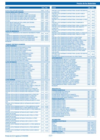 Precios sin I.G.V. vigentes al 31/03/2020
Precios de los Materiales
INSUMO UND. PREC. INSUMO UND. PREC.
- 3.27 -
PLACA CIEGA ORO MATIX BTICINO PZA 11,78
PLACAS MODULARES PREMIUM
PLACA 3M NARANJA LIVING LIGHT BTICINO PZA 25,42
PLACA 3M RECTANGULAR BLANCO LIVING LIGHT BTICINO PZA 13,56
PLACA 3M RECTANGULAR BRONCE LIVING LIGHT BTICINO PZA 58,47
PLACA 3M RECTANGULAR HUMO LIVING LIGHT BTICINO PZA 25,42
PLACA 3M RECTANGULAR NEGRO ANTRACITA LIVING LIGHT
BTICINO
PZA 14,83
PLACA 3M RECTANGULAR TECH LIVING LIGHT BTICINO PZA 16,02
PLACA CIEGA LIGHT BTICINO PZA 11,02
PLACA CIEGA LIVING LIGHT BTICINO PZA 12,71
PLACA METAL 3M LIVING LIGHT ACERO PULIDO BTICINO PZA 58,47
PLACA METAL 3M LIVING LIGHT PARK BTICINO PZA 58,47
PLACA METAL 3M LIVING LIGHT SQUARE BTICINO PZA 58,47
LUCES DE EMERGENCIA
LÁMPARA DE EMERGENCIA CON SENSOR DE MOVIMIENTO POWER-
FORCE
PZA 42,29
LÁMPARA DE EMERGENCIA 2X9LED 4W POWER-FORCE PZA 38,05
LÁMPARA DE EMERGENCIA SCHNEIDER SCHNEIDER-ELECTRIC PZA 105,85
LÁMPARA DE EMERGENCIA 2X10 LED 4W POWER-FORCE PZA 50,76
LÁMPARA DE EMERGENCIA 2X6LED 2.4W POWER-FORCE PZA 39,75
No incluye IGV
PROMART-PINTURASYACABADOS
LATEX ECONÓMICO
PINTURA LÁTEX D'COLOR PRO BLANCO 4 LITROS BALDE 19,41
PINTURA LÁTEX PINTEK BLANCO 4 LITROS BALDE 22,03
PINTURA LÁTEX PINTEK BLANCO HUMO 4 LITROS BALDE 22,03
PINTURA LÁTEX PINTEK LILA 4 LITROS BALDE 22,03
PINTURA LÁTEX PINTEK ROJO EXPRESSION 4 LITROS BALDE 22,03
PINTURA LÁTEX PINTEK VERDE CÍTRICO 4 LITROS BALDE 22,03
PINTURA LÁTEX D'COLOR PRO BLANCO 20 LITROS BALDE 76,27
PINTURA LÁTEX PATO BLANCO 20 LITROS BALDE 111,86
PINTURA LÁTEX PATO BLANCO HUMO 20 LITROS BALDE 111,86
PINTURA LÁTEX PINTEK BLANCO 20 LITROS BALDE 104,66
LATEX INTERMEDIO
PINTURA LÁTEX DURALATEX BLANCO 1 LITRO BALDE 11,86
PINTURA LÁTEX DURALATEX ALABASTRO 4 LITROS BALDE 38,14
PINTURA LÁTEX TEKNOLATEX ALABASTRO 4 LITROS BALDE 35,59
PINTURA LÁTEX TEKNOLATEX BLANCO 4 LITROS BALDE 35,59
PINTURA LÁTEX TEKNOLATEX BLANCO OSTRA 4 LITROS BALDE 35,59
PINTURA LÁTEX TEKNOLATEX EXPRESION 4 LITROS BALDE 35,59
PINTURA LÁTEX TEKNOLATEX MARFIL 4 LITROS BALDE 35,59
PINTURA LÁTEX TEKNOLATEX SUNSET 4 LITROS BALDE 35,59
PINTURA LÁTEX DURALATEX BLANCO 20 LITROS BALDE 177,97
PINTURA LÁTEX TEKNOLATEX BLANCO 20 LITROS BALDE 169,07
PINTURA LÁTEX VENCELATEX BLANCO 20 LITROS BALDE 191,61
LATEX PREMIUM
HIDROREPELENTE SUPERMATE BLANCO 4 LITROS CPP BALDE 60,17
PINTURA LÁTEX ACRÍLICO SATINADO BLANCO 1 LITRO CPP BALDE 19,07
LÁTEX ACRÍLICO SATINADO BLANCO PERLA 4 L CPP BALDE 62,71
PINTURA LÁTEX ACRÍLICO SATINADA BLANCO HUMO 4 LITROS CPP BALDE 62,71
PINTURA LÁTEX ACRÍLICO SATINADO 4 LITROS CPP BALDE 62,71
PINTURA LÁTEX ACRÍLICO SATINADO BENGALA 4 LITROS CPP BALDE 62,71
PINTURA LÁTEX ACRÍLICO SATINADO GRIS CLARO 4 LITROS CPP BALDE 62,71
PINTURA LÁTEX ACRÍLICO SATINADO GRIS HORIZONTE 4 LITROS
CPP
BALDE 62,71
PINTURA LÁTEX ACRÍLICO SATINADO MARACUYÁ 4 LITROS CPP BALDE 62,71
PINTURA LÁTEX ACRÍLICO SATINADO MARFIL 4 LITROS CPP BALDE 62,71
PINTURA LÁTEX ACRÍLICO SATINADO ROJO 4 LITROS CPP BALDE 62,71
PINTURA LÁTEX ACRÍLICO SATINADO SUNSET 4 LITROS CPP BALDE 62,71
PINTURA LÁTEX PREMIUM ACRÍLICA SATINADA BLANCO 4 LITROS
CPP
BALDE 62,71
PINTURA LÁTEX PREMIUM ACRÍLICA SATINADA BLANCO HUESO 4
LITROS CPP
BALDE 62,71
PINTURA LÁTEX PREMIUM BLANCO 4 LITROS AMERICAN COLORS BALDE 63,56
PINTURA LÁTEX PREMIUM ROJO 4 LITROS AMERICAN COLORS BALDE 63,56
PINTURA LÁTEX PREMIUM SATINADA BLANCO 4 LITROS AMERICAN-
COLORS
BALDE 66,95
PINTURA LÁTEX PREMIUM SATINADA BLANCO HUMO 4 LITROS
AMERICAN COLORS
BALDE 66,95
PINTURA LÁTEX PREMIUM SATINADA BLANCO PERLA 4 LITROS
AMERICAN-COLORS
BALDE 66,95
PINTURA LÁTEX PREMIUM SATINADA FUCSIA REAL 4 LITROS
AMERICAN COLORS
BALDE 66,95
PINTURA LÁTEX PREMIUM SATINADA GRIS CLÁSICO 4 LITROS
AMERICAN COLORS
BALDE 66,95
PINTURA LÁTEX PREMIUM SATINADA MARFIL 4 LITROS AMERICAN
COLORS
BALDE 66,95
PINTURA LÁTEX PREMIUM SATINADA ROJO 4 LITROS AMERICAN
COLORS
BALDE 66,95
PINTURA LATEX SUPERMATE ANTIBACTERIAL BLANCO ARENA 4
LITROS CPP
BALDE 59,32
PINTURA LATEX SUPERMATE ANTIBACTERIAL BLANCO DECORATIVO
4 LITROS CPP
BALDE 59,32
PINTURA LATEX SUPERMATE ANTIBACTERIAL BLANCO HUMO 4
LITROS CPP
BALDE 59,32
PINTURA LATEX SUPERMATE ANTIBACTERIAL BLANCO OSTRA 4
LITROS CPP
BALDE 59,32
PINTURA LATEX SUPERMATE ANTIBACTERIAL CAPUCHINO 4 LITROS
CPP
BALDE 59,32
PINTURA LATEX SUPERMATE ANTIBACTERIAL CHAMPAGNE 4
LITROS CPP
BALDE 59,32
PINTURA LATEX SUPERMATE ANTIBACTERIAL CORAL 4 LITROS CPP BALDE 59,32
PINTURA LATEX SUPERMATE ANTIBACTERIAL GRIS ORIENTE 4
LITROS CPP
BALDE 59,32
PINTURA LATEX SUPERMATE ANTIBACTERIAL MANDARINA 4
LITROS CPP
BALDE 59,32
PINTURA LATEX SUPERMATE ANTIBACTERIAL MARFIL 4 LITROS CPP BALDE 59,32
PINTURA LATEX SUPERMATE ANTIBACTERIAL TABACO 4 LITROS
CPP
BALDE 59,32
PINTURA LÁTEX TEKNOCOLOR ATLANTIS 4 LITROS TEKNO BALDE 55,08
PINTURA LÁTEX TEKNOCOLOR BLANCO 4 LITROS TEKNO BALDE 55,08
PINTURA LÁTEX TEKNOCOLOR BLANCO INVIERNO 4 LITROS TEKNO BALDE 55,08
PINTURA LÁTEX TEKNOCOLOR GRIS POLAR 4 LITROS TEKNO BALDE 55,08
PINTURA LÁTEX TEKNOCOLOR MANDARINA 4 LITROS TEKNO BALDE 55,08
PINTURA LÁTEX TEKNOCOLOR MARFIL CONGO 4 LITROS TEKNO BALDE 55,08
HIDROREPELENTE SUPERMATE BLANCO 20 LITROS CPP BALDE 291,53
PINTURA LÁTEX ACRÍLICO SATINADO BLANCO 20 LITROS CPP BALDE 292,37
PINTURA LÁTEX PREMIUM BLANCO 20 LITROS AMERICAN COLORS BALDE 300,85
PINTURA LÁTEX PREMIUM SATINADA BLANCO 20 LITROS AMERI-
CAN COLORS
BALDE 313,56
PINTURA LATEX SUPERMATE ANTIBACTERIAL BLANCO DECORATIVO
20 LITROS CPP
BALDE 282,2
PINTURA LÁTEX TEKNOCOLOR BLANCO 20 LITROS TEKNO BALDE 261,86
ANTICORROSIVOS
ACONDICIONADOR DE METALES 1 LITRO MAX UND 10,17
TRANSFORMADOR DE ÓXIDO 1 LITRO CHEMA UND 38,9
ACONDICIONADOR DE METALES 3.5 LITRO MAX UND 32,12
ANTICORROSIVO GRIS 1/4 GALÓN VENCEDOR BALDE 13,14
ANTICORROSIVO BLANCO 1/4 GALÓN VENCEDOR BALDE 13,14
BASE ZINCROMATO AUTOMOTRIZ 1/4 GALÓN CHEMISA BALDE 11,78
BASE ZINCROMATO INDUSTRIAL 1/4 GALÓN CHEMISA BALDE 9,24
BASE ZINCROMATO ZENACRYL VERDE 1/4 GALÓN CPP BALDE 13,56
ANTICORROSIVO BLANCO 1 GALÓN VENCEDOR BALDE 39,83
ANTICORROSIVO GRIS 1 GALÓN VENCEDOR BALDE 36,44
ANTICORROSIVO NEGRO 1 GALÓN VENCEDOR BALDE 36,44
ANTICORROSIVO ROJO ÓXIDO 1 GALÓN VENCEDOR BALDE 36,44
ANTICORROSIVO VERDE 1 GALÓN VENCEDOR BALDE 36,44
BASE AL ACEITE GRIS 1 GALÓN CHEMISA BALDE 41,95
BASE ZINCROMATO AUTOMOTRIZ 1 GALÓN CHEMISA BALDE 40,59
BASE ZINCROMATO INDUSTRIAL 1 GALÓN CHEMISA BALDE 32,12
BASE ZINCROMATO ZENACRYL VERDE 1 GALÓN CPP BALDE 43,22
TRANSFORMADOR DE ÓXIDO 1 GALÓN CHEMA UND 94,83
No incluye IGV.
ROCALISAS.R.L.
PIEDRAS CUARSITICAS
LAJA AREQUIPEÑA RECTANGULAR M2 60,00
LAJA AREQUIPEÑA IRREGULAR M2 40,00
PIZARRA NEGRA IRREGULAR (ALTO TRANSITO) M2 45,00
PIZARRA NEGRA FORMATO 30X30 (ALTO TRANSITO) M2 120,00
FACHALETAS H=5CM LARGOS VARIABLES M2 120,00
PIEDRAS GRANITICAS
PIEDRA GRANITICA 40X40 M2 85,00
PIEDRA GRANITICA 30X30 M2 85,00
PIEDRA GRANITICA 20X20 M2 85,00
PIEDRA GRANITICA 15X15 M2 85,00
PIEDRA GRANITICA 10X10 M2 80,00
PIEDRA GRANITICA IRREGULARES M2 35,00
FACHALETA H=5CM POR LARGOS VARIABLES M2 80,00
FACHALETA H=2.5CM POR LARGOS VARIABLES M2 140,00
LADRILLO ROCOCHO 20X7X2CM M2 85,00
CANTO RODADO NEGRO DE 30 KG BLS 25,00
CANTO RODADO BLANCO DE 30 KG BLS 30,00
Lista de precios no incluye flete
ROTONDEPERU
CHIMENEAS ELÉCTRICAS
NISSUM L UND 1398,31 $
SP16 UND 1169,49 $
SYNERGY UND 1084,75 $
OPTIMYST BASKET UND 983,05 $
OPTIMYST CASSETTE 600 UND 932,2 $
OPTIMYST CASSETTE 400 UND 889,83 $
CHIMENEAS A GAS
ASPECT PREMIUM ST XL UND 5508,47 $
 