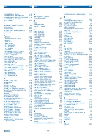 - 3.2 -
GRIFERÍA DE BAÑO - DUCHA 3.18
GRIFERÍA DE BAÑO - MEZCLADORAS 3.20
GRIFERÍA DE BAÑO LAVATORIO - AGUA FRÍA 3.19
GRIFERÍA DE BAÑO LAVATORIO -
MEZCLADORAS 3.20
I
IMPRIMANTE DE BASE ASFÁLTICA 3.7
INSTITUCIONAL 3.21
INTERRUPTORES 3.26
INTERRUPTORES TERMOMAGNETICOS 3.24
INVERSORES 3.23
L
LADRILLOS 3.28
LADRILLOS SILICO CALCAREOS 3.8
LÁMPARAS 3.23
LANA DE ROCA 3.15
LANA DE VIDRIO 3.15
LATEX ECONÓMICO 3.27
LATEX INTERMEDIO 3.27
LATEX PREMIUM 3.27
LAVATORIOS 3.21
LEVANTAMIENTO ARQUITECTONICO 3.7
LEVANTAMIENTO TOPOGRAFICO 3.23
LIGANTES Y ADHESIVOS 3.7
LINEA CNITA LED 3.22
LINEA DOWNLIGHT ADOSABLE LED 3.22
LINEA DOWNLIGHT EMPOTRABLE LED 3.21
LINEA EMERGENCIA 3.22
LINEA HERMETICA LED 3.22
LINEA HIGH BAY LED 3.22
LINEA LINEAL ADOSADA/SUSPENDIDA LED 3.22
LINEA LINEAL EMPOTRABLE LED 3.22
LINEA PANELERIA EMPOTRADA LED 3.22
LLAVE DE DUCHA 3.30
LLAVE DE LAVADERO 3.31
LLAVE DE LAVATORIO 3.31
LUCES DE EMERGENCIA 3.27
M
MADERA ESTRUCTURAL 3.29
MADERA SECA 3.29
MADERAS 3.16
MAGUERA DE PVC 3.16
MAGUERA POR GOTEO 3.16
MALLAS Y ALAMBRES GALVANIZADAS 3.9
MANGUERAS CONTRA INCENDIO UL/FM 3.11
MANOMETROS 3.14
MAQUINA 3.12
MASILLA PARA PREPARAR 3.15
MASILLA PREMEZCLADA 3.15
MEJORADOR DE ADHERENCIA TIPO
AMINA P/ASFALTOS 3.7
METAL SISTEMA ESPECIFICO 3.14
METAL SISTEMA ESPECIFICO 3.15
MEZCLADORA DE BIDET 3.31
MEZCLADORA DE DUCHA 3.31
MEZCLADORA DE DUCHA TINA 3.31
MEZCLADORA DE LAVADERO 3.31
MEZCLADORA DE LAVATORIO 3.31
MEZCLADORAS DE LAVATORIO 3.31
MEZCLAS PREDOSIFICADAS 3.28
MORTERO AUTONIVELANTE 3.17
MULTIPLACA 3.14
MURETES MONF. Y TRIF-SOLADOS/
CAJAS POZO TIERRA 3.9
GRUPO PAG. GRUPO PAG. GRUPO PAG.
N
NEW JERSEY DE CONCRETO
SEPARADORES VIALES 3.9
O
OCRE 3.28
OTRAS PINTURAS 3.15
OVALINES Y BOWLS 3.21
P
PANEL TECNOBLOCK 3.29
PANEL TECNOMIX 3.29
PANEL TECNOPLACA 3.29
PANELES SOLARES 3.23
PARANTES 3.15
PARARRAYOS 3.23
PARIHUELAS 3.16
PERNO HEXAGONAL ROSCA
CORRIENTE GRADO 2 ZINCADO 3.5
PICAPORTES 3.10
PIEDRAS CUARSITICAS 3.27
PIEDRAS GRANITICAS 3.27
PISOS 3.23
PISOS ESTRUCTURADOS 3.16
PLACA COLABORANTE 3.6
PLACA DE YESO ESTANDAR 3.15
PLACA DE YESO RESISTENTE A
LA HUMEDAD 3.15
PLACA DE YESO RESISTENTE AL FUEGO 3.15
PLACAS AISLANTES ALTA DENSIDAD 3.15
PLACAS ARMADAS 3.26
PLACAS MODULARES 3.26
PLACAS SILICO CALCAREAS 3.8
PLACAS TRANSLUCIDAS 3.14
PLANCHA DE FIBROCEMENTO 3.28
PLANCHA DE POLICARBONATO 3.28
PLANCHA DE YESO 3.28
PLANCHA MULTI-DECK 3.6
PLANCHA NEGRA DELGADA LAC 3.7
PLANCHA NEGRA DELGADA LAF 3.7
PLANCHA NEGRA GRUESA LAC 3.7
PLANCHA TERMOPOR (POLIESTIRENO
EXPANDIDO) P/CONSTRUCCION 3.17
PLANCHA TERMOPOR (POLIESTIRENO
EXPANDIDO) P/REFIGERACION 3.17
PLATINA FIERRO NEGRO 3.6
POLIURETANO PARA PISOS 3.17
POSTES DE CONCRETO PARA CERCO
DE ALAMBRE 3.9
PREFABRICADO DE CONCRETO 3.11
PRESAESTOPA 3.25
PRESOSTATO 3.12
PRODUCTOS DE CONCRETO 3.8
PRODUCTOS EMBOLSADOS 3.9
PRODUCTOS PARA JUNTAS 3.7
PROTECTORES DE SOBRETENSIONES
Y PICOS DE VOLTAJE 3.23
PROYECTORES 3.21
PUESTA A TIERRA Y ACCESORIOS 3.23
R
RANURADOS 3.13
REFLECTORES LED 3.23
REGISTROS Y SUMIDEROS 3.10
REMOVEDOR DE INCRUSTACIONES
DE FRAGUA Y CEMENTO 3.17
RIELES 3.15
ROCIADORES, MANGUERAS Y PITONES 3.12
ROPA Y ACCESORIOS PARA BOMBEROS 3.11
S
SANITARIOS 3.20
SARDINELES Y ELEMENTOS VIALES 3.9
SELLADOR ELASTOMERICO PARA
GRIETAS Y FISURAS 3.7
SELLOS CORTAFUEGOS 3.14
SEÑALÉTICA INDECI 3.7
SERVICIO DE BOMBA DE CONCRETO 3.29
SERVICIOS 3.16
SISTEMA DE AUTOMATIZACIÓN 3.21
SOLDADURA 3.7
SOQUETS 3.26
SOUND BOARD 3.14
SUPER MORTERO 3.9
SUPERBOARD 3.14
SUPERMORTERO 3.23
SUSPENSIONES 3.16
T
TABLERO OSB 3.29
TABLEROS MDF 3.29
TAMBORES 3.9
TANQUE HIDRENEUMATICO DE DIAF
VERT CON BASE VALUE WELL AMTROL-USA 3.12
TAPA CIEGA 3.25
TARRAJEOLISTO 3.23
TECHO DE FIBRA VEGETAL 3.28
TECHO DE FIBROCEMENTO 3.28
TECHO DE METAL 3.16
TECHO DE POLIPROPILENO 3.28
TEJAS DECORATIVAS 3.14
TOMAS 3.25
TOPES DE BORDE 3.6
TOPES DE CIERRE 3.6
TOPOGRAFIA 3.16
TORNILLOS Y CLAVOS 3.15
TRIPLAY 3.29
TRIPLAY NACIONAL DE LUPUNA /
CAPINURI / IMPORTADO 3.16
TUBERÍA ELÉCTRICA SAP 3.25
TUBERÍA ELÉCTRICA SEL 3.25
TUBO COBRE TIPO K 3.11
TUBO COBRE TIPO L 3.11
TUBO COBRE TIPO M 3.11
TUBO FIERRO NEGRO ELECTROSOLDADO 3.7
TUBOS Y ACCESORIOS DE ACERO
GALVANIZADO 3.9
TUERCA HEXAGONAL ROSCA
CORRIENTE GRADO 2 ZINCADO 3.6
V
VALVULA TIPO ANGULAR 3.12
VALVULA TIPO CHECK-RANURA 3.12
VALVULA TIPO MARIPOSA RANURADA 3.12
VALVULA TIPO SIAMESA 3.12
VÁLVULAS 3.16
VALVULAS VARIOS 3.11
VARILLA ROSCADA ZINCADA X 1 MT.
GRADO 2 3.6
VARILLA ROSCADA ZINCADA X 1.80 MT.
GRADO 2 3.6
VARIOS 3.10
VIGAS H20 3.16
VIGUETA (1) 3.9
Z
ZÓCALOS 3.24
 