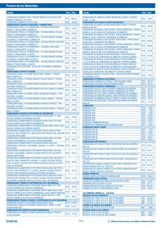 $ = Dólares Americanos, los demás en Nuevos Soles
Precios de los Materiales
INSUMO UND. PREC. INSUMO UND. PREC.
- 3.8 -
CERRADURA P/PUERTA PPAL. TRAVEX BRONCE PULIDO INCLUYE
CERROJO MODELO 70710 PB
PZA 148,22
CERRADURA COMPACTA PP AI-1200 PZA 42,30
CERRADURAS TRAVEX P/OFICINA Y DORMITORIO
CERRADURAS PERILLA P/DORMITORIO - OFICINA ACERO INOX.
GRADO 2 TRAVEX MOD. COMPACTO
PZA 25,25
CERRADURAS PERILLA P/DORMITORIO - OFICINA BRONCE PULIDO
GRADO 2 TRAVEX MOD. COMPACTO
PZA 25,25
CERRADURAS PERILLA P/DORMITORIO - OFICINA BRONCE QUEMA-
DO GRADO 2 TRAVEX MOD. COMPACTO
PZA 25,25
CERRADURAS PERILLA P/DORMITORIO - OFICINA BRONCE ANTIGUO
GRADO 2 TRAVEX MOD. COMPACTO
PZA 25,25
CERRADURAS PERILLA P/DORMITORIO - OFICINA ACERO INOX.
GRADO 2 TRAVEX MOD. CLASICO
PZA 25,68
CERRADURAS PERILLA P/DORMITORIO - OFICINA BRONCE PULIDO
GRADO 2 TRAVEX MOD. CLASICO
PZA 25,68
CERRADURAS PERILLA P/DORMITORIO - OFICINA BRONCE QUEMA-
DO GRADO 2 TRAVEX MOD. CLASICO
PZA 25,68
CERRADURAS PERILLA P/DORMITORIO - OFICINA BRONCE ANTIGUO
GRADO 2 TRAVEX MOD. CLASICO
PZA 25,68
CERRADURA DE ESCRITORIO. UN GOLPE CON BARRA DE BRONCE
MACIZO
PZA 16,53
CERRADURAS TRAVEX P/BAÑO
CERRADURA PERILLA P/BAÑO ACERO INOX. GRADO 2 TRAVEX
MOD. COMPACTO
PZA 25,25
CERRADURA PERILLA P/BAÑO BRONCE PULIDO GRADO 2 TRAVEX
MOD. COMPACTO
PZA 25,25
CERRADURA PERILLA P/BAÑO BRONCE QUEMADO GRADO 2 TRA-
VEX MOD. COMPACTO
PZA 25,25
CERRADURA PERILLA P/BAÑO BRONCE ANTIGUO GRADO 2 TRAVEX
MOD. COMPACTO
PZA 25,25
CERRADURA PERILLA P/BAÑO ACERO INOXIDABLE GRADO 2 TRA-
VEX MOD. CLASICO
PZA 25,68
CERRADURA PERILLA P/BAÑO BRONCE PULIDO GRADO 2 TRAVEX
MOD. CLASICO
PZA 25,68
CERRADURA PERILLA P/BAÑO BRONCE QUEMADO GRADO 2 TRA-
VEX MOD. CLASICO
PZA 25,68
CERRADURA PERILLA P/BAÑO BRONCE ANTIGUO GRADO 2 TRAVEX
MOD. CLASICO
PZA 25,68
CERRADURAS TRAVEX P/EXTERIOR DE SEGURIDAD
CERRADURAS SOBREPONER P/EXTERIOR TRAVEX MOD 111 DOS
GOLPES CERROJO DE BRONCE MACIZO
PZA 29,58
CERRADURAS SOBREPONER P/EXTERIOR TRAVEX MOD 333 TRES
GOLPES CERROJO DE PIVOTES CROMADOS
PZA 41,78
CERRADURAS SOBREPONER P/EXTERIOR TRAVEX MOD 444CE TRES
GOLPES CERROJO DE BRONCE MACIZO
PZA 40,93
CERRADURAS SOBREPONER P/EXTERIOR TRAVEX MOD 34 TRES
GOLPES, CON 2 BARROTES, CADENA,ESCUDO PROTECTOR JALADOR
Y SEGURO NOCTURNO
PZA 39,49
CERRADURAS SOBREPONER P/EXTERIOR TRAVEX MOD 130 TRES
GOLPES, ECONOMICA, 3 LLAVES Y ESCUDO REDONDO
PZA 33,31
CERRADURAS SOBREPONER P/EXTERIOR TRAVEX MOD 430
CERRADURA 3 GOLPES, CON BARRA, CADENA, 3 LLAVES, Y SEGURO
NOCTURNO.
PZA 36,02
CERRADURAS SOBREPONER P/EXTERIOR TRAVEX MOD 222 DOS
GOLPES, CON BARRA, CADENA, ESCUDO PROTECTOR JALADOR Y
SEGURO NOCTURNO
PZA 35,17
CERRADURAS SOBREPONER P/EXTERIOR TRAVEX MOD 360 TRES 3
GOLPES, CON 2 BARROTES, CADENA, 3 LLAVES, ESCUDO PROTEC-
TOR JALADOR Y SEGURO NOCTURNO. BLINDADA UNA SOLA PIEZA.
FACIL DE INVERTIR
PZA 42,20
CERRADURAS SOBREPONER P/EXTERIOR TRAVEX MOD 800 TRES 3
GOLPES CON 4 BARROTES, 3 LLAVES, CADENA, ESCUDO, PROTEC-
TOR DE PORTACILINDRO, SEGURO NOCTURNO. BLINDADA
PZA 49,15
CERRADURAS SOBREPONER P/EXTERIOR TRAVEX MOD 960 TRES 3
GOLPES CON 2 BARROTES, 3 LLAVES, CADENA, ESCUDO, SEGURO
NOCTURNO. BLINDADA UNA SOLA PIEZA. FÁCIL DE INVERTIR
PZA 51,78
CERRADURAS TRAVEX P/EXTERIOR DE ALTA SEGURIDAD
CERRADURA SOBREPONER P/EXTERIOR TRAVEX MOD 970 TRES
GOLPES CERROJO DE PIVOTES CROMADOS
PZA 55,84
CERRADURA SOBREPONER P/EXTERIOR TRAVEX MOD 960XT TRES
GOLPES CERROJO DE PIVOTES CROMADOS LLAVE COMPUTARIZADA
PZA 93,14
CERRADURA SOBREPONER P/EXTERIOR TRAVEX MOD 911 TRES
GOLPES CERROJO DE PIVOTES CROMADOS
PZA 48,31
CERRADURAS TRANCA TRAVEX P/EXTERIOR DE ALTA SEGURIDAD
CERRADURA TRANCA P/EXTERIOR TRAVEX MOD. T800 PZA 113,98
CERRADURA TRANCA P/EXTERIOR TRAVEX MOD. T800XT LLAVE
COMPUTARIZADA
PZA 122,37
CERRADURA DE CERROJO ACERO INOXIDABLE
CERRADURA DE CERROJO ACERO INOXIDABLE GRADO 3 TRAVEX
LLAVE SEGURO
PZA 27,03
CERRADURA DE CERROJO ACERO INOXIDABLE GRADO 3 TRAVEX
LLAVE - LLAVE
PZA 30,42
CERRADURA DE MANIJA ACERO INOXIDABLE
CERRADURA DE MANIJA ACERO INOXIDABLE GRADO 3 TRAVEX
MODELO 808 SS
PZA 38,90
CERRADURA DE MANIJA CON CUERPO ACERO INOXIDABLE TRAVEX
MODELO JS 6010 INCLUYE CERRADURA DE EMBUTIR
PZA 81,27
CERRADURA DE MANIJA CON CUERPO ACERO INOXIDABLE TRAVEX
MODELO JS 6011 INCLUYE CERRADURA DE EMBUTIR
PZA 81,27
CERRADURA DE MANIJA CON CUERPO ACERO INOX. TRAVEX MOD.
M 8649 INC. CERRADURA DE EMBUTIR
PZA 105,05
CERRADURA DE MANIJA CON CUERPO ACERO INOXIDABLE TRAVEX
MODELO JM 7010 INCLUYE CERRADURA DE EMBUTIR
PZA 88,90
CERRADURA DE MANIJA CON CUERPO ACERO INOXIDABLE TRAVEX
MODELO JM 6226 INCLUYE CERRADURA DE EMBUTIR
PZA 88,90
CERRADURA DE MANIJA ACERO INOXIDABLE TRAVEX MODELO
10112 SS INCLUYE CERRADURA DE EMBUTIR Y PORTACILINDRO
PZA 127,03
CERRADURA DE MANIJA ACERO INOXIDABLE TRAVEX MODELO
11172 SS INCLUYE CERRADURA DE EMBUTIR Y PORTACILINDRO
PZA 127,03
CERRADURA DE MANIJA ACERO INOXIDABLE TRAVEX MODELO
10147 SS INCLUYE CERRADURA DE EMBUTIR Y PORTACILINDRO
PZA 127,03
CERRADURA DE MANIJA ACERO INOXIDABLE TRAVEX MODELO 1051
SS INCLUYE CERRADURA DE EMBUTIR Y PORTACILINDRO
PZA 127,03
CERRADURA MANIJA P/PUERTA PPAL. TRAVEX EN ACERO INOXIDA-
BLE MODELO 10251
PZA 76,19
CERRADURA P/PUERTA ELÉCTRICA
CERRADURA P/PUERTA ELECTRICA C/BOTON MOD 1000E PZA 93,14
CERRADURA ELECTRICA SIN BOTON MOD 1000S PZA 93,14
CERRADURA P/PUERTA CORREDIZA
CERRADURA PICO DE LORO P/PUERTA CORREDIZA DE MADERA PZA 26,19
CERRADURA PICO DE LORO P/PUERTA CORREDIZA DE ACERO PZA 26,19
CERRADURA PICO DE LORO P/PUERTA CORREDIZA DE ALUMINIO PZA 26,19
CERRADURA DE ENGRAPE MODELO 2000 P/PUERTA DE MADERA PZA 46,53
CERRADURA DE ENGRAPE MODELO 2000R P/PUERTA DE FIERRO PZA 47,37
CERRADURA DE ESCRITORIO. UN GOLPE CON BARRA DE BRONCE
MACIZO
PZA 13,14
CANDADOS
CANDADO K 25 PZA 4,66
CANDADO K30 PZA 7,54
CANDADO K40 PZA 9,58
CANDADO K50 PZA 18,39
CANDADO K60 PZA 22,68
CANDADO K70 PZA 33,81
CANDADO COMBINACION K40 PZA 11,27
CANDADO DE COMBINACION K40 MULTICLAVE PZA 14,32
CANDADOS ARCO LARGO
CANDADO K25 AL PZA 7,20
CANDADO K30 AL PZA 10,93
CANDADO K40 AL PZA 13,73
CANDADO K50 AL PZA 26,27
CANDADO K60 AL PZA 32,63
CERRADURA ANTIPÁNICO
CERRADURA ANTI PANICO PARA PUERTAS DE UNA HOJA MODELO
DK1310
PZA 101,61
CERRADURA ANTI PANICO PARA PUERTAS DOBLE HOJA MODELO
DK1320
PZA 135,51
CERRADURA ANTI PANICO PARA PUERTAS DE UNA HOJA MODELO
DK1710
PZA 237,20
CERRADURA ANTI PANICO PARA PUERTAS DOBLE HOJA MODELO
DK1720
PZA 321,95
CERRADURA DE MANIJA MODELO 006S PARA CERRADURA ANTI
PANICO MODELO DK1710 Y DK1720
PZA 101,61
CERRADURA DE MANIJA MODELO 016S PARA CERRADURA ANTI
PANICO MODELO DK1310 Y DK1320
PZA 46,53
CIERRA PUERTAS
CIERRA PUERTA AUTOMATICO MODELO 504 PZA 59,24
CERRADURA PARA AUTOS
JUEGO DE 3 CERRADURA PARA AUTOS CON 03 LLAVES PZA 41,95
CIERRAPUERTAS DE PISO FR 1500 PZA 67,71
CIERRAPUERTAS DE PISO HIDRAULICA FR 1600 PZA 250,76
CIERRE ELECTRICO TRAVEX MODELO 1800 PZA 36,02
CIA.MINERALURENS.A. -LACASA
PRODUCTOS DE CONCRETO
ADOQUIN DE 4 CM X 10.5 X 21 (EN 10 COLORES) M2 24.32
ADOQUIN DE 6 CM X 10.5 X 21 (EN 10 COLORES) M2 30.78
ADOQUIN DE 8 CM X 10.5 X 21 (EN 10 COLORES) M2 37.69
LADRILLOS SILICO CALCAREOS
LADRILLO KK 11H 12.5 X 24 X 16 CM MLL 1200
PLACAS SILICO CALCAREAS
PLACA P-7 DE 7 X 50 X 25 CM MLL 3100
PLACA P-10 10 X 50 X 25 CM C/CANAL MLL 3600
 