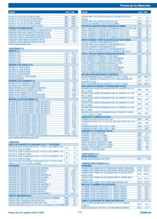 Precios sin I.G.V. vigentes al 30/11/2020
Precios de los Materiales
INSUMO UND. PREC. INSUMO UND. PREC.
- 3.9 -
PLACA P-10 10 X 50 X 25 CM S/CANAL MLL 3400
PLACA P-12 DE 12 X 50 X 25 CM S/CANAL MLL 3800
PLACA P-14 14 X 50 X 25 CM. S/CANAL MLL 4300
PLACA P-14 14 X 50 X 25 CM C/CANAL MLL 4600
PLACA P-12 DE 12 X 50 X 25 CM C/CANAL MLL 4050
PRODUCTOS EMBOLSADOS
MORTERO FINO PARA SOLAQUEOS DE MUROS 40 KG BLS 5.6
MORTERO FINO PARA TARRAJEO DE MUROS 40 KG BLS 5.6
MORTERO GRUESO PARA MUROS DIVISORIOS 40 KG BLS 5.6
MORTERO GRUESO PARA MUROS PORTANTES 40 KG BLS 6.4
CONCRETO PARA MUROS DIVISORIOS 40 KG BLS 6.3
CONCRETO PARA MUROS PORTANTES 40 KG BLS 7.9
Precios no incluyen transporte a obra.
CONCREMAXS.A.
VIGUETA (1)
VIGUETA V101 M 10,74
VIGUETA V102 M 11,8
VIGUETA V103 M 12,52
VIGUETA V104 M 13,56
VIGUETA V105 M 15,32
BOVEDILLA DE ARCILLA (2)
BOVEDILLA 12CM @50CM PZA 2,31
BOVEDILLA 15CM @50CM PZA 2,32
BOVEDILLA 20CM @50CM PZA 2,82
BOVEDILLA 25CM @50CM PZA 3,82
MEDIA BOVEDILLA 15CM @50CM PZA 2,01
BANDEJA @50CM PZA 2,16
BOVEDILLA DE CONCRETO (3)
BOVEDILLA DE CONCRETO 15@50 CM PZA 1,53
BOVEDILLA DE CONCRETO 20@50 CM PZA 1,8
MEDIA BOVEDILLA DE CONCRETO 15@50 CM PZA 1,32
MEDIA BANDEJA DE CONCRETO @50 CM PZA 0,88
BANDEJA DE CONCRETO @ 50 CM PZA 1,15
BANDEJA DE CONCRETO @ 50 CM PARA MIX PZA 0,89
BANDEJA DE CONCRETO @ 60 CM PARA MIX PZA 1,26
BOVEDILLA DE POLIESTIRENO (4)
BLOQUE RECTO POLIESTIRENO 0.08X0.38X1M/D10 PZA 2,7
BLOQUE RECTO POLIESTIRENO 0.11X0.38X1M/D10 PZA 3,71
BLOQUE RECTO POLIESTIRENO 0.16X0.38X1M/D10 PZA 5,39
BLOQUE RECTO POLIESTIRENO 0.05X0.48X1M/D10 PZA 2,28
BLOQUE RECTO POLIESTIRENO 0.08X0.48X1M/D10 PZA 3,78
BLOQUE RECTO POLIESTIRENO 0.13X0.48X1M/D10 PZA 6,23
BOVEDILLA POLIESTIRENO 12@50/1M/D10/LS PZA 4,93
BOVEDILLA POLIESTIRENO 15@50/1M/D10/LS PZA 6,16
BOVEDILLA POLIESTIRENO 20@50/1M/D10/LS PZA 8,21
BOVEDILLA POLIESTIRENO 12@50/1M/D12/LS PZA 5,67
BOVEDILLA POLIESTIRENO 15@50/1M/D12/LS PZA 7,08
BOVEDILLA POLIESTIRENO 20@50/1M/D12/LS PZA 9,45
BOVEDILLA POLIESTIRENO 12@50/1M/D15/LS PZA 7,7
BOVEDILLA POLIESTIRENO 15@50/1M/D15/LS PZA 9,63
BOVEDILLA POLIESTIRENO 20@50/1M/D15/LS PZA 12,83
Precios unitarios no incluyen IGV. (1) Precio puesto en Planta Villa (2) precio puesto en fábrica de ladrillos (3) precio
puesto en planta ancieta (4) precio puesto en obra
CONSYCON
DUCTO DE CONCRETO P/CABLEADO ELECT. Y TELEFÓNICO
DUCTO DE CONC P/CABLEADO ELECT. Y TELEF 2 VIAS SIMPLE 1.00
X 0.25 X 0.15 ML Ø 90 MM
M 14
DUCTO DE CONC P/CABLEADO ELECT. Y TELEF 2 VIAS SIMPLE 1.00
X 0.25 X 0.15 ML Ø110 MM
M 21
DUCTO DE CONC P/CABLEADO ELECT. Y TELEF 4 VIAS SIMPLE 1.00
X 0.25 X 0.25 ML Ø 90 MM.
M 19
DUCTO DE CONC ALIGERADO P/CABLEADO ELECT. Y TELEF 4 VIAS
SIMPLE 1.00 X 0.25 X 0.25 ML Ø 90 MM.
M 26
ADOQUINES
ADOQUIN DE CONCRETO 10X20X4.0CM NATURAL M2 20
ADOQUIN DE CONCRETO 10X20X4.0CM NEGRO M2 25,9
ADOQUIN DE CONCRETO 10X20X4.0CM ROJO M2 24,25
ADOQUIN DE CONCRETO 10X20X4.0CM AMARRILLO M2 23,75
ADOQUIN DE CONCRETO 10X20X6.0CM NATURAL M2 24,5
ADOQUIN DE CONCRETO 10X20X6.0CM NEGRO M2 30,5
ADOQUIN DE CONCRETO 10X20X6.0CM ROJO M2 28,5
ADOQUIN DE CONCRETO 10X20X6.0CM AMARRILLO M2 27,9
ADOQUIN DE CONCRETO 10X20X8.0CM NATURAL M2 27,5
ADOQUIN DE CONCRETO 10X20X8.0CM NEGRO M2 36,3
ADOQUIN DE CONCRETO 10X20X8.0CM ROJO M2 35
ADOQUIN DE CONCRETO 10X20X8.0CM AMARRILLO M2 34,25
CERCOS PREFABRICADOS
CERCOS PREF UNI 2.40X0.28X0.15 M+0.35 ANCLAJE FEØ8MM UND 56
CERCOS PREF PERSIANA 3.20X0.35X0.05 M UND 65
CERCOS PREF AEROPUERTO 2.70X0.45X0.10 M UND 79
CERCOS PREF UNI 2.40 X 0.28 X 0.15 M + 0.35 ANCLAJE FEØ 3/8MM UND 59
CERCOS PREF TIPO LISTOS PLACAS H=2.40 (INLUYE POSTE Y
PLACA)
M 95
CERCOS PREF TIPO LISTOS PLACAS H=3.00 M 125
PLACAS DE CONCRETO 2.00 X 0.50 X 0.045ML. UND 31
POSTES DE CONCRETO PARA CERCO DE ALAMBRE
POSTE CONCRETO P/CERCOS PTA QUEBRADA 3.00 X 0.12 X 0.12 M UND 55
POSTE CONCRETO P/CERCOS RECTO 3.00 X 0.12 X 0.12 M UND 65
POSTE CONCRETO P/CERCOS RECTO 3.00 X 0.10 X 0.10 M UND 50
POSTE CONCRETO P/CERCOS RECTO 3.00 X 0.14 X 0.14 M UND 59
POSTE CONCRETO P/CERCOS PTA QUEBRADA 4.00 X 0.20 X 0.125 M UND 108
MURETES MONF. Y TRIF-SOLADOS/CAJAS POZO TIERRA
CAJA DE CONCRETO PORTAMEDIDOR DE 1/2" UND 14
SOLADO PARA CAJA CONCRETO PORTAMEDIDOR 1/2" UND 5
CAJA DE CONCRETO PORTAMEDIDOR DE 1" UND 17
SOLADO PARA CAJA CONCRETO PORTAMEDIDOR DE 1" UND 6
CAJA Y TAPA DE CONCRETO PUESTA A TIERRA 0.40X0.40 M UND 28
CAJA Y TAPA DE CONCRETO REGISTRO DESAGUE
CAJA CONCRETO P/ DESAGUE 12"X24",BASE UND 13
CAJA CONCRETO P/ DESAGUE 12"X24",INTERMEDIO UND 11
CAJA CONCRETO P/ DESAGUE 12"X24",PESTAÑA UND 9
TAPA DE CONCR P/REGISTRO DE DESAGUE 12"X24" UND 15
CAJA CONCRETO P/ DESAGUE 24"X 24",BASE UND 45
CAJA CONCRETO P/ DESAGUE 24"X24",INTERMEDIO UND 30
CAJA CONCRETO P/ DESAGUE 24"X24",PESTAÑA UND 30
TAPA DE CONCR P/REGISTRO DE DESAGUE 24"X24" UND 40
BUZONES PREFABRICADOS DE CONCRETO
BUZON PREFABRICADO DE CONCRETO D=1.20 H: 1,20 ML JGO 1090
TAPA DE CONCRETO CON MARCO DE FE FO PARA BUZONES DE
CONCRETO Ø 0,60
JGO 210
BUZON PREFABRICADO DE CONCRETO D=1.50 H: 3.00 ML JGO 2900
NEW JERSEY DE CONCRETO SEPARADORES VIALES
BARRERA NEW JERSEY/SEPARADOR VIAL DE CONCRETO H=2.20/
ML X 2.00MT
UND 780
BARRERA NEW JERSEY/SEPARADOR VIAL DE CONCRETO H=1.50/
ML X 1.00MT
UND 630
BARRERA NEW JERSEY/SEPARADOR VIAL DE CONCRETO H=0.80/
ML X 2.40MT
UND 480
BARRERA NEW JERSEY/SEPARADOR VIAL DE CONCRETO H=0.80/
ML X 3.00MT
UND 600
BARRERA NEW JERSEY/SEPARADOR VIAL DE CONCRETO H=1.80/
ML X 2.00MT
UND 700
BARRERA NEW JERSEY/SEPARADOR VIAL DE CONCRETO CON FE
1/2 H=1.80/ML X 3.00MT
UND 1300
ARQUETAS Ó CAMARAS DE PASO
CAMARAS DE PASO 0.60 X 0.60 X 1.50 UND 590
CAMARAS DE PASO 0.70 X 0.70 X 0.60 (INCLUYE TAPA 0.55 X 0.55
X 0.05)
JGO 290
CAMARAS DE PASO 1.30 X 1.30 X 1.10ML UND 1130
CAMARAS DE PASO 1.40 X 1.40 X 1.10ML ¤ 1535
SARDINELES Y ELEMENTOS VIALES
SARDINEL 0.20X0.50X0.80M UND 26
SARDINEL 1.00 X 0.12 X 0.30ML. UND 17.2
SARDINEL 1.00 X 0.30 X 0.16ML. M 24.35
SARDINEL 1.00 X 0.30 X 0.20ML. UND 28.8
TOPELLANTAS DE CONCRETO 1.80ML UND 38
TOPELLANTAS DE CONCRETO 0.50CM UND 15
BLOQUE CONTRA IMPACTO H=2.00M. UND 240
SARDINEL 0.15X0.35X0.80M UND 25
CONTEGROUPS.A.C.
SUPER MORTERO
MASSA DUN DUN (BOLSA DE 3KG) BLS 9 $
CORPORACIÓNLASIRENAS.A.C.
TAMBORES
TAMBOR PERA 60MM CR30-301 NIQUELADO MARCA HERRAYMA PZA 32,15
TAMBOR PERA 60MM 9500.60 4590 BRONCE MATE MARCA AMIG PZA 22,80
TAMBOR PERA 70MM ALTA SEGURIDAD 9850-70 BRONCE MATE
MARCA AMIG
PZA 40,88
TAMBOR PERA 70MM ALTA SEGURIDAD 9850-70 CROMO MATE
MARCA AMIG
PZA 39,93
TAMBOR PERA 62MM 10522 CROMO MATE MARCA YALE PZA 21,35
MALLAS Y ALAMBRES GALVANIZADAS
ALAMBRE ACERO GALVANIZADO N 8 - MARCA PRODAC KG 4,52
ALAMBRE ACERO GALVANIZADO N 10 - MARCA PRODAC KG 4,52
ALAMBRE ACERO GALVANIZADO N 12 - MARCA PRODAC KG 4,61
ALAMBRE ACERO GALVANIZADO N 14 - MARCA PRODAC KG 4,88
ALAMBRE ACERO GALVANIZADO N 16 - MARCA PRODAC KG 5,50
ALAMBRE ACERO GALVANIZADO N 18 - MARCA PRODAC KG 5,88
TUBOS Y ACCESORIOS DE ACERO GALVANIZADO
NIPLE ACERO GALVANIZADO TIPO ISO I 1" X 1 1/2" -MARCA
S.EMILIA
PZA 1,44
CODO ACERO GALV. TIPO ISO I 1/2" X 45°-MARCA CIFUNSA PZA 1,91
 